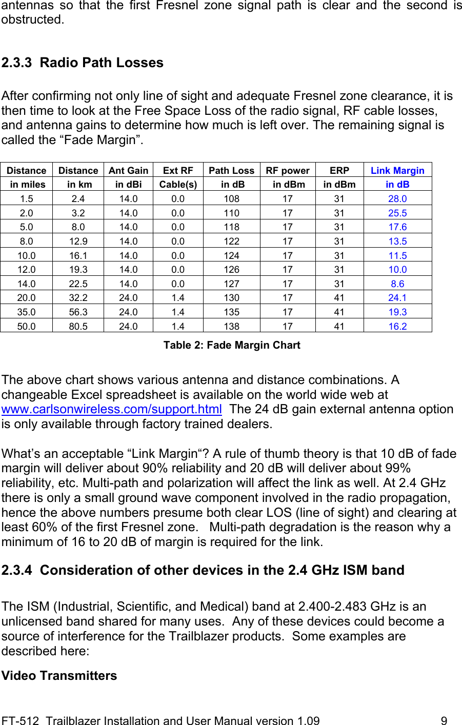 FT-512  Trailblazer Installation and User Manual version 1.09                                     9 antennas so that the first Fresnel zone signal path is clear and the second is obstructed.  2.3.3  Radio Path Losses  After confirming not only line of sight and adequate Fresnel zone clearance, it is then time to look at the Free Space Loss of the radio signal, RF cable losses, and antenna gains to determine how much is left over. The remaining signal is called the “Fade Margin”.   Distance  Distance  Ant Gain  Ext RF   Path Loss RF power  ERP  Link Margin  in miles   in km  in dBi  Cable(s)   in dB   in dBm  in dBm  in dB 1.5 2.4 14.0 0.0 108  17  31  28.0 2.0 3.2 14.0 0.0 110  17  31  25.5 5.0 8.0 14.0 0.0 118  17  31  17.6 8.0 12.9 14.0 0.0  122  17  31  13.5 10.0 16.1 14.0 0.0  124  17  31  11.5 12.0 19.3 14.0 0.0  126  17  31  10.0 14.0 22.5 14.0 0.0  127  17  31  8.6 20.0 32.2 24.0 1.4  130  17  41  24.1 35.0 56.3 24.0 1.4  135  17  41  19.3 50.0 80.5 24.0 1.4  138  17  41  16.2 Table 2: Fade Margin Chart  The above chart shows various antenna and distance combinations. A changeable Excel spreadsheet is available on the world wide web at www.carlsonwireless.com/support.html  The 24 dB gain external antenna option is only available through factory trained dealers.   What’s an acceptable “Link Margin“? A rule of thumb theory is that 10 dB of fade margin will deliver about 90% reliability and 20 dB will deliver about 99% reliability, etc. Multi-path and polarization will affect the link as well. At 2.4 GHz there is only a small ground wave component involved in the radio propagation, hence the above numbers presume both clear LOS (line of sight) and clearing at least 60% of the first Fresnel zone.   Multi-path degradation is the reason why a minimum of 16 to 20 dB of margin is required for the link.   2.3.4  Consideration of other devices in the 2.4 GHz ISM band  The ISM (Industrial, Scientific, and Medical) band at 2.400-2.483 GHz is an unlicensed band shared for many uses.  Any of these devices could become a source of interference for the Trailblazer products.  Some examples are described here:   Video Transmitters 