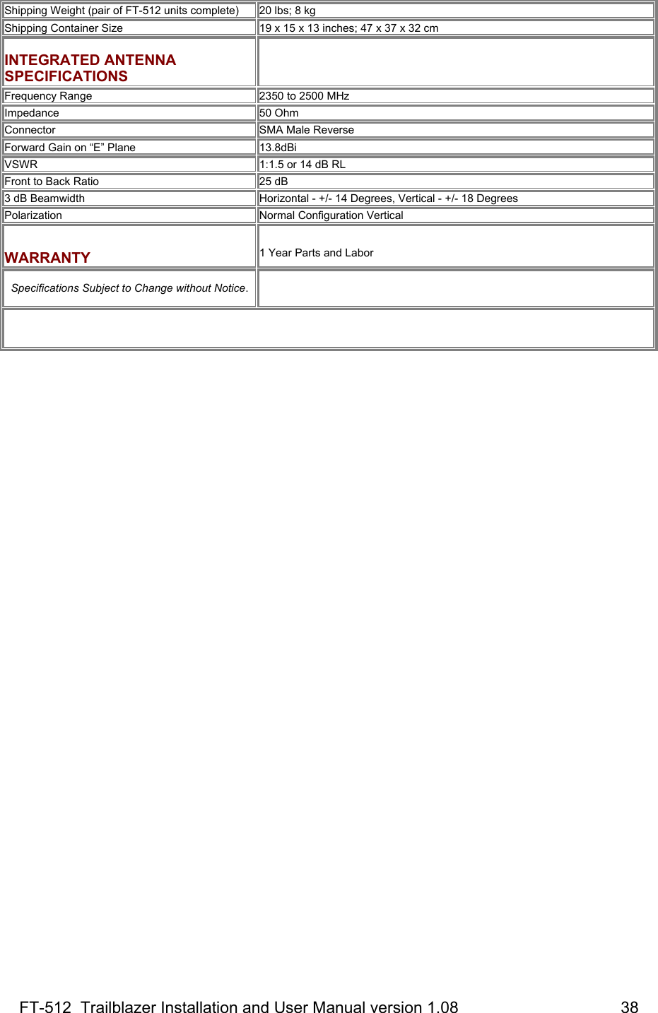 FT-512  Trailblazer Installation and User Manual version 1.08                                    38 Shipping Weight (pair of FT-512 units complete) 20 lbs; 8 kg Shipping Container Size 19 x 15 x 13 inches; 47 x 37 x 32 cm  INTEGRATED ANTENNA SPECIFICATIONS   Frequency Range 2350 to 2500 MHz Impedance  50 Ohm Connector SMA Male Reverse Forward Gain on “E” Plane  13.8dBi VSWR 1:1.5 or 14 dB RL Front to Back Ratio 25 dB 3 dB Beamwidth Horizontal - +/- 14 Degrees, Vertical - +/- 18 Degrees  Polarization Normal Configuration Vertical  WARRANTY  1 Year Parts and Labor  Specifications Subject to Change without Notice.    