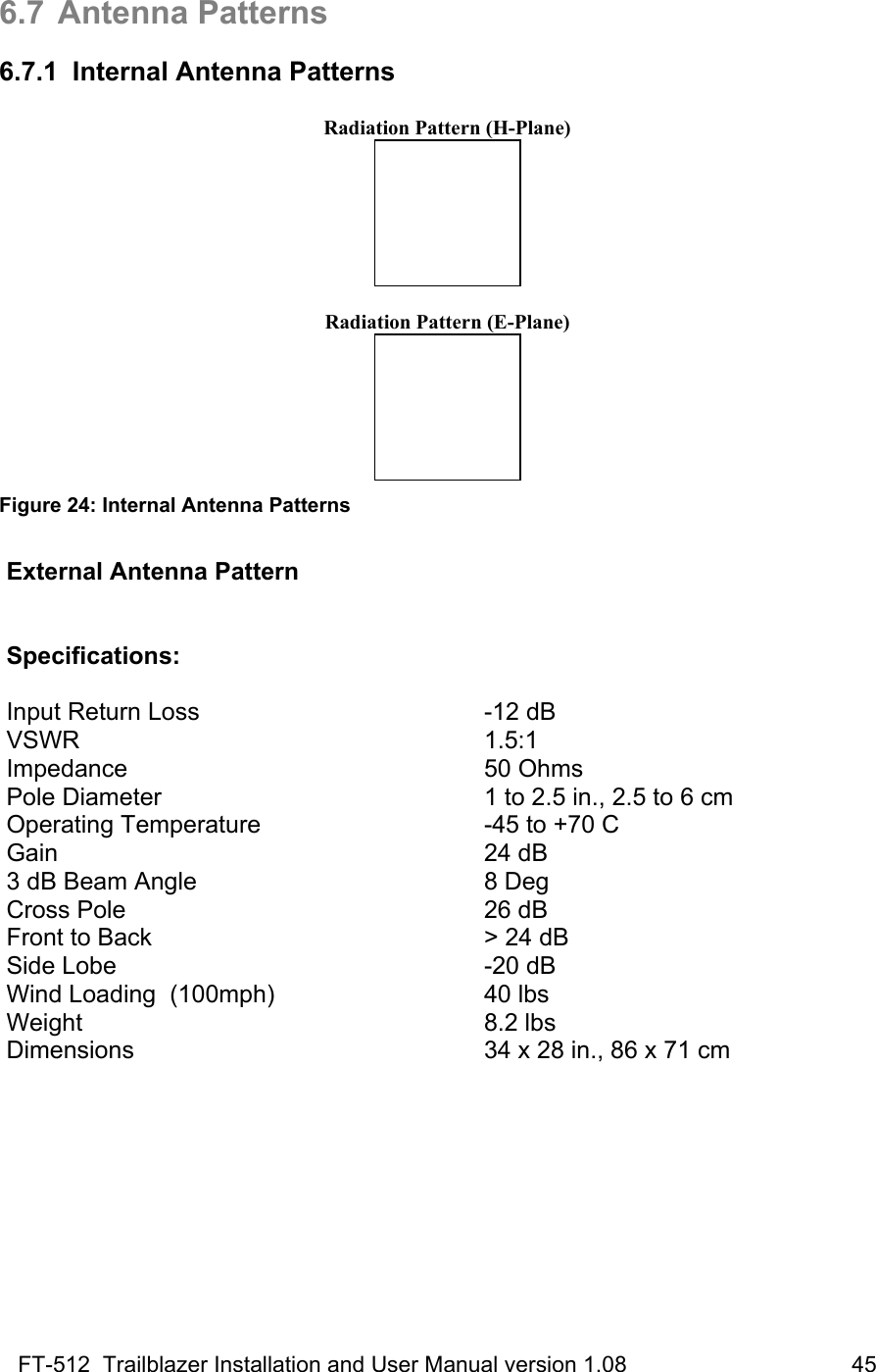 FT-512  Trailblazer Installation and User Manual version 1.08                                    45  6.7 Antenna Patterns 6.7.1  Internal Antenna Patterns  Radiation Pattern (H-Plane)   Radiation Pattern (E-Plane)  Figure 24: Internal Antenna Patterns  External Antenna Pattern   Specifications:  Input Return Loss VSWR Impedance Pole Diameter Operating Temperature Gain 3 dB Beam Angle Cross Pole Front to Back Side Lobe Wind Loading  (100mph) Weight Dimensions -12 dB 1.5:1 50 Ohms 1 to 2.5 in., 2.5 to 6 cm -45 to +70 C 24 dB 8 Deg 26 dB &gt; 24 dB -20 dB 40 lbs 8.2 lbs 34 x 28 in., 86 x 71 cm    