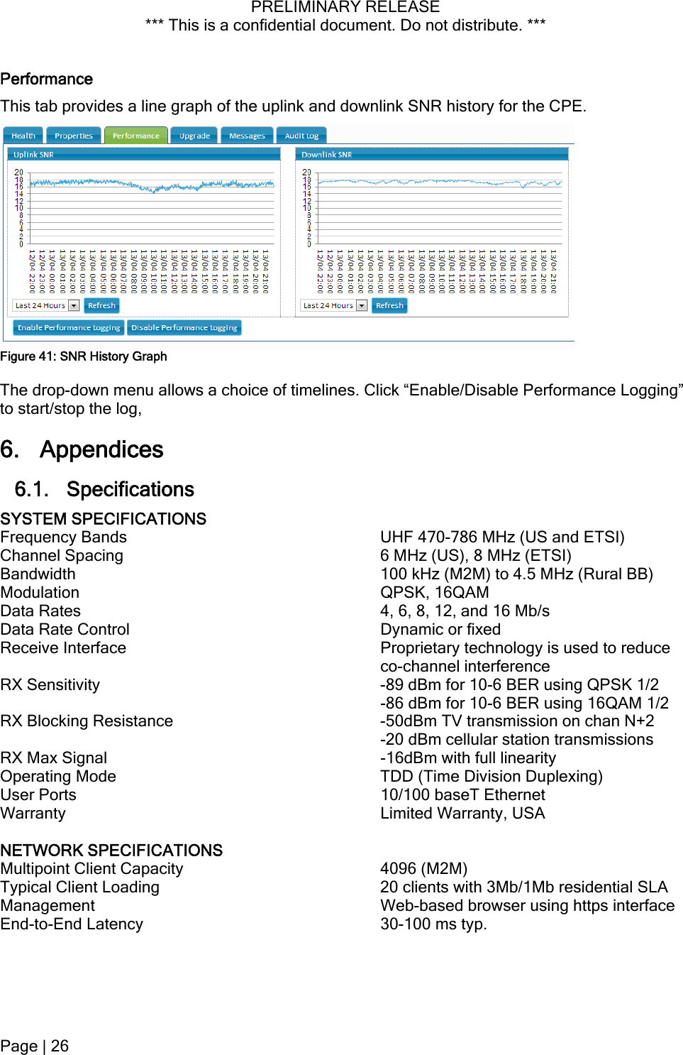 PRELIMINARY RELEASE *** This is a confidential document. Do not distribute. ***  Performance This tab provides a line graph of the uplink and downlink SNR history for the CPE.  Figure 41: SNR History Graph The drop-down menu allows a choice of timelines. Click “Enable/Disable Performance Logging” to start/stop the log,  6. Appendices 6.1. Specifications SYSTEM SPECIFICATIONS   Frequency Bands  UHF 470-786 MHz (US and ETSI) Channel Spacing  6 MHz (US), 8 MHz (ETSI) Bandwidth  100 kHz (M2M) to 4.5 MHz (Rural BB) Modulation QPSK, 16QAM Data Rates  4, 6, 8, 12, and 16 Mb/s Data Rate Control  Dynamic or fixed Receive Interface  Proprietary technology is used to reduce co-channel interference RX Sensitivity  -89 dBm for 10-6 BER using QPSK 1/2 -86 dBm for 10-6 BER using 16QAM 1/2 RX Blocking Resistance  -50dBm TV transmission on chan N+2 -20 dBm cellular station transmissions RX Max Signal  -16dBm with full linearity Operating Mode  TDD (Time Division Duplexing) User Ports  10/100 baseT Ethernet Warranty  Limited Warranty, USA  NETWORK SPECIFICATIONS   Multipoint Client Capacity   4096 (M2M) Typical Client Loading   20 clients with 3Mb/1Mb residential SLA Management   Web-based browser using https interface End-to-End Latency   30-100 ms typ.    Page | 26  