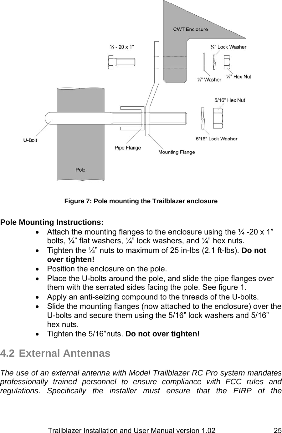                         Trailblazer Installation and User Manual version 1.02                                 25 Figure 7: Pole mounting the Trailblazer enclosure  Pole Mounting Instructions:  •  Attach the mounting flanges to the enclosure using the ¼ -20 x 1” bolts, ¼” flat washers, ¼” lock washers, and ¼” hex nuts.  •  Tighten the ¼” nuts to maximum of 25 in-lbs (2.1 ft-lbs). Do not over tighten! •  Position the enclosure on the pole. •  Place the U-bolts around the pole, and slide the pipe flanges over them with the serrated sides facing the pole. See figure 1. •  Apply an anti-seizing compound to the threads of the U-bolts. •  Slide the mounting flanges (now attached to the enclosure) over the U-bolts and secure them using the 5/16” lock washers and 5/16” hex nuts. •  Tighten the 5/16”nuts. Do not over tighten!  4.2 External Antennas  The use of an external antenna with Model Trailblazer RC Pro system mandates professionally trained personnel to ensure compliance with FCC rules and regulations. Specifically the installer must ensure that the EIRP of the 