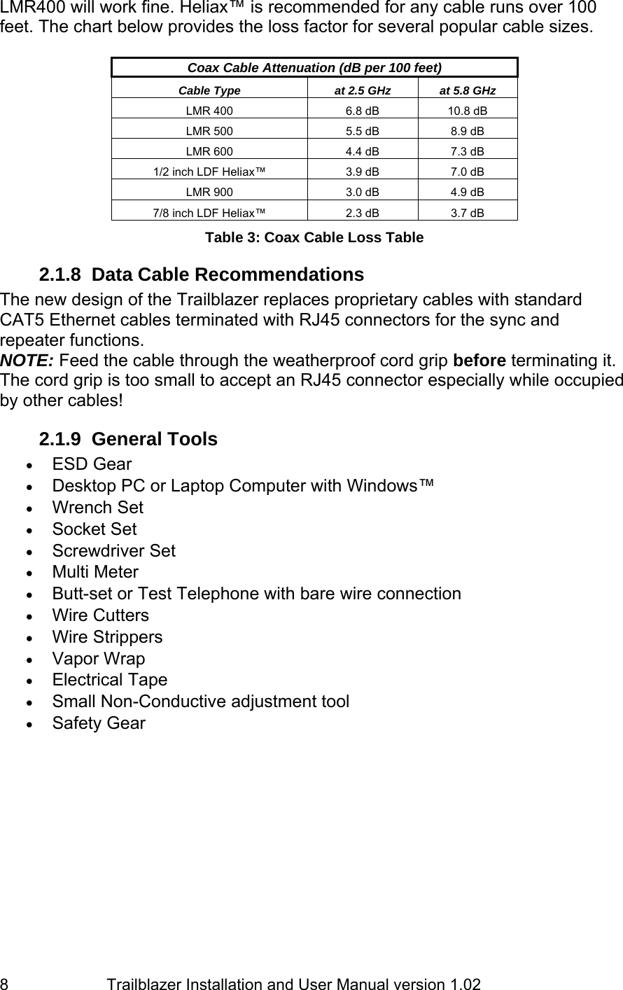                         Trailblazer Installation and User Manual version 1.02                                 8 LMR400 will work fine. Heliax™ is recommended for any cable runs over 100 feet. The chart below provides the loss factor for several popular cable sizes.  Coax Cable Attenuation (dB per 100 feet) Cable Type  at 2.5 GHz  at 5.8 GHz LMR 400  6.8 dB  10.8 dB LMR 500  5.5 dB  8.9 dB LMR 600  4.4 dB  7.3 dB 1/2 inch LDF Heliax™  3.9 dB  7.0 dB LMR 900  3.0 dB  4.9 dB 7/8 inch LDF Heliax™  2.3 dB  3.7 dB Table 3: Coax Cable Loss Table 2.1.8 Data Cable Recommendations The new design of the Trailblazer replaces proprietary cables with standard CAT5 Ethernet cables terminated with RJ45 connectors for the sync and repeater functions.  NOTE: Feed the cable through the weatherproof cord grip before terminating it. The cord grip is too small to accept an RJ45 connector especially while occupied by other cables!  2.1.9 General Tools • ESD Gear • Desktop PC or Laptop Computer with Windows™ • Wrench Set • Socket Set • Screwdriver Set • Multi Meter • Butt-set or Test Telephone with bare wire connection  • Wire Cutters • Wire Strippers • Vapor Wrap • Electrical Tape • Small Non-Conductive adjustment tool • Safety Gear  