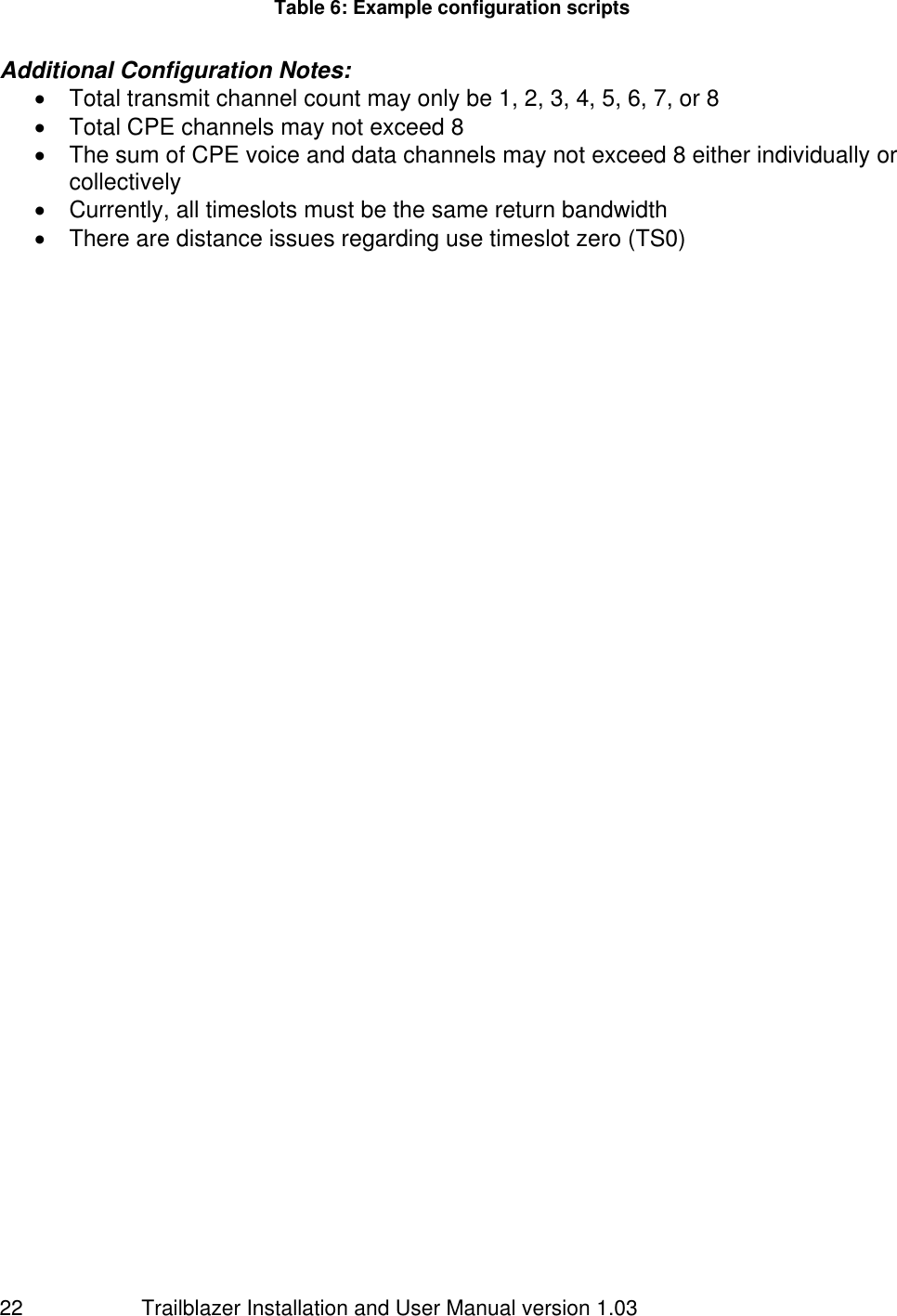                         Trailblazer Installation and User Manual version 1.03                                 22 Table 6: Example configuration scripts  Additional Configuration Notes:   Total transmit channel count may only be 1, 2, 3, 4, 5, 6, 7, or 8   Total CPE channels may not exceed 8   The sum of CPE voice and data channels may not exceed 8 either individually or collectively   Currently, all timeslots must be the same return bandwidth   There are distance issues regarding use timeslot zero (TS0)  