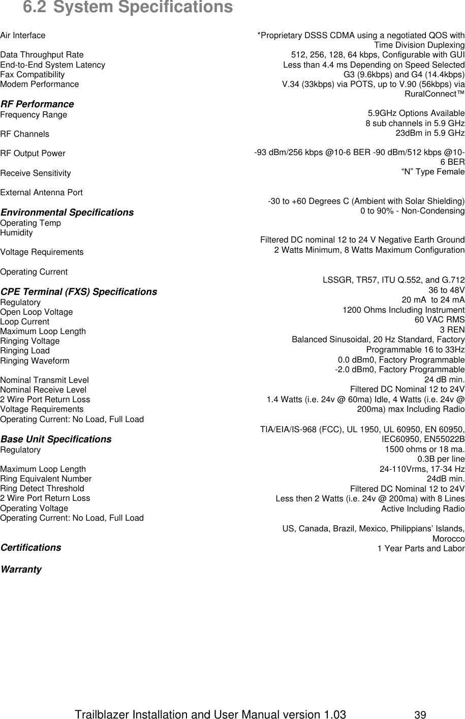                 Trailblazer Installation and User Manual version 1.03                     39 6.2 System Specifications  Air Interface  Data Throughput Rate End-to-End System Latency Fax Compatibility Modem Performance  RF Performance Frequency Range   RF Channels  RF Output Power   Receive Sensitivity  External Antenna Port  Environmental Specifications Operating Temp Humidity  Voltage Requirements   Operating Current  CPE Terminal (FXS) Specifications Regulatory Open Loop Voltage Loop Current Maximum Loop Length Ringing Voltage Ringing Load Ringing Waveform  Nominal Transmit Level Nominal Receive Level 2 Wire Port Return Loss Voltage Requirements Operating Current: No Load, Full Load  Base Unit Specifications Regulatory   Maximum Loop Length Ring Equivalent Number Ring Detect Threshold 2 Wire Port Return Loss Operating Voltage Operating Current: No Load, Full Load   Certifications  Warranty *Proprietary DSSS CDMA using a negotiated QOS with Time Division Duplexing  512, 256, 128, 64 kbps, Configurable with GUI Less than 4.4 ms Depending on Speed Selected G3 (9.6kbps) and G4 (14.4kbps) V.34 (33kbps) via POTS, up to V.90 (56kbps) via RuralConnect™  5.9GHz Options Available  8 sub channels in 5.9 GHz 23dBm in 5.9 GHz   -93 dBm/256 kbps @10-6 BER -90 dBm/512 kbps @10-6 BER  “N” Type Female   -30 to +60 Degrees C (Ambient with Solar Shielding) 0 to 90% - Non-Condensing   Filtered DC nominal 12 to 24 V Negative Earth Ground 2 Watts Minimum, 8 Watts Maximum Configuration   LSSGR, TR57, ITU Q.552, and G.712  36 to 48V 20 mA  to 24 mA  1200 Ohms Including Instrument 60 VAC RMS  3 REN Balanced Sinusoidal, 20 Hz Standard, Factory Programmable 16 to 33Hz  0.0 dBm0, Factory Programmable  -2.0 dBm0, Factory Programmable 24 dB min. Filtered DC Nominal 12 to 24V 1.4 Watts (i.e. 24v @ 60ma) Idle, 4 Watts (i.e. 24v @ 200ma) max Including Radio  TIA/EIA/IS-968 (FCC), UL 1950, UL 60950, EN 60950, IEC60950, EN55022B 1500 ohms or 18 ma. 0.3B per line  24-110Vrms, 17-34 Hz 24dB min. Filtered DC Nominal 12 to 24V Less then 2 Watts (i.e. 24v @ 200ma) with 8 Lines Active Including Radio  US, Canada, Brazil, Mexico, Philippians’ Islands, Morocco 1 Year Parts and Labor  