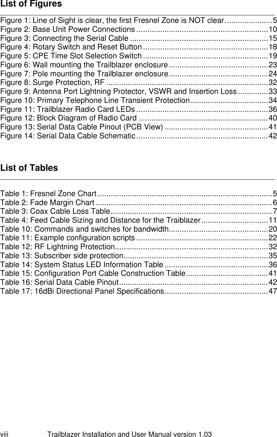                         Trailblazer Installation and User Manual version 1.03                                 viii List of Figures _____________________________________________________________________________ Figure 1: Line of Sight is clear, the first Fresnel Zone is NOT clear. ..................... 5 Figure 2: Base Unit Power Connections ............................................................. 10 Figure 3: Connecting the Serial Cable ................................................................ 15 Figure 4: Rotary Switch and Reset Button .......................................................... 18 Figure 5: CPE Time Slot Selection Switch .......................................................... 19 Figure 6: Wall mounting the Trailblazer enclosure .............................................. 23 Figure 7: Pole mounting the Trailblazer enclosure .............................................. 24 Figure 8: Surge Protection, RF ........................................................................... 32 Figure 9: Antenna Port Lightning Protector, VSWR and Insertion Loss .............. 33 Figure 10: Primary Telephone Line Transient Protection .................................... 34 Figure 11: Trailblazer Radio Card LEDs ............................................................. 36 Figure 12: Block Diagram of Radio Card ............................................................ 40 Figure 13: Serial Data Cable Pinout (PCB View) ................................................ 41 Figure 14: Serial Data Cable Schematic ............................................................. 42    List of Tables _____________________________________________________________________________  Table 1: Fresnel Zone Chart ................................................................................. 5 Table 2: Fade Margin Chart .................................................................................. 6 Table 3: Coax Cable Loss Table ........................................................................... 7 Table 4: Feed Cable Sizing and Distance for the Traiblazer ............................... 11 Table 10: Commands and switches for bandwidth.............................................. 20 Table 11: Example configuration scripts ............................................................. 22 Table 12: RF Lightning Protection ....................................................................... 32 Table 13: Subscriber side protection ................................................................... 35 Table 14: System Status LED Information Table ................................................ 36 Table 15: Configuration Port Cable Construction Table ...................................... 41 Table 16: Serial Data Cable Pinout ..................................................................... 42 Table 17: 16dBi Directional Panel Specifications ................................................ 47        