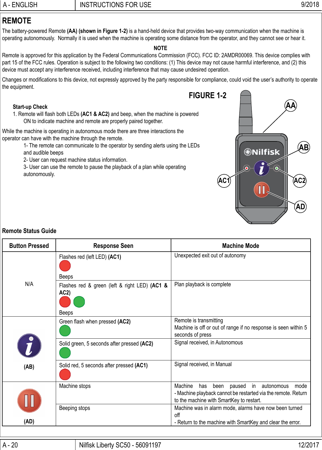 A - 20 Nilﬁ sk Liberty SC50 - 56091197 12/2017INSTRUCTIONS FOR USEA - ENGLISH 9/2018REMOTEThe battery-powered Remote (AA) (shown in Figure 1-2) is a hand-held device that provides two-way communication when the machine is operating autonomously.  Normally it is used when the machine is operating some distance from the operator, and they cannot see or hear it.NOTERemote is approved for this application by the Federal Communications Commission (FCC). FCC ID: 2AMDR00069. This device complies with part 15 of the FCC rules. Operation is subject to the following two conditions: (1) This device may not cause harmful interference, and (2) this device must accept any interference received, including interference that may cause undesired operation.Changes or modiﬁ cations to this device, not expressly approved by the party responsible for compliance, could void the user’s authority to operate the equipment.ADABAC2AC1AAStart-up Check1. Remote will ﬂ ash both LEDs (AC1 &amp; AC2) and beep, when the machine is poweredON to indicate machine and remote are properly paired together.While the machine is operating in autonomous mode there are three interactions the operator can have with the machine through the remote.  1- The remote can communicate to the operator by sending alerts using the LEDsand audible beeps2- User can request machine status information.3- User can use the remote to pause the playback of a plan while operatingautonomously.Remote Status GuideButton Pressed Response Seen Machine ModeN/AFlashes red (left LED) (AC1)BeepsUnexpected exit out of autonomyFlashes red &amp; green (left &amp; right LED) (AC1 &amp; AC2))BeepsPlan playback is complete(AB)Green ﬂ ash when pressed (AC2) Remote is transmittingMachine is off or out of range if no response is seen within 5 seconds of pressSolid green, 5 seconds after pressed (AC2) Signal received, in AutonomousSolid red, 5 seconds after pressed (AC1) Signal received, in Manual(AD)Machine stops Machine has been paused in autonomous mode- Machine playback cannot be restarted via the remote. Return to the machine with SmartKey to restart.Beeping stops Machine was in alarm mode, alarms have now been turned off- Return to the machine with SmartKey and clear the error.FIGURE 1-2