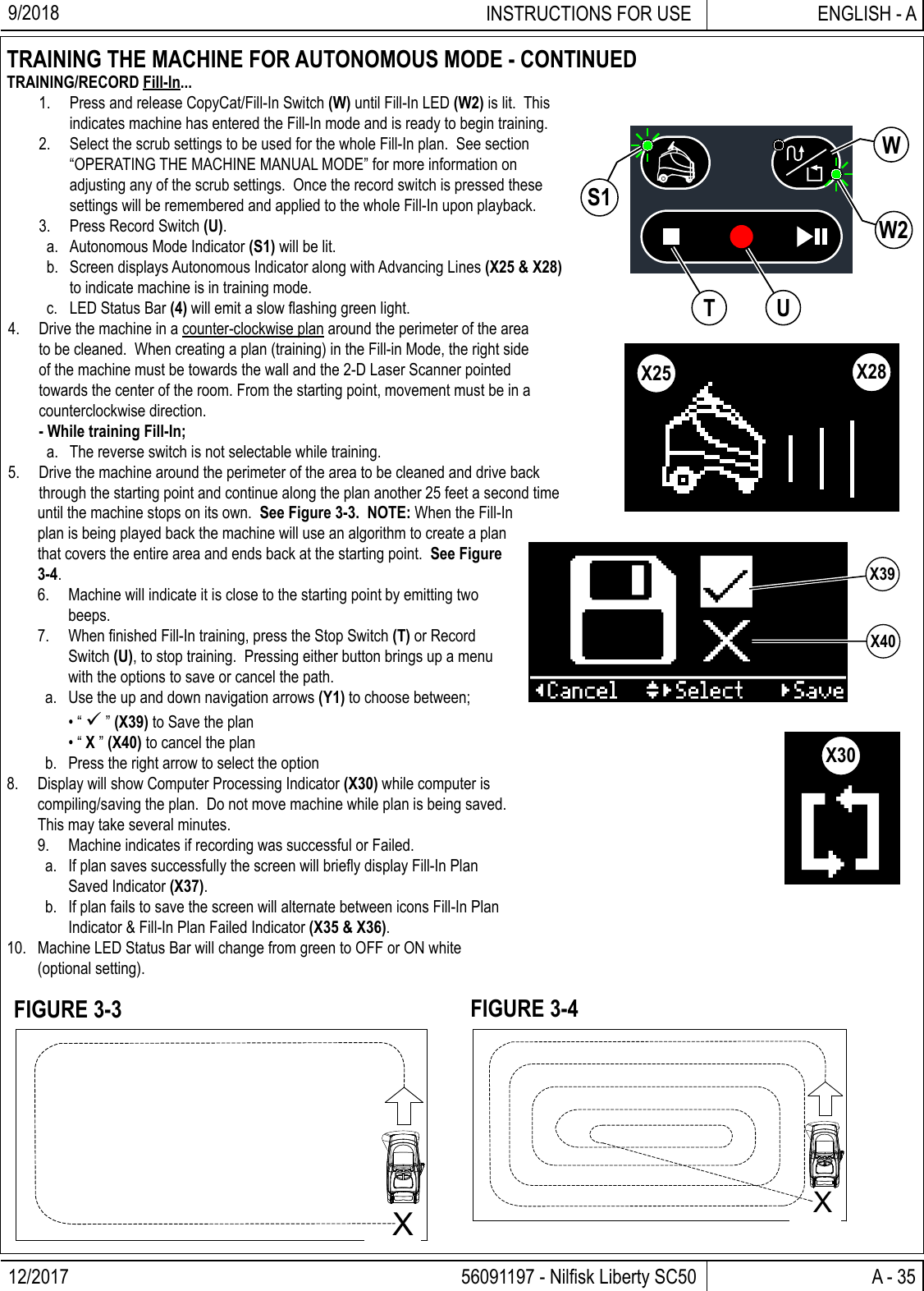 12/2017 A - 35 56091197 - Nilﬁ sk Liberty SC50ENGLISH - AINSTRUCTIONS FOR USE9/20181.  Press and release CopyCat/Fill-In Switch (W) until Fill-In LED (W2) is lit.  This indicates machine has entered the Fill-In mode and is ready to begin training.2.  Select the scrub settings to be used for the whole Fill-In plan.  See section “OPERATING THE MACHINE MANUAL MODE” for more information on adjusting any of the scrub settings.  Once the record switch is pressed these settings will be remembered and applied to the whole Fill-In upon playback.3.  Press Record Switch (U).a.  Autonomous Mode Indicator (S1) will be lit.b.  Screen displays Autonomous Indicator along with Advancing Lines (X25 &amp; X28) to indicate machine is in training mode.c.  LED Status Bar (4) will emit a slow ﬂ ashing green light.4.  Drive the machine in a counter-clockwise plan around the perimeter of the area to be cleaned.  When creating a plan (training) in the Fill-in Mode, the right side of the machine must be towards the wall and the 2-D Laser Scanner pointed towards the center of the room. From the starting point, movement must be in a counterclockwise direction.  - While training Fill-In;a.  The reverse switch is not selectable while training.5.  Drive the machine around the perimeter of the area to be cleaned and drive back through the starting point and continue along the plan another 25 feet a second time TRAINING THE MACHINE FOR AUTONOMOUS MODE - CONTINUEDTRAINING/RECORD Fill-In...WW2UTS1Xuntil the machine stops on its own.  See Figure 3-3.  NOTE: When the Fill-In plan is being played back the machine will use an algorithm to create a plan that covers the entire area and ends back at the starting point.  See Figure 3-4.6.  Machine will indicate it is close to the starting point by emitting two beeps.7. When ﬁ nished Fill-In training, press the Stop Switch (T) or Record Switch (U), to stop training.  Pressing either button brings up a menu with the options to save or cancel the path.a.  Use the up and down navigation arrows (Y1) to choose between; • “  ” (X39) to Save the plan • “ X ” (X40) to cancel the planb.  Press the right arrow to select the option8.  Display will show Computer Processing Indicator (X30) while computer is compiling/saving the plan.  Do not move machine while plan is being saved.  This may take several minutes.9.  Machine indicates if recording was successful or Failed.a.  If plan saves successfully the screen will brieﬂ y display Fill-In Plan Saved Indicator (X37).b.  If plan fails to save the screen will alternate between icons Fill-In Plan Indicator &amp; Fill-In Plan Failed Indicator (X35 &amp; X36).10.  Machine LED Status Bar will change from green to OFF or ON white (optional setting).XFIGURE 3-4FIGURE 3-3X25 X28X39X40X30