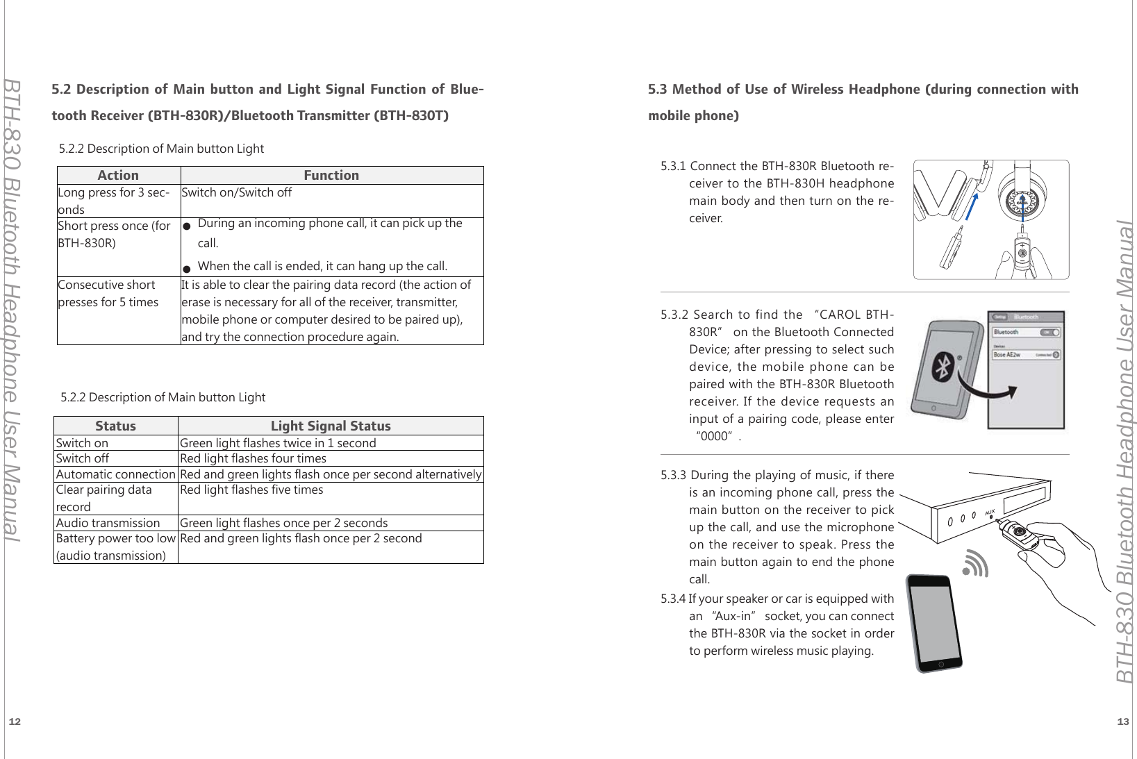 12 13BTH-830 Bluetooth Headphone User ManualBTH-830 Bluetooth Headphone User Manual5.3 Method of Use of Wireless Headphone (during connection with mobile phone)Action FunctionLong press for 3 sec-ondsSwitch on/Switch offShort press once (for BTH-830R)● During an incoming phone call, it can pick up the call.● When the call is ended, it can hang up the call.Consecutive short presses for 5 timesIt is able to clear the pairing data record (the action of erase is necessary for all of the receiver, transmitter, mobile phone or computer desired to be paired up), and try the connection procedure again.5.2.2 Description of Main button LightStatus Light Signal StatusSwitch on Green light flashes twice in 1 secondSwitch off Red light flashes four timesAutomatic connection Red and green lights flash once per second alternativelyClear pairing data recordRed light flashes five timesAudio transmission Green light flashes once per 2 secondsBattery power too low (audio transmission)Red and green lights flash once per 2 second5.2 Description of Main button and Light Signal Function of Blue-tooth Receiver (BTH-830R)/Bluetooth Transmitter (BTH-830T)5.2.2 Description of Main button Light5.3.1 Connect the BTH-830R Bluetooth re-ceiver to the BTH-830H headphone main body and then turn on the re-ceiver.5.3.2 Search to find the &ldquo;CAROL BTH-830R&rdquo; on the Bluetooth Connected Device; after pressing to select such device, the mobile phone can be paired with the BTH-830R Bluetooth receiver. If the device requests an input of a pairing code, please enter &ldquo;0000&rdquo;.5.3.3 During the playing of music, if there is an incoming phone call, press the main button on the receiver to pick up the call, and use the microphone on the receiver to speak. Press the main button again to end the phone call.5.3.4 If your speaker or car is equipped with an &ldquo;Aux-in&rdquo; socket, you can connect the BTH-830R via the socket in order to perform wireless music playing.