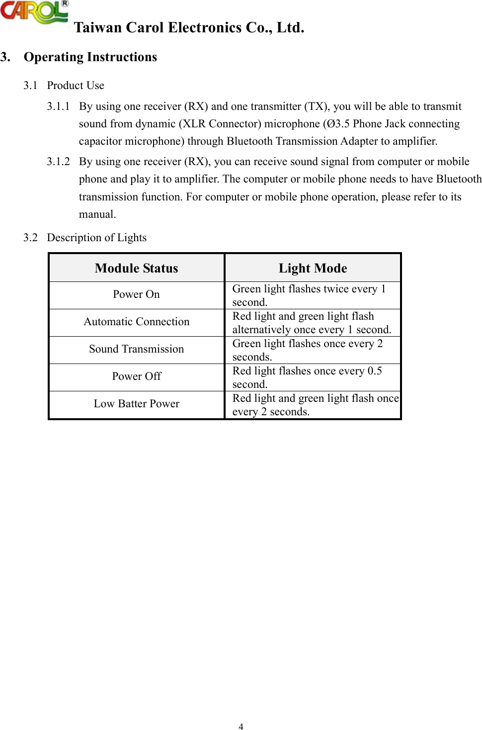  Taiwan Carol Electronics Co., Ltd. 4 3.  Operating Instructions 3.1  Product Use 3.1.1  By using one receiver (RX) and one transmitter (TX), you will be able to transmit sound from dynamic (XLR Connector) microphone (&Oslash;3.5 Phone Jack connecting capacitor microphone) through Bluetooth Transmission Adapter to amplifier. 3.1.2  By using one receiver (RX), you can receive sound signal from computer or mobile phone and play it to amplifier. The computer or mobile phone needs to have Bluetooth transmission function. For computer or mobile phone operation, please refer to its manual. 3.2  Description of Lights  Module Status  Light Mode Power On  Green light flashes twice every 1 second. Automatic Connection  Red light and green light flash alternatively once every 1 second. Sound Transmission  Green light flashes once every 2 seconds. Power Off  Red light flashes once every 0.5 second. Low Batter Power Red light and green light flash once every 2 seconds. 