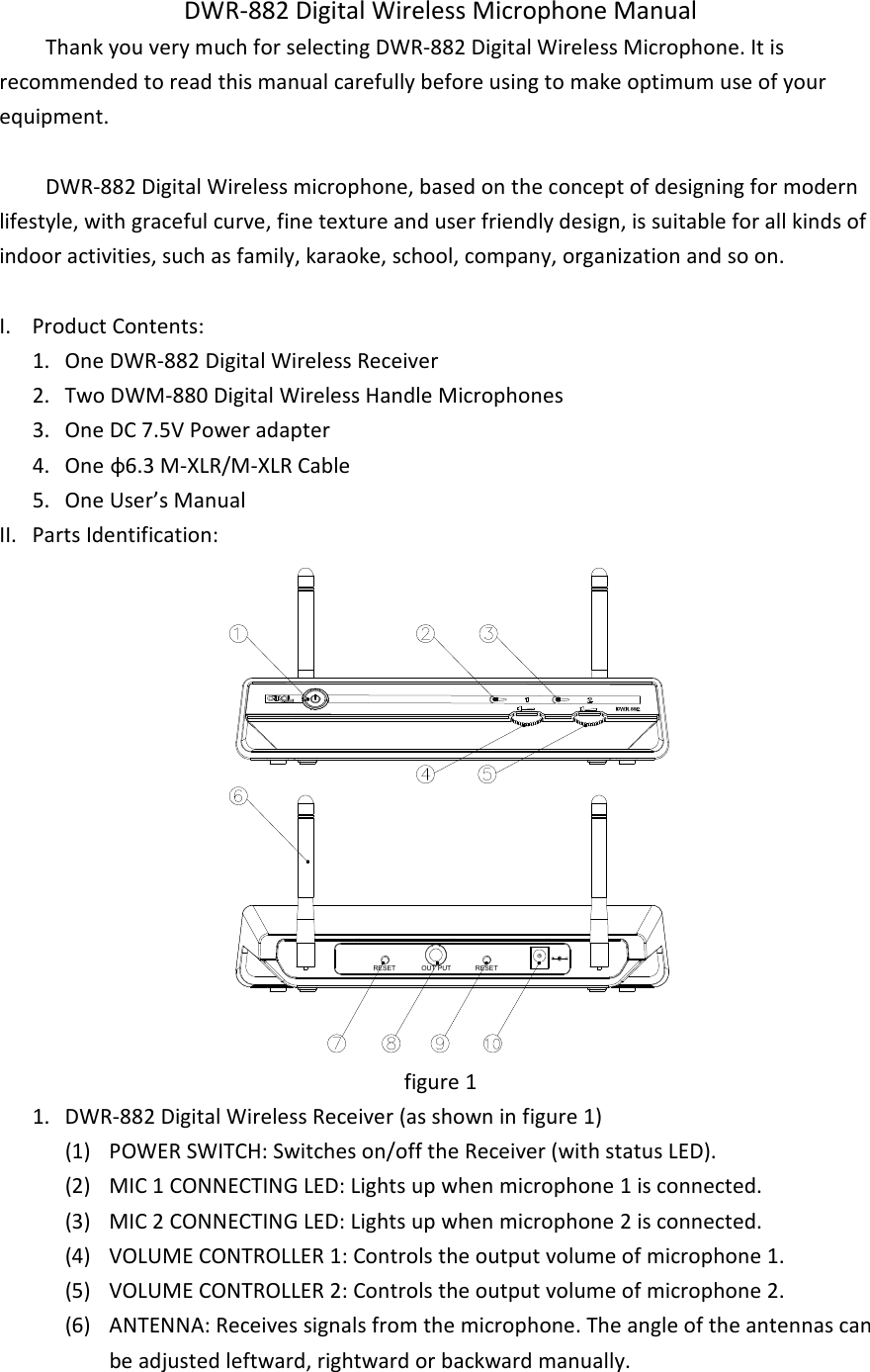 DWR-882 Digital Wireless Microphone Manual           Thank you very much for selecting DWR-882 Digital Wireless Microphone. It is recommended to read this manual carefully before using to make optimum use of your equipment.            DWR-882 Digital Wireless microphone, based on the concept of designing for modern lifestyle, with graceful curve, fine texture and user friendly design, is suitable for all kinds of indoor activities, such as family, karaoke, school, company, organization and so on.    I.  Product Contents: 1.  One DWR-882 Digital Wireless Receiver   2.  Two DWM-880 Digital Wireless Handle Microphones 3.  One DC 7.5V Power adapter 4.  One &phi;6.3 M-XLR/M-XLR Cable 5.  One User&rsquo;s Manual   II.  Parts Identification: OUT PUT RESETRESET figure 1 1.  DWR-882 Digital Wireless Receiver (as shown in figure 1) (1)  POWER SWITCH: Switches on/off the Receiver (with status LED). (2)  MIC 1 CONNECTING LED: Lights up when microphone 1 is connected. (3)  MIC 2 CONNECTING LED: Lights up when microphone 2 is connected. (4)  VOLUME CONTROLLER 1: Controls the output volume of microphone 1. (5)  VOLUME CONTROLLER 2: Controls the output volume of microphone 2. (6)  ANTENNA: Receives signals from the microphone. The angle of the antennas can be adjusted leftward, rightward or backward manually.   