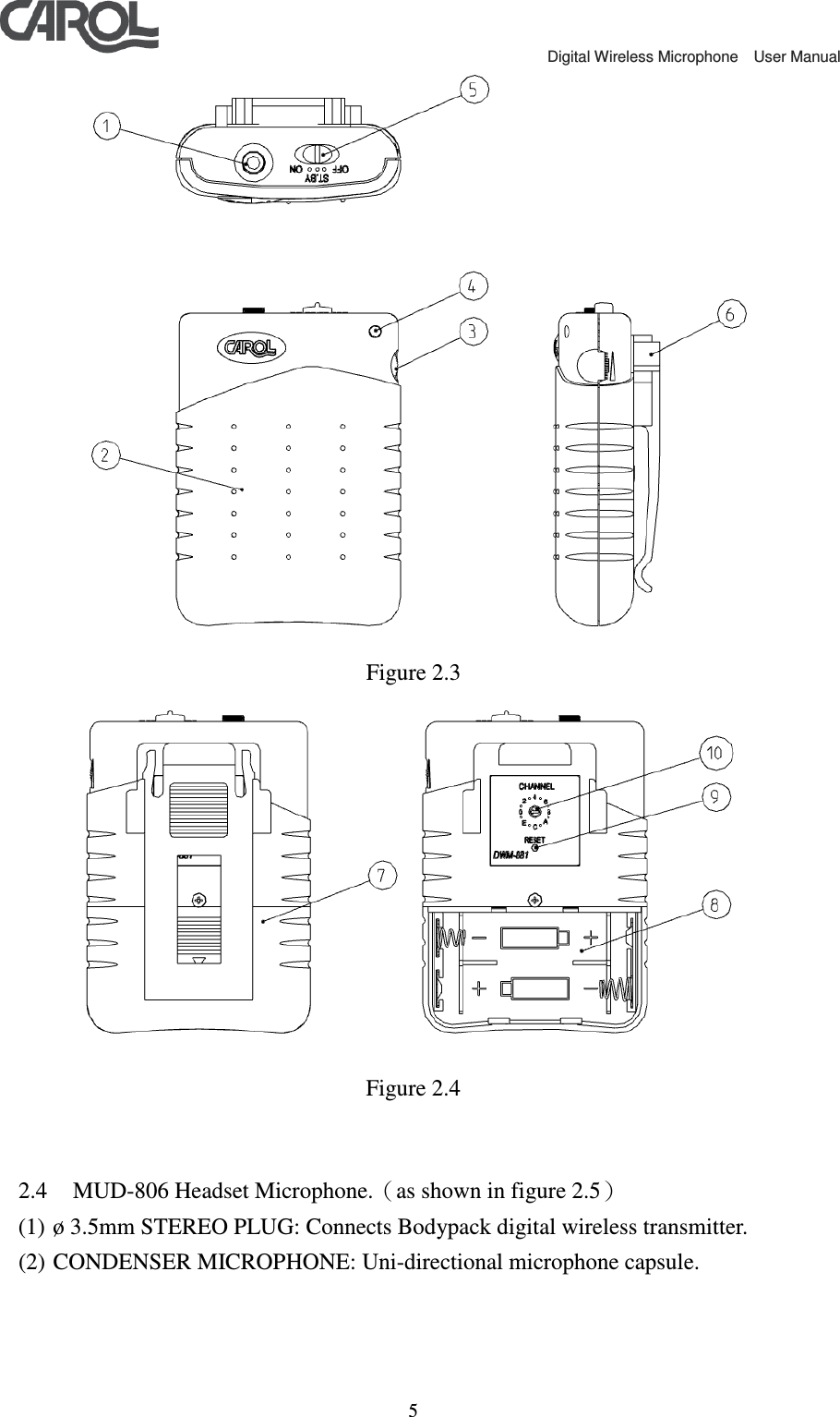                                            Digital Wireless Microphone    User Manual   5 Figure 2.3  Figure 2.4   2.4 MUD-806 Headset Microphone.（as shown in figure 2.5） (1) &oslash; 3.5mm STEREO PLUG: Connects Bodypack digital wireless transmitter. (2) CONDENSER MICROPHONE: Uni-directional microphone capsule. 