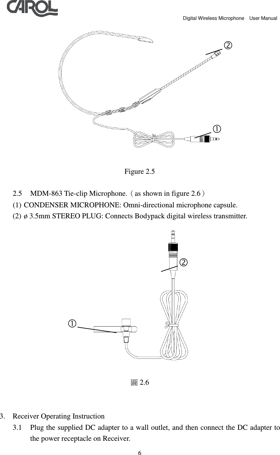                                             Digital Wireless Microphone    User Manual   6 Figure 2.5  2.5 MDM-863 Tie-clip Microphone.（as shown in figure 2.6） (1) CONDENSER MICROPHONE: Omni-directional microphone capsule. (2) &oslash; 3.5mm STEREO PLUG: Connects Bodypack digital wireless transmitter.  圖2.6   3. Receiver Operating Instruction 3.1 Plug the supplied DC adapter to a wall outlet, and then connect the DC adapter to the power receptacle on Receiver.     
