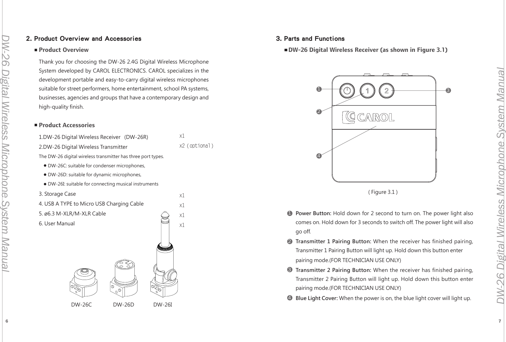 6 7DW-26 Digital Wireless Microphone System ManualDW-26 Digital Wireless Microphone System Manual Product OverviewThank you for choosing the DW-26 2.4G Digital Wireless Microphone System developed by CAROL ELECTRONICS. CAROL specializes in the development portable and easy-to-carry digital wireless microphones suitable for street performers, home entertainment, school PA systems, businesses, agencies and groups that have a contemporary design and high-quality finish.Product Accessories1.DW-26 Digital Wireless Receiver   (DW-26R)2.DW-26 Digital Wireless Transmitter              The DW-26 digital wireless transmitter has three port types.          DW-26C: suitable for condenser microphones,          DW-26D: suitable for dynamic microphones,         DW-26I: suitable for connecting musical instruments3. Storage Case4. USB A TYPE to Micro USB Charging Cable     5. &oslash;6.3 M-XLR/M-XLR Cable                6. User Manual  x1x2（optional）x1x1x1x1DW-26C DW-26D DW-26I11224433DW-26 Digital Wireless Receiver (as shown in Figure 3.1)Power Button: Hold down for 2 second to turn on. The power light also  comes on. Hold down for 3 seconds to switch off. The power light will also  go off.Transmitter 1 Pairing Button: When the receiver has finished pairing,     Transmitter 1 Pairing Button will light up. Hold down this button enter pairing mode.(FOR TECHNICIAN USE ONLY)Transmitter 2 Pairing Button: When the receiver has finished pairing,  Transmitter 2 Pairing Button will light up. Hold down this button enter  pairing mode.(FOR TECHNICIAN USE ONLY)Blue Light Cover: When the power is on, the blue light cover will light up.( Figure 3.1 )2. Product Overview and Accessories 3. Parts and Functions