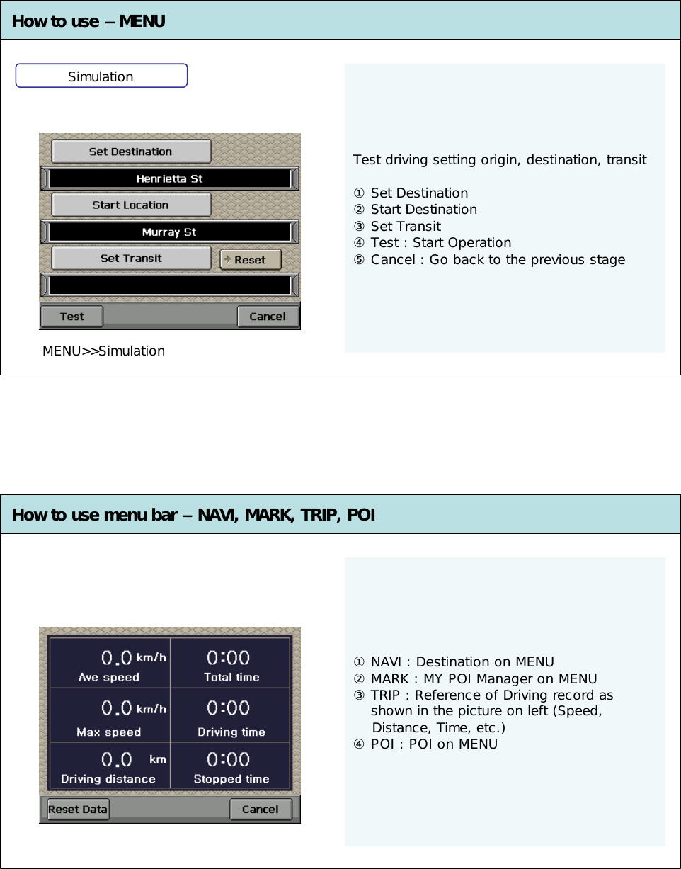 Test driving setting origin, destination, transit①Set Destination ②Start Destination③Set Transit④Test : Start Operation⑤Cancel : Go back to the previous stageHow to use –MENU How to use menu bar –NAVI, MARK, TRIP, POI①NAVI : Destination on MENU②MARK : MY POI Manager on MENU③TRIP : Reference of Driving record as shown in the picture on left (Speed, Distance, Time, etc.)④POI : POI on MENUSimulationMENU&gt;&gt;Simulation