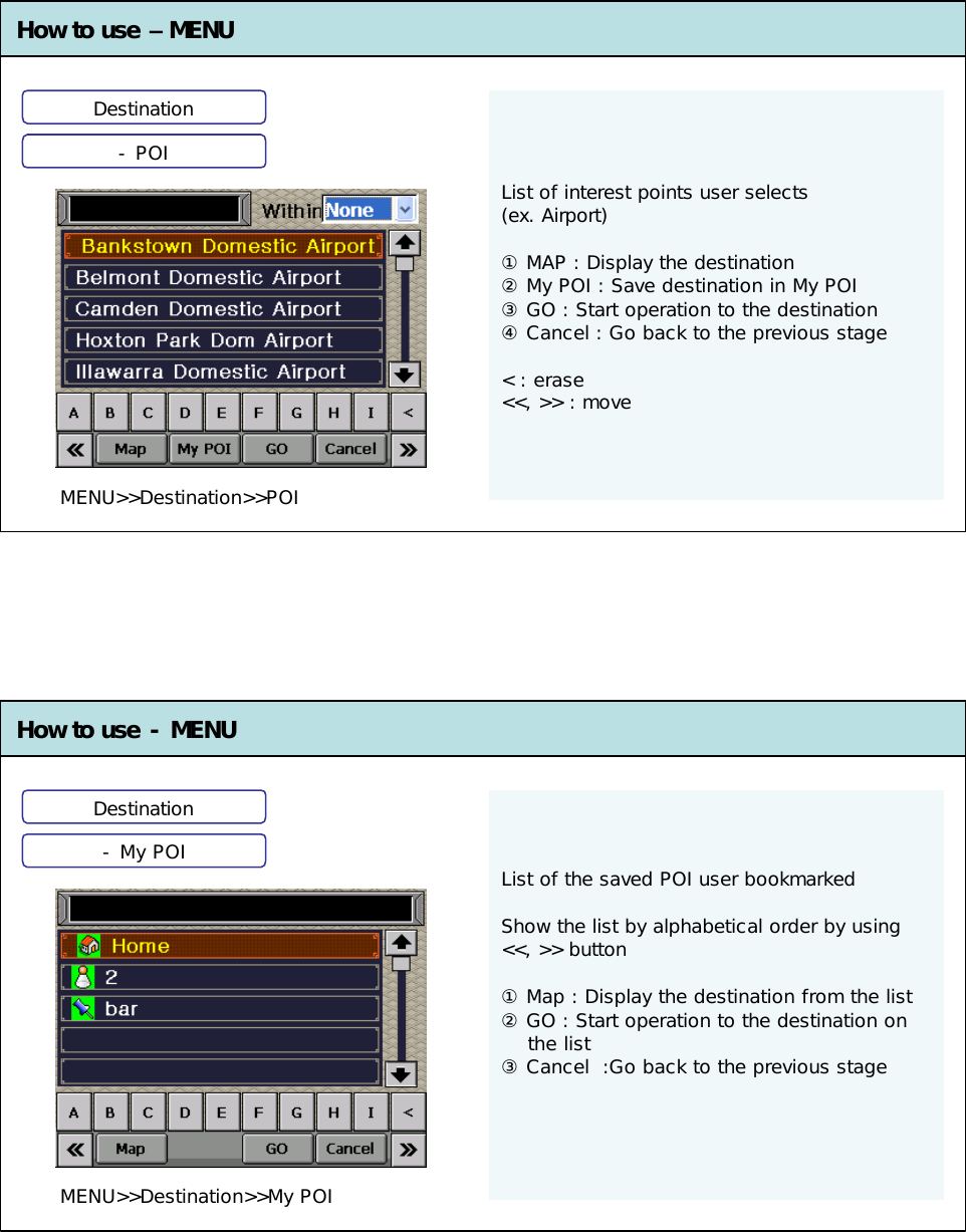 How to use –MENU How to use -MENUList of the saved POI user bookmarkedShow the list by alphabetical order by using &lt;&lt;, &gt;&gt; button①Map : Display the destination from the list②GO : Start operation to the destination on the list③Cancel  :Go back to the previous stageDestinationDestination-My POIMENU&gt;&gt;Destination&gt;&gt;My POI MENU&gt;&gt;Destination&gt;&gt;POIList of interest points user selects(ex. Airport)①MAP : Display the destination②My POI : Save destination in My POI③GO : Start operation to the destination④Cancel : Go back to the previous stage&lt; : erase&lt;&lt;, &gt;&gt; : move-POI