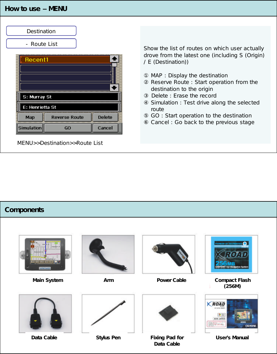 How to use –MENU ComponentsDestinationMENU&gt;&gt;Destination&gt;&gt;Route List Show the list of routes on which user actually drove from the latest one (including S (Origin) / E (Destination))①MAP : Display the destination②Reserve Route : Start operation from the destination to the origin③Delete : Erase the record④Simulation : Test drive along the selected route⑤GO : Start operation to the destination⑥Cancel : Go back to the previous stage-Route ListMain System Arm Power Cable Compact Flash (256M)Data Cable Stylus Pen Fixing Pad for Data Cable User’s Manual