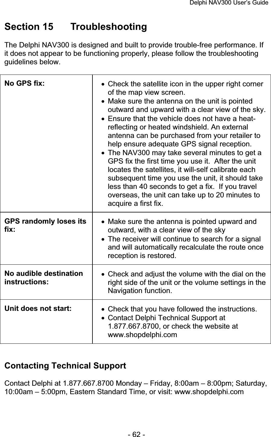 Delphi NAV300 User’s Guide   - 62 - Section 15  Troubleshooting The Delphi NAV300 is designed and built to provide trouble-free performance. If it does not appear to be functioning properly, please follow the troubleshooting guidelines below. No GPS fix:  x  Check the satellite icon in the upper right corner of the map view screen. x  Make sure the antenna on the unit is pointed outward and upward with a clear view of the sky. x  Ensure that the vehicle does not have a heat-reflecting or heated windshield. An external antenna can be purchased from your retailer to help ensure adequate GPS signal reception. x  The NAV300 may take several minutes to get a GPS fix the first time you use it.  After the unit locates the satellites, it will-self calibrate each subsequent time you use the unit, it should take less than 40 seconds to get a fix.  If you travel overseas, the unit can take up to 20 minutes to acquire a first fix. GPS randomly loses its fix:x  Make sure the antenna is pointed upward and outward, with a clear view of the sky x  The receiver will continue to search for a signal and will automatically recalculate the route once reception is restored. No audible destination instructions:x  Check and adjust the volume with the dial on the right side of the unit or the volume settings in the Navigation function. Unit does not start:  x  Check that you have followed the instructions. x  Contact Delphi Technical Support at 1.877.667.8700, or check the website at www.shopdelphi.com Contacting Technical Support Contact Delphi at 1.877.667.8700 Monday – Friday, 8:00am – 8:00pm; Saturday, 10:00am – 5:00pm, Eastern Standard Time, or visit: www.shopdelphi.com 