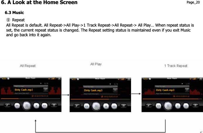 6. A Look at the Home Screen  Page_20 6.3 Music ྅ Repeat All Repeat is default. All Repeat-&gt;All Play-&gt;1 Track Repeat-&gt;All Repeat-&gt; All Play… When repeat status is   set, the current repeat status is changed. The Repeat setting status is maintained even if you exit Music   and go back into it again. 