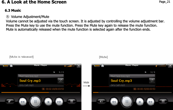 6. A Look at the Home Screen  Page_21 6.3 Music ྆GVolume Adjustment/MuteVolume cannot be adjusted via the touch screen. It is adjusted by controlling the volume adjustment bar. Press the Mute key to use the mute function. Press the Mute key again to release the mute function. Mute is automatically released when the mute function is selected again after the function ends. 