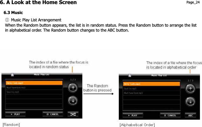 6. A Look at the Home Screen 6.3 Music Page_24 ྇G Music Play List ArrangementWhen the Random button appears, the list is in random status. Press the Random button to arrange the list   in alphabetical order. The Random button changes to the ABC button.   