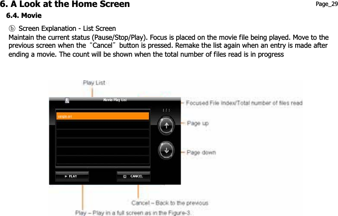 6. A Look at the Home Screen  Page_29 6.4. Movie གG Screen Explanation - List ScreenMaintain the current status (Pause/Stop/Play). Focus is placed on the movie file being played. Move to the   previous screen when the  ˈCancelˉ  button is pressed. Remake the list again when an entry is made after   ending a movie. The count will be shown when the total number of files read is in progress 