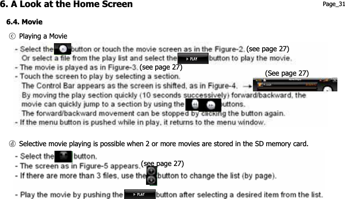 6. A Look at the Home Screen  Page_31 6.4. Movie གྷG Playing a Movie ངG Selective movie playing is possible when 2 or more movies are stored in the SD memory card. (see page 27) (see page 27)    (See page 27) (see page 27)   