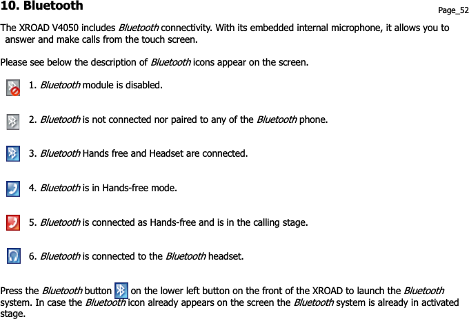 10. Bluetooth The XROAD V4050 includes Bluetoothconnectivity. With its embedded internal microphone, it allows you to answer and make calls from the touch screen.   Please see below the description of Bluetooth icons appear on the screen.       1. Bluetooth module is disabled.       2. Bluetooth is not connected nor paired to any of the Bluetooth phone. Page_52       3. Bluetooth Hands free and Headset are connected.              4. Bluetooth is in Hands-free mode.       5. Bluetooth is connected as Hands-free and is in the calling stage.       6. Bluetooth is connected to the Bluetooth headset. Press the Bluetooth button        on the lower left button on the front of the XROAD to launch the Bluetoothsystem. In case the Bluetooth icon already appears on the screen the Bluetooth system is already in activated stage.