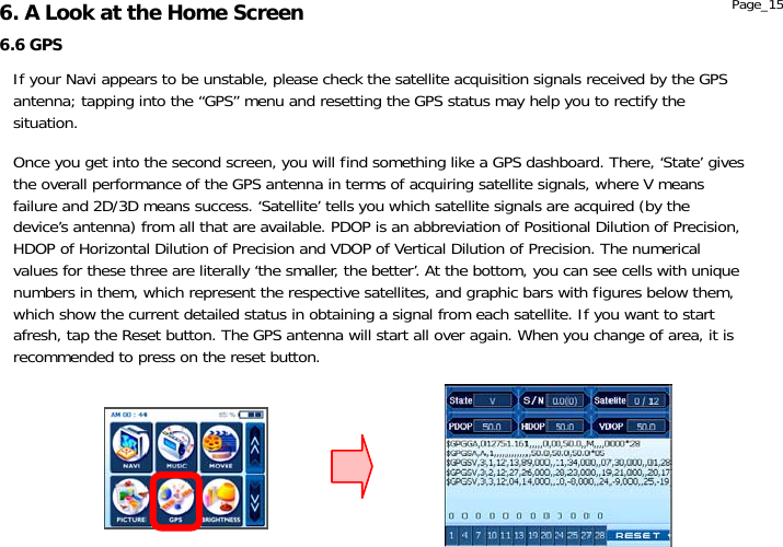                  6.6 GPS 6. A Look at the Home Screen  Page_15 If your Navi appears to be unstable, please check the satellite acquisition signals received by the GPS antenna; tapping into the “GPS” menu and resetting the GPS status may help you to rectify the situation.  Once you get into the second screen, you will find something like a GPS dashboard. There, ‘State’ gives the overall performance of the GPS antenna in terms of acquiring satellite signals, where V means failure and 2D/3D means success. ‘Satellite’ tells you which satellite signals are acquired (by the device’s antenna) from all that are available. PDOP is an abbreviation of Positional Dilution of Precision, HDOP of Horizontal Dilution of Precision and VDOP of Vertical Dilution of Precision. The numerical values for these three are literally ‘the smaller, the better’. At the bottom, you can see cells with unique numbers in them, which represent the respective satellites, and graphic bars with figures below them, which show the current detailed status in obtaining a signal from each satellite. If you want to start afresh, tap the Reset button. The GPS antenna will start all over again. When you change of area, it is recommended to press on the reset button. 