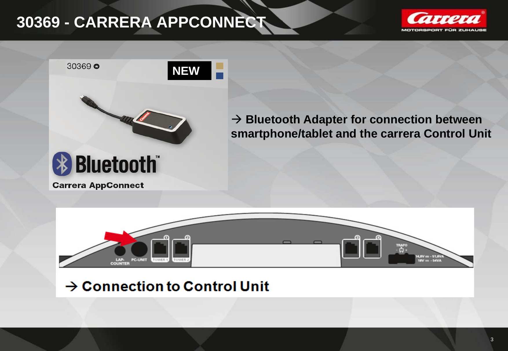 330369 - CARRERA APPCONNECTNEWBluetooth Adapter for connection betweensmartphone/tablet and the carrera Control Unit