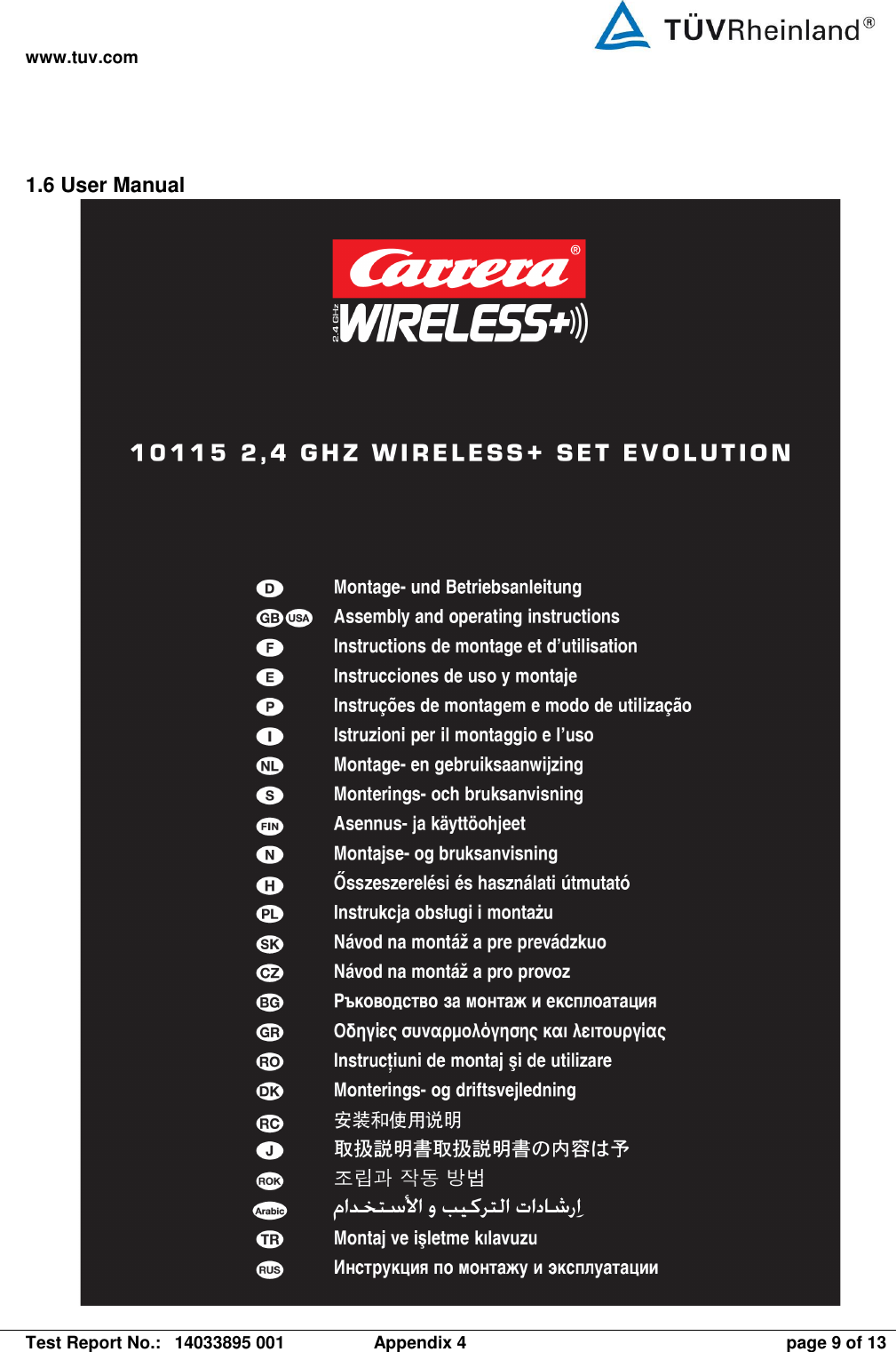 www.tuv.com   Test Report No.:  14033895 001  Appendix 4  page 9 of 13 1.6 User Manual  