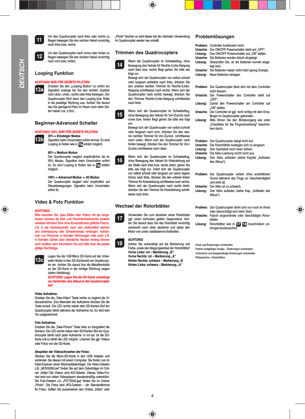 6DEUTSCH11  Um den Quadrocopter nach links oder rechts zu ﬂ iegen bewegen Sie den rechten Hebel vorsichtig nach links bzw. rechts.12  Um den Quadrocopter nach vorne oder hinten zu ﬂ iegen bewegen Sie den rechten Hebel vorsichtig nach vorn bzw. hinten.Looping FunktionACHTUNG! NUR FÜR GEÜBTE PILOTEN!13a  Drücken Sie den „Looping Button“ so ertönt ein Signalton solange bis Sie den rechten Joystick nach oben, unten, rechts oder links bewegen. Der Quadrocopter führt dann den Looping bzw. Rolle in die jeweilige Richtung aus. Achten Sie darauf das Sie genügend Platz im Raum nach allen Sei-ten haben (ca. 2,5m).Beginner-Advanced SchalterACHTUNG! 100% NUR FÜR GEÜBTE PILOTEN!13b 30% = Einsteiger Modus  Signalton beim Umschalten ertönt einmal. Es sind Looping &amp; Rollen wie in 13a erklärt möglich.  60% = Medium Modus   Der Quadrocopter reagiert empﬁ ndlicher als im 30% Modus. Signalton beim Umschalten ertönt 2x. Es sind Looping &amp; Rollen wie in 13a erklärt möglich.  100% = Advanced Modus -&gt; 3D Modus Der Quadrocopter reagiert sehr empﬁ ndlich auf Steuerbewegungen. Signalton beim Umschalten ertönt 3x.Video &amp; Foto FunktionACHTUNG! Bitte beachten Sie, dass Bilder oder Videos mit der einge-bauten Kamera die Bild- und Persönlichkeitsrechte anderer verletzen könnten! Eine ohne Einverständnis geﬁ lmte Person, z.B. in der Nachbarschaft, kann sich zivilrechtlich wehren und Unterlassung oder Schadenersatz verlangen. Aufnah-men von Personen in fremden Wohnungen oder auch z.B. in fremden Gärten über blickdichte Hecken hinweg können auch strafbar sein! Informieren Sie sich bitte über die jeweils gültige Rechtslage.13c Legen Sie die 1GB Micro SD-Karte auf der Unter-seite Hinten in den SD-Kartenslot am Quadrocop-ter ein. Achten Sie darauf das die Metallkontakte an der SD-Karte in die richtige Richtung zeigen (siehe Abbildung).  ACHTUNG! Legen Sie die SD-Karte unbedingt vor Verbinden des Akkus in den Quadrocopter ein!Video Aufnahme:Drücken Sie die „Take-Video“ Taste rechts so beginnt die Vi-deoaufnahme. Zum Beenden der Aufnahme drücken Sie die Taste erneut. Die LED rechts neben dem SD-Karten-Slot am Quadro copter blinkt während der Aufnahme rot. Es wird kein Ton aufgezeichnet. Foto Aufnahme:Drücken Sie die „Take-Picture“ Taste links so fotograﬁ ert die Kamera. Die LED rechts neben dem SD-Karten-Slot am Qua-drocopter blinkt nach jeder Aufnahme 1x rot auf. Ist die SD-Karte voll so blinkt die LED rot/grün. Löschen Sie ggf. Videos oder Fotos von der SD-Karte.Abspielen der Videos/Ansehen der Fotos:Stecken Sie die Micro-SD-Karte in den USB Adapter und verbinden Sie diesen mit einem Computer. Sie ﬁ nden nun im Datei-Explorer einen Wechseldatenträger. Die Video-Dateien z.B. „MOVI0000.avi“ ﬁ nden Sie auf dem Datenträger im Ord-ner „Video“.Die Videos sind AVI-Dateien. Dieses Video-For-mat wird von vielen Videoplayern standardmäßig unterstützt.  Die Foto-Dateien z.b. „PICT0000.jpg“ ﬁ nden Sie im Ordner „Photo“. Die Fotos sind JPG-Dateien – ein Standardformat für Fotos. Sollten Sie ausversehen den Ordner „Video“ oder „Photo“ löschen so wird dieser bei der nächsten Verwendung im Quadrocopter wieder neu erstellt.Trimmen des Quadrocopters14  Wenn der Quadrocopter im Schwebeﬂ ug, ohne Bewegung des Hebels für Rechts-/Links-Neigung nach links bzw. rechts ﬂ iegt gehen Sie bitte wie folgt vor:   Bewegt sich der Quadrocopter von selbst schnell oder langsam seitwärts nach links, drücken Sie den unteren rechten Trimmer für Rechts-/Links-Neigung schrittweise nach rechts. Wenn sich der Quadrocopter nach rechts bewegt, drücken Sie den Trimmer Rechts-/Links-Neigung schrittweise nach links.15  Wenn sich der Quadrocopter im Schwebeﬂ ug, ohne Bewegung des Hebels für Vor-/Zurück nach vorne bzw. hinten ﬂ iegt gehen Sie bitte wie folgt vor:  Bewegt sich der Quadrocopter von selbst schnell oder langsam nach vorn, drücken Sie den obe-ren rechten Trimmer für Vor-/Zurück  schrittweise nach unten. Wenn sich der Quadrocopter nach hinten bewegt, drücken Sie den Trimmer für Vor-/Zurück schrittweise nach oben.16  Wenn sich der Quadrocopter im Schwebeﬂ ug, ohne Bewegung des Hebels für Kreisdrehung auf der Stelle nach links bzw. rechts dreht, gehen Sie bitte wie folgt vor: Dreht sich der Quadrocopter von selbst schnell oder langsam um seine eigene Achse nach links, drücken Sie den unteren linken Trimmer für Kreisdrehung schrittweise nach rechts. Wenn sich der Quadrocopter nach rechts dreht, drücken Sie den Trimmer für Kreisdrehung schritt-weise nach links.Wechsel der Rotorblätter17  Verwenden Sie zum abziehen eines Rotorblatts ggf. einen schmalen glatten Gegenstand. Ach-ten Sie darauf dass Sie das Rotorblatt vorsichtig senkrecht nach oben abziehen und dabei den Motor von unten stabilisierend festhalten. 18 ACHTUNG!     Achten Sie unbendingt auf die Markierung und Farbe, sowie den Neigungswinkel der Rotorblätter! Vorne Links: rot – Markierung „B“  Vorne Rechts: rot – Markierung „A“  Hinten Rechts: schwarz – Markierung „B  Hinten Links: schwarz – Markierung „A“ProblemlösungenProblem:  Controller funktioniert nicht.Ursache:  Der ON/OFF-Powerschalter steht auf „OFF“.Lösung:  Den ON/OFF-Powerschalter auf „ON“ stellen.Ursache:  Die Batterien wurden falsch eingelegt.Lösung:  Überprüfen Sie, ob die Batterien korrekt einge-legt sind.Ursache:  Die Batterien haben nicht mehr genug Energie.Lösung:  Neue Batterien einlegenProblem:  Der Quadrocopter lässt sich mit dem Controller nicht steuern.Ursache: Der Powerschalter des Controller steht auf „OFF“.Lösung:  Zuerst den Powerschalter am Controller auf „ON“ stellen.Ursache:  Der Controller ist ggf. nicht richtig mit dem Emp-fänger im Quadrocopter gebunden. Lösung:  Bitte führen Sie den Bindevorgang wie unter „Checkliste für die Flugvorbereitung“ beschrie-ben durch.Problem:  Der Quadrocopter steigt nicht auf.Ursache:  Die Rotorblätter bewegen sich zu langsam.Lösung:  Den Gashebel nach oben ziehen.Ursache:  Die Akku-Leistung reicht nicht aus.Lösung:  Den Akku auﬂ aden (siehe Kapitel „Auﬂ aden des Akkus“).Problem:  Der Quadrocopter verliert ohne ersichtlichen Grund während des Flugs an Geschwindigkeit und sinkt ab.Ursache:  Der Akku ist zu schwach.Lösung:  Den Akku auﬂ aden (siehe Kap. „Auﬂ aden des Akkus“).Problem:  Der Quadrocopter dreht sich nur noch im Kreis oder überschlägt sich beim Start.Ursache:  Falsch angeordnete oder beschädigte Rotor-blätterLösung:  Rotorblätter wie in 17 18 beschrieben an-bringen/austauschen.Irrtum und Änderungen vorbehalten Farben / endgültiges Design – Änderungen vorbehaltenTechnische und designbedingte Änderungen vorbehaltenPiktogramme = Symbolfotos 