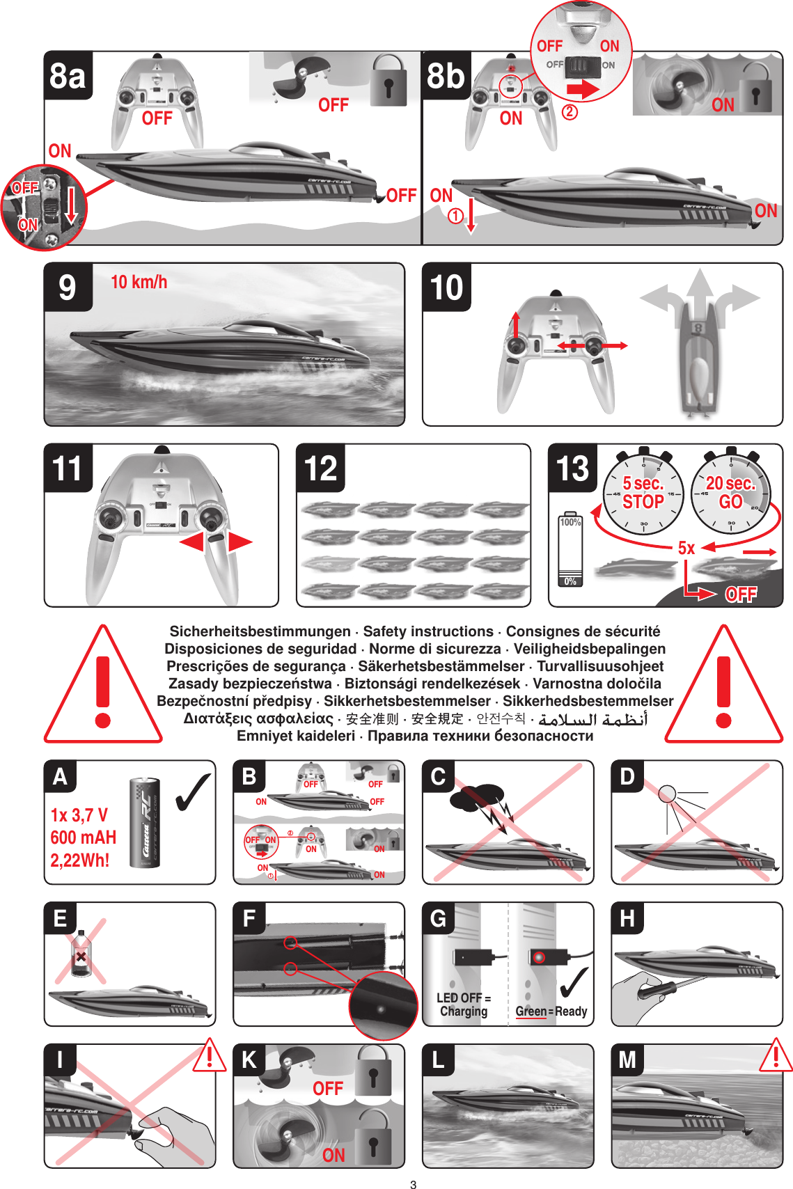 OFFONOFFOFF21ON ONON ONONOFFALKALINE2131x 3,7 V600 mAH 2,22Wh!8a91011 12 13Sicherheitsbestimmungen · Safety instructions · Consignes de sécuritéDisposiciones de seguridad · Norme di sicurezza · VeiligheidsbepalingenPrescrições de segurança · Säkerhetsbestämmelser · Turvallisuusohjeet Zasady bezpieczeństwa · Biztonsági rendelkezések · Varnostna določilaBezpečnostní předpisy · Sikkerhetsbestemmelser · SikkerhedsbestemmelserΔιατάξεις ασφαλείας · 安全准则 · 安全規定 · 안전수칙 ·   Emniyet kaideleri · Правила техники безопасностиA B10 km/h5xOFF8bONONONOFF ON ONONOFFOFFOFFGreen = ReadyLED OFF = ChargingFKHFEIC DGMLOFFONOFFON20 sec.GO5 sec. STOP100%0%