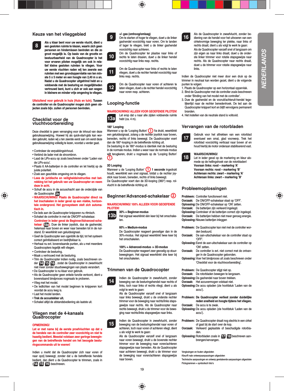 19Keuze van het vlieggebied8  Als u klaar bent voor uw eerste vlucht, dient u een gesloten ruimte te kiezen, waarin zich geen personen en hindernissen bevinden en die zo groot mogelijk is. Op basis van de grootte en bestuurbaarheid van de Quadrocopter is het voor ervaren piloten mogelijk om ook in rela-tief kleine gesloten ruimten te vliegen. Voor uw eerste vluchten raden wij ten zeerste een ruimten met een grondoppervlakte van ten min-ste 5 x 5 meter en een hoogte van 2,40 m a an. Nadat u de Quadrocopter uitgetrimd hebt en u voldoende met de besturing en mogelijkheden vertrouwd bent, kunt u zich er ook aan wagen in kleinere en minder vrije omgeving te vliegen. Uitsluitend voor gebruik in huis (Huis en tuin). Tussen de controller en de Quadrocopter mogen zich geen ob-jecten zoals bijv. zuilen of personen bevinden.Checklist voor de vluchtvoorbereidingDeze checklist is geen vervanging voor de inhoud van deze gebruiksaanwijzing. Hoewel hij als quick-start-gids kan wor-den gebruikt, raden wij u ten zeerste eerst aan om eerst deze gebruiksaanwijzing volledig te lezen, voordat u verder gaat.•  Controleer de verpakkingsinhoud.•  Verbind de lader met de stroombron.•  Laad de LiPo-accu op zoals beschreven onder ‘Laden van de LiPo-accu’.•  Plaats 6 AA-batterijen in de controller en let hierbij op de juiste polariteit.•  Zoek een geschikte omgeving om te vliegen.•  Lees de juridische en veiligheidsinstructies met bet-rekking tot het gebruik van uw Quadrocopter en neem deze in acht.•  Schuif de accu in de accuschacht aan de onderzijde van de Quadrocopter. 2b•  WAARSCHUWING! Plaats de Quadrocopter direct na het inschakelen in ieder geval op een vlakke, horizon-tale ondergrond. Het gyrosysteem stelt zich automa-tisch in.•  De leds aan de Quadrocopter knipperen nu  ritmisch. •  Schakel de controller in met de ON/OFF-schakelaar.   Controleer in ieder geval de Beginner/Advanced-scha-kelaar (13b). Duw de linker joystick, dus de gashendel, helemaal naar boven en weer naar beneden tot in de nul-stand. Er weerklinkt een geluidssignaal.•  Geef de Quadrocopter een ogenblik de tijd, tot het systeem correct geïnitialiseerd en bedrijfsklaar is.  •   Herhaal nu evt. bovenstaande punten, als u met meerdere Quadrocopters tegelijk wilt vliegen.•    Controleer  de  besturing.•  Maak u vertrouwd met de besturing.•  Trim de Quadrocopter indien nodig, zoals beschreven on-der 14 15 16 , zodat de Quadrocopter in zweefvlucht niet meer zonder stuurbewegingen van plaats verandert.•  De Quadrocopter is nu klaar voor gebruik.•   Als de Quadrocopter geen enkele functie vertoont, dient u bovenstaand bindproces nogmaals te proberen.•  Vlieg met het model.•  De ledlichten van het model beginnen te knipperen kort voordat de accu leeg is.•  Laat het model landen.•  Trek de accustekker uit.•  Schakel altijd de afstandsbediening als laatste uit.Vliegen met de 4-kanaals QuadrocopterOPMERKING! Let er met name bij de eerste proefvluchten op dat u de hendels van de controller zeer voorzichtig en niet te haastig bedient. Meestal volstaan zeer geringe bewegin-gen van de betreﬀ ende hendel om het beoogde bestu-ringscommando uit te voeren!Indien u merkt dat de Quadrocopter zich naar voren of naar opzij beweegt, zonder dat u de betreﬀ ende hendels bedient, dan dient u de Quadrocopter te trimmen, zoals in (14 15 16) beschreven. 9  +/- gas (omhoog/omlaag)   Om te starten of hoger te vliegen, duwt u de linker gashendel voorzichtig naar voren. Om te landen of lager te vliegen, trekt u de linker gashendel voorzichtig naar achteren.10  Om de Quadrocopter ter plaatse naar links of rechts te laten draaien, duwt u de linker hendel voorzichtig naar links resp. rechts.11  Om de Quadrocopter naar links of rechts te laten vliegen, duwt u de rechter hendel voorzichtig naar links resp. rechts.12  Om de Quadrocopter naar voren of achteren te laten vliegen, duwt u de rechter hendel voorzichtig naar voren resp. achteren.Looping-functieWAARSCHUWING! ALLEEN VOOR GEOEFENDE PILOTEN!13a  Let erop dat u naar alle zijden voldoende ruimte hebt (ca. 4 m).180° LoopingWanneer u op de ‘Looping Button’  1 1x drukt, weerklinkt een geluidssignaal, zolang u de rechter joystick naar boven, beneden, rechts of links beweegt. De Quadrocopter voert dan de 180°- looping in de betreﬀ ende richting uit. De besturing in de 180°-modus is identiek met de besturing in de normale modus. Indien u weer naar de normale modus wilt terugkeren, drukt u nogmaals op de ‘Looping Button’ 1.3D LoopingWanneer u de ‘Looping Button’  1 1 seconde ingedrukt houdt, weerklinkt een snel signaal, totdat u de rechter joy-stick naar boven, beneden, rechts of links beweegt.De Quadrocopter voert dan de 3D-looping (360°) resp. rol-vlucht in de betreﬀ ende richting uit. Beginner/Advanced-schakelaar 2WAARSCHUWING! 100% ALLEEN VOOR GEOEFENDE PILOTEN! 13b 30% = Beginner-modus Het signaal weerklinkt één keer bij het omschake-len.   60% = Medium-modus De Quadrocopter reageert gevoeliger dan in de 30%-modus. Het signaal weerklinkt twee keer bij het omschakelen.   100% = Advanced-modus -&gt; 3D-modus De Quadrocopter reageert zeer gevoelig op stuur-bewegingen. Het signaal weerklinkt drie keer bij het omschakelen.Trimmen van de Quadrocopter14  Indien de Quadrocopter in zweefvlucht, zonder beweging van de besturingshendel naar rechts of links, toch naar links of rechts vliegt, dient u als volgt te werk te gaan:   Als de Quadrocopter vanzelf snel of langzaam naar links beweegt, drukt u de onderste rechter trimmer voor de beweging naar rechts/links staps-gewijze naar rechts. Als de Quadrocopter naar rechts beweegt, drukt u de trimmer voor de bewe-ging naar rechts/links stapsgewijze naar links.15  Indien de Quadrocopter in zweefvlucht, zonder beweging van de besturingshendel naar voren of achteren, toch naar voren of achteren vliegt, dient u als volgt te werk te gaan:  Als de Quadrocopter vanzelf snel of langzaam naar voren beweegt, drukt u de bovenste rechter trimmer voor de beweging naar voren/achteren stapsgewijze naar beneden. Als de Quadrocopter naar achteren beweegt, drukt u de trimmer voor de beweging naar voren/achteren stapsgewijze naar boven.16  Als de Quadrocopter in zweefvlucht, zonder be-diening van de hendel voor het uitvoeren van een cirkelvormige beweging ter plekke, naar links of rechts draait, dient u als volgt te werk te gaan:   Als de Quadrocopter vanzelf snel of langzaam om zijn eigen as naar links draait, duwt u de onder-ste linker trimmer voor rotatie stapsgewijze naar rechts. Als de Quadrocopter naar rechts draait, duwt u de trimmer voor rotatie stapsgewijze naar links.Indien de Quadrocopter niet meer door een druk op de trimmer in neutraal kan worden gezet, dient u de volgende punten te volgen:1.  Plaats de Quadrocopter op een horizontaal oppervlak.2.  Bind de Quadrocopter met de controller zoals beschreven onder ‘Binding van het model met de controller’.3.  Duw de gashendel en de vooruit/achteruit-hendel tege-lijkertijd naar de rechter benedenhoek. De led aan de Quadrocopter knippert kort en blijft vervolgens permanent branden.4.  Het instellen van de neutrale stand is voltooid. Vervangen van de rotorbladen17  Gebruik voor het aftrekken van een rotorblad eventueel een smal, glad voorwerp. Trek het rotorblad voorzichtig verticaal naar boven af en houd hierbij de motor onderaan stabiliserend vast.18 WAARSCHUWING!       Let in ieder geval op de markering en kleur als-mede op de hellingshoek van de rotorbladen! Vooraan links: rood – markering ‘A’  Vooraan rechts: rood – markering ‘B’  Achteraan rechts: zwart – markering ‘A’  Achteraan links: zwart – markering ‘B’ProbleemoplossingenProbleem:   Controller functioneert niet.Oorzaak:   De ON/OFF-schakelaar staat op ‘OFF’.Oplossing:  De ON/OFF-schakelaar op ‘ON’ zetten.Oorzaak:   De batterijen zijn verkeerd ingelegd.Oplossing:  Controleer of de batterijen correct zijn ingelegd.Oorzaak:   De batterijen hebben niet meer genoeg energie.Oplossing:  Nieuwe batterijen inleggenProbleem:   De Quadrocopter kan niet met de controller wor-den bestuurd.Oorzaak:   De aan-uitschakelaar van de controller staat op ‘OFF’.Oplossing:  Eerst de aan-uitschakelaar aan de controller op ‘ON’ zetten.Oorzaak:  De controller is evt. niet correct met de ontvan-ger in de Quadrocopter gebonden.Oplossing:  Voer het bindproces uit zoals beschreven onder ‘Checklist voor de vluchtvoorbereiding’.Probleem:  De Quadrocopter stijgt niet op.Oorzaak:  De rotorbladen bewegen te langzaam.Oplossing:  De gashendel naar boven trekken.Oorzaak:   Het accuvermogen volstaat niet.Oplossing:  De accu opladen (zie hoofdstuk ‘Laden van de accu’).Probleem:  De Quadrocopter verliest zonder duidelijke reden snelheid en hoogte tijdens het vliegen.Oorzaak:   De accu is te zwak.Oplossing:  De accu opladen (zie hoofdstuk ‘Laden van de accu’).Probleem:  De Quadrocopter draait nog slechts in een cirkel of gaat bij de start over de kop.Oorzaak:  Verkeerd geplaatste of beschadigde rotorbla-den.Oplossing:  Rotorbladen zoals in 17 18 beschreven aan-brengen/vervangen.Vergissingen en fouten uitgeslotenKleur/ﬁ  nale ontwerpaanpassingen uitgeslotenTechnische aanpassingen en ontwerp gerelateerde aanpassingen uitgeslotenPictogrammen = symbolisch foto’s NEDERLANDS