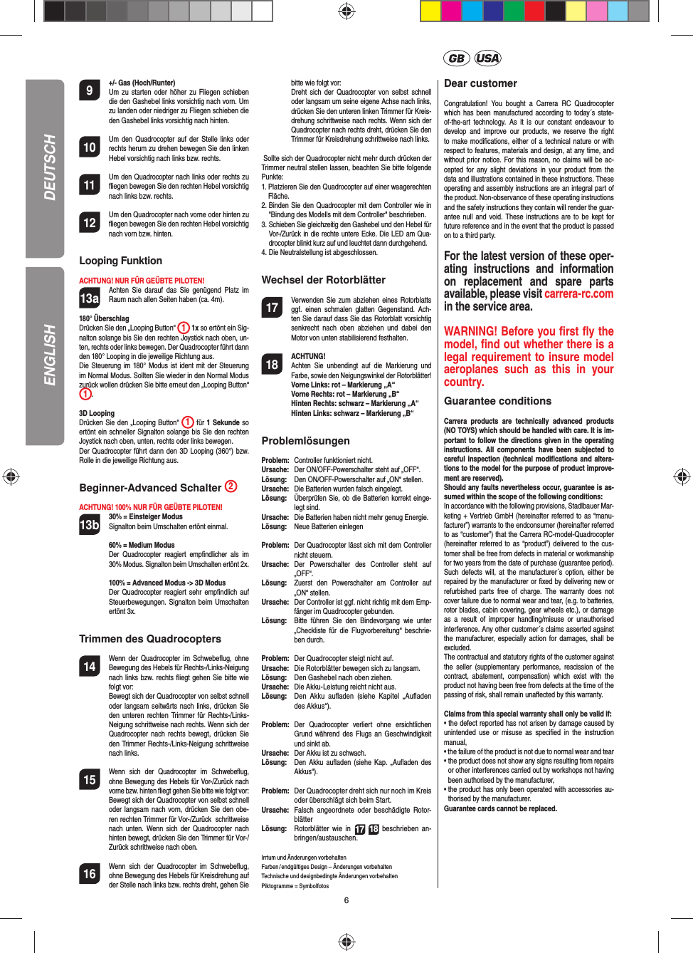 6DEUTSCH9  +/- Gas (Hoch/Runter)   Um zu starten oder höher zu Fliegen schieben die den Gashebel links vorsichtig nach vorn. Um zu landen oder niedriger zu Fliegen schieben die den Gashebel links vorsichtig nach hinten.10  Um den Quadrocopter auf der Stelle links oder rechts herum zu drehen bewegen Sie den linken Hebel vorsichtig nach links bzw. rechts.11  Um den Quadrocopter nach links oder rechts zu ﬂ iegen bewegen Sie den rechten Hebel vorsichtig nach links bzw. rechts.12  Um den Quadrocopter nach vorne oder hinten zu ﬂ iegen bewegen Sie den rechten Hebel vorsichtig nach vorn bzw. hinten.Looping Funktion ACHTUNG! NUR FÜR GEÜBTE PILOTEN!13a  Achten Sie darauf das Sie genügend Platz im Raum nach allen Seiten haben (ca. 4m).180° ÜberschlagDrücken Sie den „Looping Button“  1 1x so ertönt ein Sig-nalton solange bis Sie den rechten Joystick nach oben, un-ten, rechts oder links bewegen. Der Quadrocopter führt dann den 180° Looping in die jeweilige Richtung aus.  Die Steuerung im 180° Modus ist ident mit der Steuerung im Normal Modus. Sollten Sie wieder in den Normal Modus zurück wollen drücken Sie bitte erneut den „Looping Button“  1.3D LoopingDrücken Sie den „Looping Button“  1 für 1 Sekunde so ertönt ein schneller Signalton solange bis Sie den rechten Joystick nach oben, unten, rechts oder links bewegen.Der Quadrocopter führt dann den 3D Looping (360°) bzw. Rolle in die jeweilige Richtung aus.Beginner-Advanced Schalter  2ACHTUNG! 100% NUR FÜR GEÜBTE PILOTEN!13b  30% = Einsteiger Modus  Signalton beim Umschalten ertönt einmal.  60% = Medium Modus   Der Quadrocopter reagiert empﬁ ndlicher als im 30% Modus. Signalton beim Umschalten ertönt 2x.  100% = Advanced Modus -&gt; 3D Modus  Der Quadrocopter reagiert sehr empﬁ ndlich auf Steuerbewegungen. Signalton beim Umschalten ertönt 3x.Trimmen des Quadrocopters14  Wenn der Quadrocopter im Schwebeﬂ ug, ohne Bewegung des Hebels für Rechts-/Links-Neigung nach links bzw. rechts ﬂ iegt gehen Sie bitte wie folgt vor: Bewegt sich der Quadrocopter von selbst schnell oder langsam seitwärts nach links, drücken Sie den unteren rechten Trimmer für Rechts-/Links-Neigung schrittweise nach rechts. Wenn sich der Quadrocopter nach rechts bewegt, drücken Sie den Trimmer Rechts-/Links-Neigung schrittweise nach links.15 Wenn sich der Quadrocopter im Schwebeﬂ ug, ohne Bewegung des Hebels für Vor-/Zurück nach vorne bzw. hinten ﬂ iegt gehen Sie bitte wie folgt vor:  Bewegt sich der Quadrocopter von selbst schnell oder langsam nach vorn, drücken Sie den obe-ren rechten Trimmer für Vor-/Zurück  schrittweise nach unten. Wenn sich der Quadrocopter nach hinten bewegt, drücken Sie den Trimmer für Vor-/Zurück schrittweise nach oben.16  Wenn sich der Quadrocopter im Schwebeﬂ ug, ohne Bewegung des Hebels für Kreisdrehung auf der Stelle nach links bzw. rechts dreht, gehen Sie bitte wie folgt vor:   Dreht sich der Quadrocopter von selbst schnell oder langsam um seine eigene Achse nach links, drücken Sie den unteren linken Trimmer für Kreis-drehung schrittweise nach rechts. Wenn sich der Quadrocopter nach rechts dreht, drücken Sie den Trimmer für Kreisdrehung schrittweise nach links. Sollte sich der Quadrocopter nicht mehr durch drücken der Trimmer neutral stellen lassen, beachten Sie bitte folgende Punkte:1.  Platzieren Sie den Quadrocopter auf einer waagerechten Fläche.2.  Binden Sie den Quadrocopter mit dem Controller wie in &quot;Bindung des Modells mit dem Controller&quot; beschrieben.3.  Schieben Sie gleichzeitig den Gashebel und den Hebel für Vor-/Zurück in die rechte untere Ecke. Die LED am Qua-drocopter blinkt kurz auf und leuchtet dann durchgehend.4.  Die Neutralstellung ist abgeschlossen.Wechsel der Rotorblätter17   Verwenden Sie zum abziehen eines Rotorblatts ggf. einen schmalen glatten Gegenstand. Ach-ten Sie darauf dass Sie das Rotorblatt vorsichtig senkrecht nach oben abziehen und dabei den Motor von unten stabilisierend festhalten. 18 ACHTUNG!     Achten Sie unbendingt auf die Markierung und Farbe, sowie den Neigungswinkel der Rotorblätter! Vorne Links: rot – Markierung „A“  Vorne Rechts: rot – Markierung „B“  Hinten Rechts: schwarz – Markierung „A“  Hinten Links: schwarz – Markierung „B“ProblemlösungenProblem:  Controller funktioniert nicht.Ursache:  Der ON/OFF-Powerschalter steht auf „OFF“.Lösung:  Den ON/OFF-Powerschalter auf „ON“ stellen.Ursache:  Die Batterien wurden falsch eingelegt.Lösung:  Überprüfen Sie, ob die Batterien korrekt einge-legt sind.Ursache:  Die Batterien haben nicht mehr genug Energie.Lösung:  Neue Batterien einlegenProblem:  Der Quadrocopter lässt sich mit dem Controller nicht steuern.Ursache: Der Powerschalter des Controller steht auf „OFF“.Lösung:  Zuerst den Powerschalter am Controller auf „ON“ stellen.Ursache:  Der Controller ist ggf. nicht richtig mit dem Emp-fänger im Quadrocopter gebunden. Lösung:  Bitte führen Sie den Bindevorgang wie unter „Checkliste für die Flugvorbereitung“ beschrie-ben durch.Problem:  Der Quadrocopter steigt nicht auf.Ursache:  Die Rotorblätter bewegen sich zu langsam.Lösung:  Den Gashebel nach oben ziehen.Ursache:  Die Akku-Leistung reicht nicht aus.Lösung:  Den Akku auﬂ aden (siehe Kapitel „Auﬂ aden des Akkus“).Problem:  Der Quadrocopter verliert ohne ersichtlichen Grund während des Flugs an Geschwindigkeit und sinkt ab.Ursache:  Der Akku ist zu schwach.Lösung:  Den Akku auﬂ aden (siehe Kap. „Auﬂ aden des Akkus“).Problem:  Der Quadrocopter dreht sich nur noch im Kreis oder überschlägt sich beim Start.Ursache:  Falsch angeordnete oder beschädigte Rotor-blätterLösung:  Rotorblätter wie in 17 18 beschrieben an-bringen/austauschen.Irrtum und Änderungen vorbehalten Farben / endgültiges Design – Änderungen vorbehaltenTechnische und designbedingte Änderungen vorbehaltenPiktogramme = Symbolfotos Dear customerCongratulation! You bought a Carrera RC Quadrocopter which has been manufactured according to today´s state-of-the-art technology. As it is our constant endeavour to develop and improve our products, we reserve the right to make modiﬁ cations, either of a technical nature or with respect to features, materials and design, at any time, and without prior notice. For this reason, no claims will be ac-cepted for any slight deviations in your product from the data and illustrations contained in these instructions. These operating and assembly instructions are an integral part of the product. Non-observance of these operating instructions and the safety instructions they contain will render the guar-antee null and void. These instructions are to be kept for future reference and in the event that the product is passed on to a third party.For the latest version of these oper-ating instructions and information on replacement and spare parts available, please visit carrera-rc.comin the service area.WARNING! Before you ﬁ rst ﬂ y the model, ﬁ nd out  whether there is a legal requirement to insure model aeroplanes such as this in your country. Guarantee conditionsCarrera products are technically advanced products (NO TOYS) which should be handled with care. It is im-portant to follow the directions given in the operating instructions. All components have been subjected to careful inspection (technical modiﬁ cations and altera-tions to the model for the purpose of product improve-ment are reserved). Should any faults nevertheless occur, guarantee is as-sumed within the scope of the following conditions: In accordance with the following provisions, Stadlbauer Mar-keting + Vertrieb GmbH (hereinafter referred to as “manu-facturer”) warrants to the endconsumer (hereinafter referred to as “customer”) that the Carrera RC-model-Quadrocopter (hereinafter referred to as “product”) delivered to the cus-tomer shall be free from defects in material or workmanship for two years from the date of purchase (guarantee period). Such defects will, at the manufacturer´s option, either be repaired by the manufacturer or ﬁ xed by delivering new or refurbished parts free of charge. The warranty does not cover failure due to normal wear and tear, (e.g. to batteries, rotor blades, cabin covering, gear wheels etc.), or damage as a result of improper handling/misuse or unauthorised interference. Any other customer´s claims asserted against the manufacturer, especially action for damages, shall be excluded. The contractual and statutory rights of the customer against the seller (supplementary performance, rescission of the contract, abatement, compensation) which exist with the product not having been free from defects at the time of the passing of risk, shall remain unaﬀ ected by this warranty. Claims from this special warranty shall only be valid if:• the defect reported has not arisen by damage caused by unintended use or misuse as speciﬁ ed in the instruction manual,• the failure of the product is not due to normal wear and tear •  the product does not show any signs resulting from repairs or other interferences carried out by workshops not having been authorised by the manufacturer, •  the product has only been operated with accessories au-thorised by the manufacturer.Guarantee cards cannot be replaced.ENGLISH