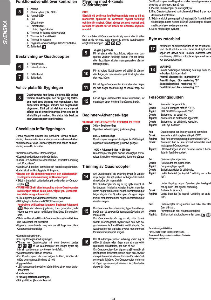 24Funktionsöversikt över kontrollen 5 1. Antenn  2.  Strömbrytare (ON / OFF) 3.  Kontroll-LED 4. Gas   Cirkelrörelse 5. Framåt/bakåt  Lutning höger/vänster  6.  Trimmer för lutning höger/vänster  7.  Trimmer för framåt/bakåt   8.  Trimmer för rotation 9. Beginner-/Advanced-läge (30%/60%/100%) 10. Batterifack 3Beskrivning av Quadrocopter6 1. Rotorsystem 2. Rotorskyddsbur7 3. Batterikabel 4. BatterifackVal av plats för ﬂ ygningen8  Quadrocopter kan ﬂ ygas utomhus. När du har trimmat Quadrocopter och har gjort dig förtro-gen med dess styrning och egenskaper, kan du försöka att ﬂ yga i mindre och begränsade utrymmen. Tänk på att det kan vara mycket blåsigt en bit ovanför marken, även om det är vindstilla på marken. Om detta inte beaktas kan Quadrocopter totalförstöras.Checklista inför ﬂ ygningenDenna checklista ersätter inte innehållet i denna bruksan-visning. Även om den kan användas som snabbintroduktion rekommenderar vi att Du läser igenom hela denna bruksan-visning innan Du fortsätter.•  Kontrollera innehållet i förpackningen.•  Koppla ihop laddaren med strömkällan.•  Ladda LiPo-batteriet så som beskrivs i avsnittet ”Laddning av LiPo-batteriet”.•  Sätt i 6 AA-batterier i kontrollen och kontrollera polariteten.•  Leta rätt på en lämplig plats för ﬂ ygturen.•  Beakta och läs rättsinformationen och säkerhetshän-visningarna vid användning av Quadrocopter.•  Skjut in batteriet i batterifacket på undersidan av Quadro-copter. 2b•  VARNING! Direkt efter inkoppling måste Quadrocopter ovillkorligen ställas på en jämn, vågrät yta. Gyrosyste-met riktar in sig automatiskt.•  LED-lamporna på Quadrocopter blinkar nu rytmiskt. •  Sätt igång kontrollen med ON/OFF-knappen.   Kontrollera ovillkorligen knappen Beginner-Advanced (13). Skjut den vänstra joysticken, d.v.s. gasspaken, hela vägen upp och sedan nedåt igen till nolläget. En signalton hörs.•  Vänta en liten stund tills att Quadrocopter-systemet blir kor-rekt initialiserat och driftsklart. •  Upprepa ovannämnda steg om du vill ﬂ yga med ﬂ era Quadrocopter samtidigt. •  Kontrollera styrningen.•  Gör Dig förtrogen med styrningen.•  Trimma ev. Quadrocopter så som beskrivs under  14 15 16 så att Quadrocopter inte längre ﬂ yttar sig från sin position utan styrrörelser i svävﬂ ykt.•  Quadrocopter är klar att använda.•  Om Quadrocopter inte visar någon funktion, försöker du utföra ovannämnda bindning på nytt.•  Flyg modellen.•  LED-lamporna på modellen börjar blinka strax innan batte-riet är tomt.•  Landa modellen.•  Frånskilj batterianslutningen.•  Stäng alltid av fjärrkontrollen sist.Flygning med 4-kanals QuadrocopterOBS!Särskilt vid de första ﬂ ygförsöken måste man se till att manövrera spakarna på kontrollen mycket försiktigt och inte för snabbt. Oftast räcker det med mycket små rörelser av spaken för att utföra det önskade styrkom-mandot!Om du märker att Quadrocopter rör sig framåt eller åt sidan utan att du rör resp. spak, måste du trimma Quadrocopter enligt beskrivningen i (14 15 16). 9   +/- gas (upp/ned)   För att starta, eller ﬂ yga högre, skjuter man gas-spaken vänster försiktigt framåt. För att landa, eller ﬂ yga lägre, skjuter man gasspaken vänster försiktigt bakåt.10  För att rotera Quadrocopter på stället åt vänster eller höger, rör man vänster spak försiktigt åt vän-ster resp. höger.11  För att ﬂ yga Quadrocopter åt vänster eller höger, rör man höger spak försiktigt åt vänster resp. hö-ger.12  För att ﬂ yga Quadrocopter framåt eller bakåt, rör man höger spak försiktigt framåt resp. bakåt.Beginner-/Advanced-lägeVARNING: 100% ENDAST FÖR ERFARNA PILOTER!13 30% = Beginner-läge Signalton vid omkoppling ljuder en gång.  60% = medium-läge Quadrocopter reagerar känsligare än i 30%-läget. Signalton vid omkoppling ljuder två gånger.   100% = Advanced-läge -&gt; 3D-läge Quadrocopter reagerar mycket känsligt på styrrö-relser. Signalton vid omkoppling ljuder tre gånger.Trimning av Quadrocopter14  Om Quadrocopter vid svävning ﬂ yger åt vänster resp. höger utan att spaken för höger-/vänsterlut-ning vidrörs gör man så här:   Om Quadrocopter rör sig av sig själv snabbt el-ler långsamt i sidled åt vänster, trycker man den undre högra trimmern för höger-/vänsterlutning åt höger stegvis. Om Quadrocopter rör sig åt höger, trycker man trimmern för höger-/vänsterlutning åt vänster stegvis.15  Om Quadrocopter vid svävning ﬂ yger framåt resp. bakåt utan att spaken för framåt/bakåt vidrörs gör man så här:  Om Quadrocopter rör sig av sig själv framåt snabbt eller långsamt, trycker man den övre hö-gra trimmern för framåt/bakåt nedåt stegvis. Om Quadrocopter rör sig bakåt trycker man trimmern för framåt/bakåt uppåt stegvis.16  Om Quadrocopter under svävning vrider sig på stället åt vänster eller höger, utan att man vidrör spaken för cirkelrörelse, gör man så här:   Om Quadrocopter vrider sig av sig själv snabbt el-ler långsamt åt vänster runt sin egen axel, trycker man på den undre vänstra trimmen för cirkelrörel-se stegvis åt höger. Om Quadrocopter vrider sig åt höger, trycker man på trimmern för cirkelrörelse stegvis åt höger.Om Quadrocopter inte längre kan ställas neutral genom ned-tryckning av trimmern, gör så här:1.  Placera Quadrocopter på en vågrät yta.2.  Bind Quadrocopter med kontrollen enligt &quot;Bindning av mo-dellen med kontrollen&quot;.3.  Skjut samtidigt gasreglaget och reglaget för framåt/bakåt till det högra nedre hörnet. LED på Quadrocopter blinkar snabbt och lyser sedan permanent.4.  Nu är neutralläget avslutat.Byte av rotorblad17  Använd ev. en skruvmejsel för att dra av ett rotor-blad. Se till att dra av rotorbladet försiktigt lodrätt uppåt och därvid hålla i motorn underifrån som stabilisering. Sätt fast rotorbladet igen med skru-ven på Quadrocopter.18 VARNING!       Beakta ovillkorligen markering och färg, samt ro-torbladens lutningsvinkel! Framtill vänster: rött - markering ”A”  Framtill höger: rött - markering ”B”  Baktill höger: blå - markering ”A”  Baktill vänster: blå - markering ”B”FelsökningsguidenFel:   Kontrollen fungerar inte.Orsak:   ON/OFF-knappen står på “OFF”.Åtgärd:  Ställ ON/OFF-knappen till “ON”.Orsak:   Batterierna har satts i fel.Åtgärd:   Kontrollera att batterierna ligger rätt.Orsak:   Batterierna har otillräcklig kapacitet.Åtgärd:   Sätt i nya batterier.Fel:  Quadrocopter kan inte styras med kontrollen.Orsak:   Kontrollens strömbrytare står på “OFF”.Åtgärd:  Ställ först strömbrytaren på kontrollen till “ON”.Orsak:  Kontrollen har ev. inte korrekt förbindelse med mottagaren i Quadrocopter. Åtgärd:   Utför bindningen så som beskrivs under ”Check-lista för ﬂ ygförberedelse“.Fel:  Quadrocopter stiger inte.Orsak:  Rotorbladen rör sig för sakta.Åtgärd:   Dra gasreglaget uppåt.Orsak:  Batterikapaciteten är otillräcklig.Åtgärd:  Ladda batteriet (se kapitel “Laddning av batte-riet”).Fel:  Under ﬂ ygning tappar Quadrocopter hastighet och sjunker, utan synbar anledning.Orsak:   Batteriet är för svagt.Åtgärd:   Ladda batteriet (se kapitel “Laddning av batte-riet”).Fel:  Quadrocopter rör sig endast i en cirkel eller slår över vid start.Orsak:  Felmonterade eller skadade rotorblad.Åtgärd:  Sätt fast/byt ut rotorbladen enligt punkt 17 18.Fel och ändringar förbehållnaFärger / slutlig design - ändringar förbehållnaTekniska och designrelaterade ändringar förbehållnaPiktogram = symbolfoton SVENSKA