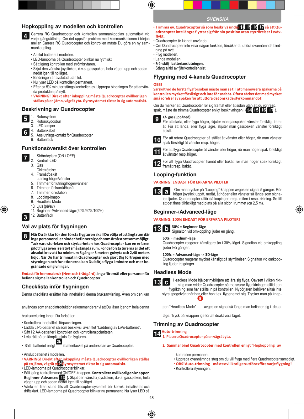 48   2b 14 13  c    Hopkoppling av modellen och kontrollen Carrera  RC  Quadrocopter  och  kontrollen  sammankopplas  automatiskt  vid varje igångsättning. Om det uppstår problem med kommunikationen i början mellan Carrera RC Quadrocopter och kontrollen måste Du göra en ny sam- mankoppling. • Anslut batteriet i modellen. • LED-lamporna på Quadrocopter blinkar nu rytmiskt. • Sätt igång kontrollen med strömbrytaren. • Skjut den vänstra joysticken, d.v.s. gasspaken, hela vägen upp och sedan nedåt igen till nolläget. • Bindningen är avslutad utan fel. • Nu lyser LED på kontrollen permanent. • Efter ca 5½ minuter stängs kontrollen av. Upprepa bindningen för att använ- da produkten på nytt. • VARNING! Direkt efter inkoppling måste Quadrocopter ovillkorligen ställas på en jämn, vågrät yta. Gyrosystemet riktar in sig automatiskt. Beskrivning av Quadrocopter 1. Rotorsystem 2. Rotorskyddsbur 3. LED-lampor 4. Batterikabel 5. Anslutningskontakt för Quadrocopter 6. Batterifack Funktionsöversikt över kontrollen 1. Strömbrytare (ON / OFF) 2. Kontroll-LED 3. Gas Cirkelrörelse 4. Framåt/bakåt Lutning höger/vänster 5. Trimmer för lutning höger/vänster 6. Trimmer för framåt/bakåt 7. Trimmer för rotation 8. Looping-knapp 9. Headless Mode 10. Ljus (på/av) 11. Beginner-/Advanced-läge (30%/60%/100%) 12. Batterifack  Val av plats för flygningen När Du är klar för den första flygturen skall Du välja ett stängt rum där inga personer eller hinder befinner sig och som är så stort som möjligt. Tack vare storleken och styrbarheten hos Quadrocopter kan en erfaren pilot flyga även i relativt små stängda rum. För de första turerna är det ett absolut krav att ha minimum 5 gånger 5 meters golvyta och 2,40 meters höjd. När Du har trimmat in Quadrocopter och gjort Dig förtrogen med styrningen och funktionerna kan Du börja flyga i mindre och mer be- gränsade omgivningar. Endast för hemmabruk (Hem och trädgård). Inga föremål eller personer får befinna sig mellan kontrollen och Quadrocopter. Checklista inför flygningen Denna checklista ersätter inte innehållet i denna bruksanvisning. Även om den kan SVENSKA • Trimma ev. Quadrocopter så som beskrivs under 14 15 16 17 så att Qu- adrocopter inte längre flyttar sig från sin position utan styrrörelser i sväv- flykt. • Quadrocopter är klar att använda. • Om Quadrocopter inte visar någon funktion, försöker du utföra ovannämnda bind- ning på nytt. • Flyg modellen. • Landa modellen. • Frånskilj   batterianslutningen. • Stäng alltid av fjärrkontrollen sist. Flygning med 4-kanals Quadrocopter OBS! Särskilt vid de första flygförsöken måste man se till att manövrera spakarna på kontrollen mycket försiktigt och inte för snabbt. Oftast räcker det med mycket små rörelser av spaken för att utföra det önskade styrkommandot! Om du märker att Quadrocopter rör sig framåt eller åt sidan utan att du rör resp. spak, måste du trimma Quadrocopter enligt beskrivningen i (14 15  16  17 ). +/- gas (upp/ned) För att starta, eller flyga högre, skjuter man gasspaken vänster försiktigt fram- åt. För att landa, eller flyga lägre, skjuter man gasspaken vänster försiktigt bakåt. För att rotera Quadrocopter på stället åt vänster eller höger, rör man vänster spak försiktigt åt vänster resp. höger. För att flyga Quadrocopter åt vänster eller höger, rör man höger spak försiktigt åt vänster resp. höger. För att flyga Quadrocopter framåt eller bakåt, rör man höger spak försiktigt framåt resp. bakåt. Looping-funktion VARNING! ENDAST FÖR ERFARNA PILOTER! Om man trycker på ”Looping”-knappen avges en signal 5 gånger. Rör höger joystick uppåt, nedåt, åt höger eller vänster så länge som signa- len ljuder. Quadrocopter utför då loopingen resp. rollen i resp. riktning. Se till att det finns tillräckligt med plats på alla sidor i rummet (ca 2,5 m). Beginner-/Advanced-läge VARNING: 100% ENDAST FÖR ERFARNA PILOTER! 30% = Beginner-läge Signalton vid omkoppling ljuder en gång. 60% = medium-läge Quadrocopter reagerar känsligare än i 30%-läget. Signalton vid omkoppling ljuder två gånger. 100% = Advanced-läge -&gt; 3D-läge Quadrocopter reagerar mycket känsligt på styrrörelser. Signalton vid omkopp- ling ljuder tre gånger. Headless Mode Headless Mode hjälper nybörjare att lära sig flyga. Oavsett i vilken rikt- ning man vrider Quadrocopter så motsvarar flygriktningen alltid den flygriktning som har ställts in på kontrollen. Nybörjaren behöver alltså inte styra spegelvänt när han eller hon t.ex. flyger emot sig. Trycker man på knap- användas som snabbintroduktion rekommenderar vi att Du läser igenom hela denna pen ”Headless Mode” avges en signal så länge man befinner sig i  detta bruksanvisning innan Du fortsätter. • Kontrollera innehållet i förpackningen. • Ladda LiPo-batteriet så som beskrivs i avsnittet ”Laddning av LiPo-batteriet”. • Sätt i 2 AA-batterier i kontrollen och kontrollera polariteten. • Leta rätt på en lämplig plats för flygturen. läge. Tryck på knappen ige för att deaktivera läget. Trimning av Quadrocopter Auto-trimning 1. Placera Quadrocopter på en vågrät yta. • Sätt i batteriet enligt i batterifacket på undersidan av Quadrocopter. 2. Sammanbind Quadrocopter med kontrollen enligt ”Hopkoppling  av • Anslut batteriet i modellen. • VARNING! Direkt efter inkoppling måste Quadrocopter ovillkorligen ställas på en jämn, vågrät yta. Gyrosystemet riktar in sig automatiskt. • LED-lamporna på Quadrocopter blinkar. • Sätt igång kontrollen med ON/OFF-knappen. Kontrollera ovillkorligen knappen Beginner-Advanced (13b). Skjut den vänstra joysticken, d.v.s. gasspaken, hela vägen upp och sedan nedåt igen till nolläget. • Vänta en liten stund tills att Quadrocopter-systemet blir korrekt  initialiserat och driftsklart. LED-lamporna på Quadrocopter blinkar nu permanent. Nu lyser LED på kontrollen permanent. • Upprepa ovannämnda steg om du vill flyga med flera Quadrocopter samtidigt. • OBS! Auto-trimning   måste ovillkorligen utföras före varje flygning! • Kontrollera styrningen.         11 12 13  a 13  b 14 