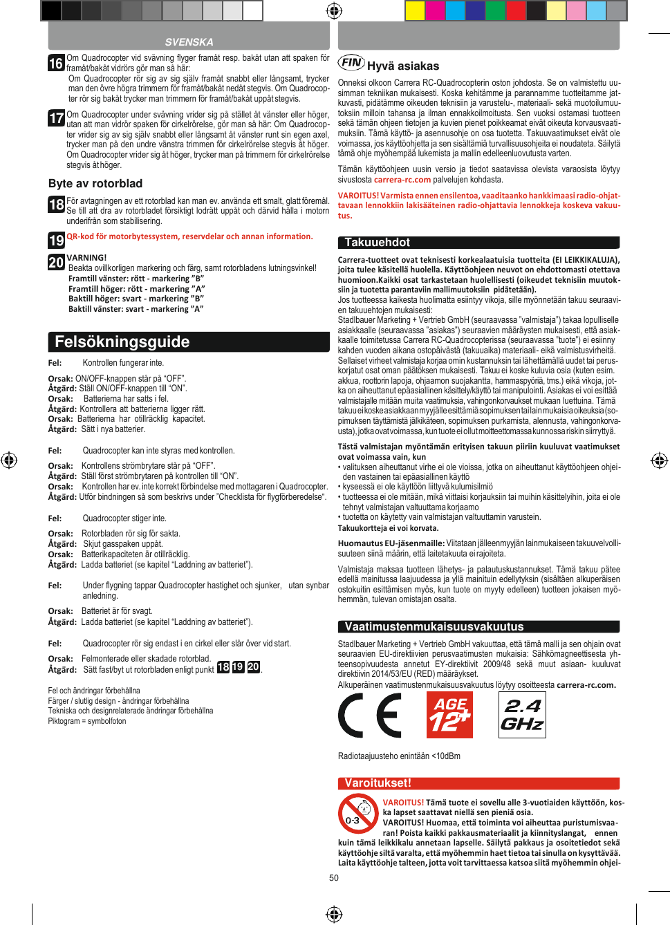 50   18 19  20  SVENSKA Om Quadrocopter vid svävning flyger framåt resp. bakåt utan att spaken för framåt/bakåt vidrörs gör man så här: Om Quadrocopter rör sig av sig själv framåt snabbt eller långsamt, trycker man den övre högra trimmern för framåt/bakåt nedåt stegvis. Om Quadrocop- ter rör sig bakåt trycker man trimmern för framåt/bakåt uppåt stegvis. Om Quadrocopter under svävning vrider sig på stället åt vänster eller höger, utan att man vidrör spaken för cirkelrörelse, gör man så här: Om Quadrocop- ter vrider sig av sig själv snabbt eller långsamt åt vänster runt sin egen axel, trycker man på den undre vänstra trimmen för cirkelrörelse stegvis åt höger. Om Quadrocopter vrider sig åt höger, trycker man på trimmern för cirkelrörelse stegvis åt höger. Byte av rotorblad För avtagningen av ett rotorblad kan man ev. använda ett smalt, glatt föremål. Se till att dra av rotorbladet försiktigt lodrätt uppåt och därvid hålla i motorn underifrån som stabilisering. QR-kod för motorbytessystem, reservdelar och annan information.  VARNING! Beakta ovillkorligen markering och färg, samt rotorbladens lutningsvinkel! Framtill vänster: rött - markering ”B” Framtill höger: rött - markering ”A” Baktill höger: svart - markering ”B” Baktill vänster: svart - markering ”A”  Fel:  Kontrollen fungerar inte. Orsak: ON/OFF-knappen står på “OFF”. Åtgärd: Ställ ON/OFF-knappen till “ON”. Orsak:     Batterierna har satts i fel. Åtgärd: Kontrollera att batterierna ligger rätt. Orsak:  Batterierna  har  otillräcklig  kapacitet. Åtgärd:  Sätt i nya batterier.  Fel:  Quadrocopter kan inte styras med kontrollen. Orsak:    Kontrollens strömbrytare står på “OFF”. Åtgärd:  Ställ först strömbrytaren på kontrollen till “ON”. Orsak:    Kontrollen har ev. inte korrekt förbindelse med mottagaren i Quadrocopter. Åtgärd: Utför bindningen så som beskrivs under ”Checklista för flygförberedelse“.  Fel:  Quadrocopter stiger inte. Orsak:    Rotorbladen rör sig för sakta. Åtgärd:   Skjut gasspaken uppåt. Orsak:    Batterikapaciteten är otillräcklig. Åtgärd:  Ladda batteriet (se kapitel “Laddning av batteriet”).  Fel:  Under flygning tappar Quadrocopter hastighet och sjunker,   utan synbar anledning. Orsak:    Batteriet är för svagt. Åtgärd:  Ladda batteriet (se kapitel “Laddning av batteriet”).  Fel:  Quadrocopter rör sig endast i en cirkel eller slår över vid start. Orsak:    Felmonterade eller skadade rotorblad. Åtgärd:   Sätt fast/byt ut rotorbladen enligt punkt  .  Fel och ändringar förbehållna Färger / slutlig design - ändringar förbehållna Tekniska och designrelaterade ändringar förbehållna Piktogram = symbolfoton     Onneksi olkoon Carrera RC-Quadrocopterin oston johdosta. Se on valmistettu uu- simman tekniikan mukaisesti. Koska kehitämme ja parannamme tuotteitamme jat- kuvasti, pidätämme oikeuden teknisiin ja varustelu-, materiaali- sekä muotoilumuu- toksiin milloin tahansa ja ilman ennakkoilmoitusta. Sen vuoksi ostamasi tuotteen sekä tämän ohjeen tietojen ja kuvien pienet poikkeamat eivät oikeuta korvausvaati- muksiin. Tämä käyttö- ja asennusohje on osa tuotetta. Takuuvaatimukset eivät ole voimassa, jos käyttöohjetta ja sen sisältämiä turvallisuusohjeita ei noudateta. Säilytä tämä ohje myöhempää lukemista ja mallin edelleenluovutusta varten. Tämän  käyttöohjeen  uusin  versio  ja  tiedot  saatavissa  olevista  varaosista  löytyy sivustosta carrera-rc.com palvelujen kohdasta. VAROITUS! Varmista ennen ensilentoa, vaaditaanko hankkimaasi radio-ohjat- tavaan lennokkiin lakisääteinen radio-ohjattavia lennokkeja koskeva vakuu- tus.  Carrera-tuotteet ovat teknisesti korkealaatuisia tuotteita (EI LEIKKIKALUJA), joita tulee käsitellä huolella. Käyttöohjeen neuvot on ehdottomasti otettava huomioon.Kaikki osat tarkastetaan huolellisesti (oikeudet teknisiin muutok- siin ja tuotetta parantaviin mallimuutoksiin  pidätetään). Jos tuotteessa kaikesta huolimatta esiintyy vikoja, sille myönnetään takuu seuraavi- en takuuehtojen mukaisesti: Stadlbauer Marketing + Vertrieb GmbH (seuraavassa ”valmistaja”) takaa lopulliselle asiakkaalle (seuraavassa ”asiakas”) seuraavien määräysten mukaisesti, että asiak- kaalle toimitetussa Carrera RC-Quadrocopterissa (seuraavassa ”tuote”) ei esiinny kahden vuoden aikana ostopäivästä (takuuaika) materiaali- eikä valmistusvirheitä. Sellaiset virheet valmistaja korjaa omin kustannuksin tai lähettämällä uudet tai perus- korjatut osat oman päätöksen mukaisesti. Takuu ei koske kuluvia osia (kuten esim. akkua, roottorin lapoja, ohjaamon suojakantta, hammaspyöriä, tms.) eikä vikoja, jot- ka on aiheuttanut epäasiallinen käsittely/käyttö tai manipulointi. Asiakas ei voi esittää valmistajalle mitään muita vaatimuksia, vahingonkorvaukset mukaan luettuina. Tämä takuu ei koske asiakkaan myyjälle esittämiä sopimuksen tai lain mukaisia oikeuksia (so- pimuksen täyttämistä jälkikäteen, sopimuksen purkamista, alennusta, vahingonkorva- usta), jotka ovat voimassa, kun tuote ei ollut moitteettomassa kunnossa riskin siirryttyä. Tästä valmistajan myöntämän erityisen takuun piiriin kuuluvat vaatimukset ovat voimassa vain, kun • valituksen aiheuttanut virhe ei ole vioissa, jotka on aiheuttanut käyttöohjeen ohjei- den vastainen tai epäasiallinen käyttö • kyseessä ei ole käyttöön liittyvä kulumisilmiö • tuotteessa ei ole mitään, mikä viittaisi korjauksiin tai muihin käsittelyihin, joita ei ole tehnyt valmistajan valtuuttama korjaamo • tuotetta on käytetty vain valmistajan valtuuttamin varustein. Takuukortteja ei voi korvata. Huomautus EU-jäsenmaille: Viitataan jälleenmyyjän lainmukaiseen takuuvelvolli- suuteen siinä määrin, että laitetakuuta ei rajoiteta. Valmistaja maksaa tuotteen lähetys- ja palautuskustannukset. Tämä takuu pätee edellä mainitussa laajuudessa ja yllä mainituin edellytyksin (sisältäen alkuperäisen ostokuitin esittämisen myös, kun tuote on myyty edelleen) tuotteen jokaisen myö- hemmän, tulevan omistajan osalta.  Stadlbauer Marketing + Vertrieb GmbH vakuuttaa, että tämä malli ja sen ohjain ovat seuraavien  EU-direktiivien  perusvaatimusten mukaisia: Sähkömagneettisesta  yh- teensopivuudesta  annetut  EY-direktiivit  2009/48  sekä  muut  asiaan-  kuuluvat direktiivin 2014/53/EU (RED) määräykset. Alkuperäinen vaatimustenmukaisuusvakuutus löytyy osoitteesta carrera-rc.com.  Radiotaajuusteho enintään &lt;10dBm  Varoitukset! VAROITUS! Tämä tuote ei sovellu alle 3-vuotiaiden käyttöön, kos- ka lapset saattavat niellä sen pieniä osia. VAROITUS! Huomaa, että toiminta voi aiheuttaa puristumisvaa- ran! Poista kaikki pakkausmateriaalit ja kiinnityslangat,    ennen kuin tämä leikkikalu annetaan lapselle. Säilytä pakkaus ja osoitetiedot sekä käyttöohje siltä varalta, että myöhemmin haet tietoa tai sinulla on kysyttävää. Laita käyttöohje talteen, jotta voit tarvittaessa katsoa siitä myöhemmin ohjei- Felsökningsguide Takuuehdot Vaatimustenmukaisuusvakuutus 17 18 19    Hyvä asiakas 16 