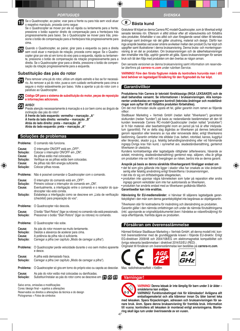 4719 Se o Quadrocopter, ao pairar, voar para a frente ou para trás sem você atuar o respetivo manípulo, proceda como segue:    Se o Quadrocopter se mover por ele só rápida ou lentamente para a frente, pressione o botão superior direito de compensação para a frente/para trás progressivamente para baixo. Se o Quadrocopter se mover para trás, pres-sione o botão de compensação para a frente/para trás progressivamente para cima.20 Quando o Quadrocopter, ao pairar, girar para a esquerda ou para a direita sem você atuar o manípulo de rotação, proceda como segue: Se o Quadro-copter girar por ele só em torno do eixo para a esquerda, rápida ou lentamen-te, pressione o botão de compensação da rotação progressivamente para a direita. Se o Quadrocopter girar para a direita, pressione o botão de compen-sação da rotação progressivamente para a esquerda.Substituição das pás do rotor21 Para remover uma pá do rotor, utilize um objeto estreito e liso se for necessá-rio. Ao remover a pá do rotor, puxe-a com cuidado verticalmente para cima e segure o motor estavelmente por baixo. Volte a apertar a pá do rotor com o parafuso ao Quadrocopter. 22 Código QR para o sistema de substituição do motor, peças de reposição e informações adicionais.23AVISO!  Preste atenção necessariamente à marcação e à cor bem como ao ângulo de inclinação das pás do rotor! À frente do lado esquerdo: vermelha – marcação „A“  À frente do lado direito: vermelha – marcação „B“  Atrás do lado direito: preta – marcação „B“  Atrás do lado esquerdo: preta – marcação „A“Soluções de problemasProblema:  O comando não funciona.Causa:   O interruptor ON/OFF está em „OFF“.Solução:   Colocar o interruptor ON/OFF em „ON“.Causa:  As pilhas estão mal colocadas.Solução:   Veriﬁque se as pilhas estão bem colocadas.Causa:  As pilhas não têm energia suﬁciente.Solução:  Colocar pilhas novas.Problema:   Não é possível comandar o Quadrocopter com o comando.Causa:   O interruptor do comando está em „OFF“.Solução:   Primeiro colocar o interruptor do comando em „ON“.Causa:   Eventualmente, a interligação entre o comando e o receptor do qua-drocopter não está correta. Solução:  Estabeleça a interligação como se descreve em „Lista de veriﬁcação (checklist) para preparação do voo“.Problema:   O Quadrocopter não descola.Causa:   O botão “Start Rotors” (ligar os rotores) no comando não está pressionado.Solução:   Pressionar o botão “Start Rotors” (ligar os rotores) no comando.Problema:   O Quadrocopter não sobe.Causa:   As pás do rotor movem-se muito lentamente.Solução:   Deslize a alavanca de acelerar para cima.Causa:   A potência da pilha não é suﬁciente.Solução:   Carregar a pilha (ver capítulo „Modo de carregar a pilha“).Problema:   O Quadrocopter perde velocidade durante o voo sem motivo aparente e desce.Causa:  A pilha está demasiado fraca.Solução:   Carregar a pilha (ver capítulo „Modo de carregar a pilha“).Problema:   O Quadrocopter só gira em torno do próprio eixo ou capota ao descolar.Causa:   As pás do rotor estão mal colocadas ou daniﬁcadas.Solução:   Substituir/instalar as pás do rotor como se descreve em 21 22 23.Salvo erros, omissões e modiﬁcaçõesCores /design ﬁnal – sujeitos a alteraçõesReservados os direitos a alterações da técnica e do designPictogramas = Fotos de símbolos Bästa kundGratulerar till köpet av denna Carrera RC-modell-Quadro copter, som är tillverkad enligt senaste tekniska rön. Eftersom vi alltid strävar efter att vidareutveckla och förbättra våra produkter, förbehåller vi oss alltid och utan föregående varsel rätten till tekniska ändringar samt ändringar när det gäller utrustning, material och design. Därför kan inga anspråk beaktas vad avser smärre avvikelser mellan den produkt Du har köpt och uppgifter samt illustrationer i denna bruksanvisning. Denna bruks- och monteringsan-visning är en del av produkten. Om bruksanvisningen och de säkerhetsanvisningar den innehåller inte följs, upphör garantin att gälla. Spara bruksanvisningen för senare bruk och låt den följa med produkten om den övertas av någon annan.Den senaste versionen av denna bruksanvisning samt information om reservde-lar återﬁnns på carrera-rc.com under rubriken Service.VARNING! Före den första ﬂygturen måste du kontrollera huruvida man i ditt land behöver en lagstadgad  försäkring för den ﬂygmodell du har köpt.GarantivillkorProdukterna från Carrera är tekniskt förstklassiga (INGA LEKSAKER) och de skall behandlas varsamt. Se informationen i bruksanvisningen. Alla kompo-nenter underkastas en noggrann kontroll (tekniska ändringar och modelländ-ringar som syftar till att förbättra produkten förbehålles). Om det mot förmodan skulle uppstå ett fel, gäller garantin inom ramen av följande villkor:Stadlbauer  Marketing  +  Vertrieb  GmbH  (nedan  kallat  ”tillverkaren”)  garanterar slutkunden (nedan ”kunden”) på basis av nedanstående bestämmelser att den till kunden  levererade  Carrera  RC-modell-Quadrocopter  (nedan  kallad  ”produkten”) är fri från material- eller bearbetningsfel inom en period på två år efter inköpsda-tum (garantitid).  Fel av detta slag  åtgärdas av tillverkaren på  dennes bekostnad genom reparation eller leverans av nya eller renoverade delar, enligt tillverkarens bedömning. Garantin omfattar inte slitdelar (t.ex. batteri, rotorblad, kaross, kugghjul eller liknande), skador p.g.a. felaktig behandling/användning eller vid främmande ingrepp.Övriga krav från kund, i synnerhet avs. skadeståndsersättning, gentemot tillverkaren är uteslutna.Kundens kontraktsenliga eller lagstadgade  rättigheter  (efterleverans, hävande av avtalet, minskning, skadeståndsersättning) gentemot resp. säljaren, vilka är giltiga om produkten inte var felfri vid övergången av risken, berörs inte av denna garanti.Anspråk på basis av denna särskilda tillverkargaranti föreligger endast om•  det fel som görs gällande inte ligger i skador vilka har orsakats av icke ändamål-senlig eller felaktig användning enligt föreskrifterna i bruksanvisningen,•  det inte rör sig om driftsbetingade slitagetecken,•  produkten inte uppvisar några kännetecken som tyder på reparation eller andra ingrepp genom verkstäder som inte har auktoriserats av tillverkaren,•  produkten har använts endast med av tillverkaren godkända tillbehör.Garantisedlar kan inte ersättas.Hänvisning för  EU-medlemsländer:  vi  hänvisar  till  säljarens  lagstadgade garan-tiskyldighet i den mån som denna garantiskyldighet inte begränsas av objektgarantin. Tillverkaren står för kostnaderna för insändning och återsändning av produkten.Garantin gäller i den nämnda omfattningen och under de nämnda förutsättningarna (inkl. uppvisande av originalköpdokumentet även i händelse av vidareförsäljning) för varje efterföljande, framtida ägare av produkten.Försäkran om överensstämmelseHärmed förklarar Stadlbauer Marketing + Vertrieb GmbH. att denna modell inkl. kon-troll överensstämmer med de grundläggande kraven i följande EU-direktiv: Enligt EG-direktiven 2009/48  och  2004/108/EG om  elektromagnetisk  kompatibilitet och övriga relevanta bestämmelser i direktivet 2014/53/EU (RED) .Originalet till försäkran om överensstämmelse kan beställas på carrera-rc.com.                       Max. radiofrekvenseﬀekt &lt;10dBmVarningar!VARNING! Denna leksak är inte lämplig för barn under 3 år ålder –  smådelarna kan sväljas.VARNING! Funktionsbetingad risk för klämskador! Avlägsna allt emballagematerial och alla klämmor  innan Du låter barnet leka med leksaken. Spara förpackningen, adressen och bruksanvisningen för se-nare bruk. Anm. Spara denna bruksanvisning för framtida bruk. Information till vuxna: kontrollera att leksaken är monterad enligt anvisningarna. Monte-ring skall äga rum under överinseende av en vuxen.SVENSKAPORTUGUĘS