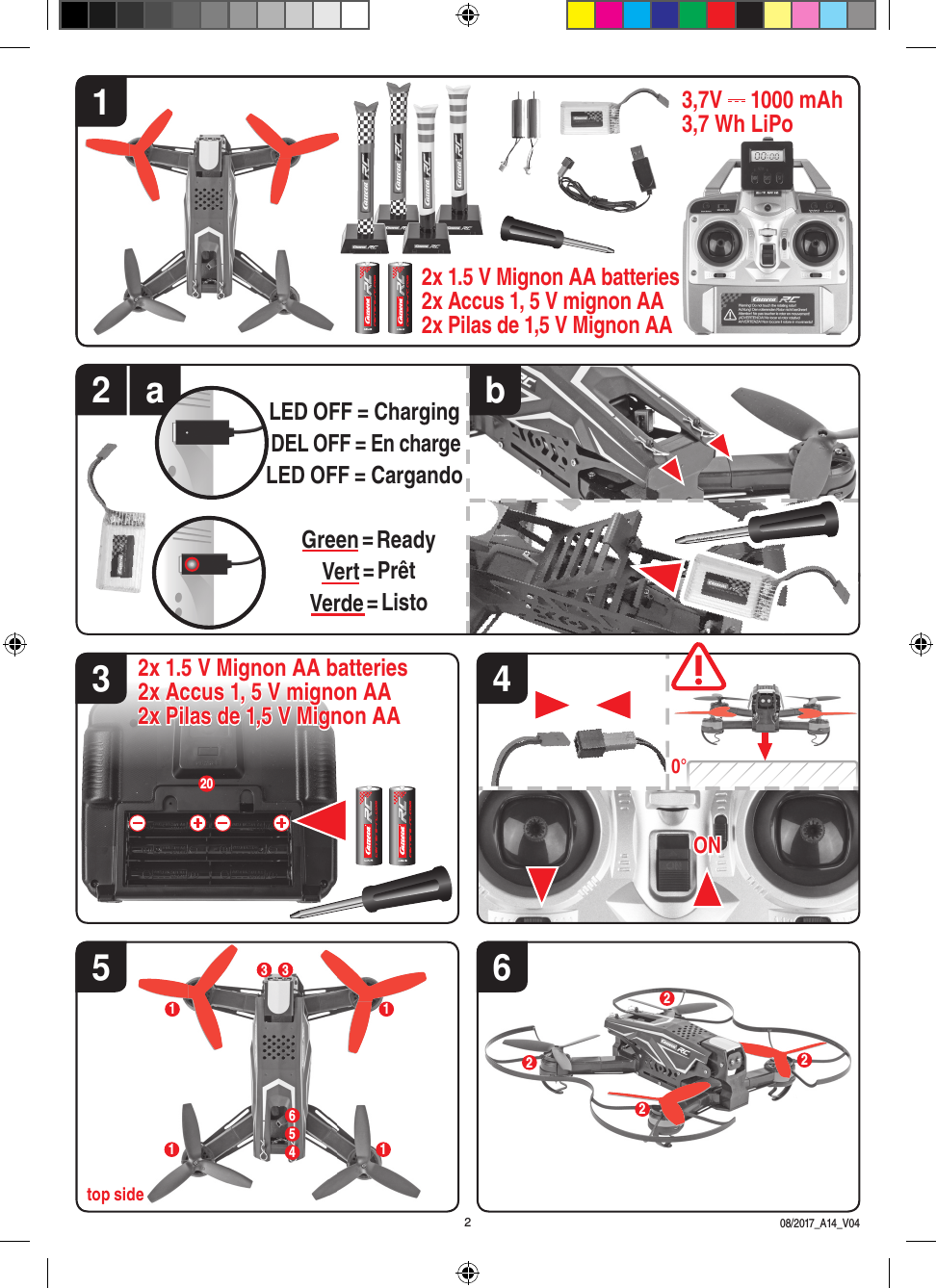 ON0°43652x 1.5 V Mignon AA batteries 2x Accus 1, 5 V mignon AA2x Pilas de 1,5 V Mignon AALED OFF = ChargingDEL OFF = En chargeLED OFF = CargandoGreen = ReadyVert = PrêtVerde = Listo2 a b2x 1.5 V Mignon AA batteries 2x Accus 1, 5 V mignon AA2x Pilas de 1,5 V Mignon AA203 3111222214562top side3,7V   1000 mAh3,7 Wh LiPo08/2017_A14_V041