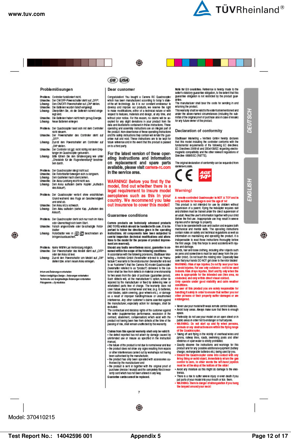 www.tuv.com   Test Report No.:  14042596 001  Appendix 5  Page 12 of 17  Model: 370410215 