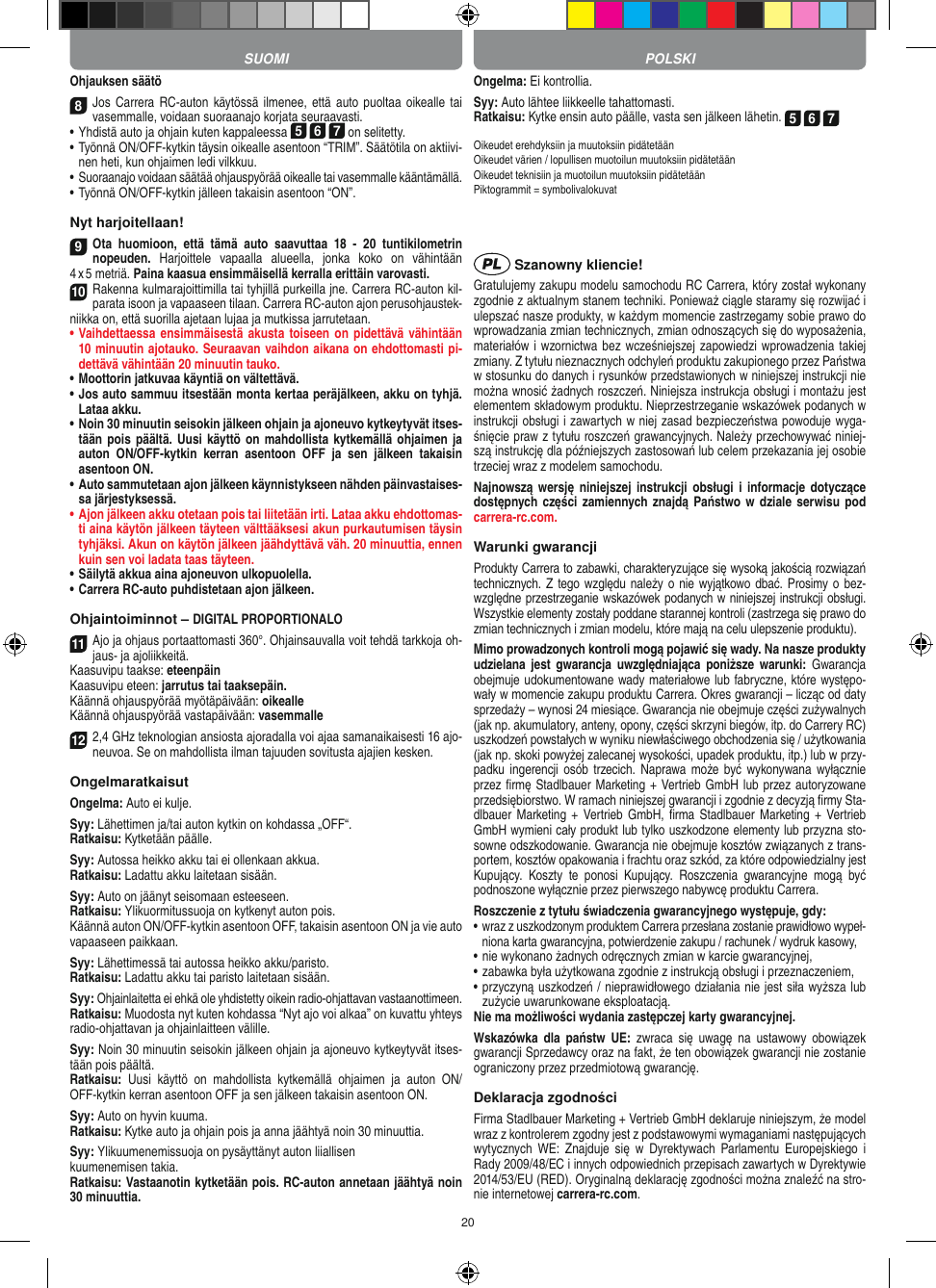 20Ohjauksen säätö8Jos Carrera RC-auton käytössä  ilmenee,  että auto puoltaa  oikealle tai vasemmalle, voidaan suoraanajo korjata seuraavasti.   •     Yhdistä auto ja ohjain kuten kappaleessa 5 6 7 on selitetty. •     Työnnä ON/OFF-kytkin täysin oikealle asentoon “TRIM”. Säätötila on aktiivi-nen heti, kun ohjaimen ledi vilkkuu.•     Suoraanajo voidaan säätää ohjauspyörää oikealle tai vasemmalle kääntämällä.  • Työnnä ON/OFF-kytkin jälleen takaisin asentoon “ON”.Nyt harjoitellaan!9Ota  huomioon,  että  tämä  auto  saavuttaa  18  -  20  tuntikilometrin  nopeuden.  Harjoittele  vapaalla  alueella,  jonka  koko  on  vähintään  4 x 5 metriä. Paina kaasua ensimmäisellä kerralla erittäin varovasti.10Rakenna kulmarajoittimilla tai tyhjillä purkeilla jne. Carrera RC-auton kil-parata isoon ja vapaaseen tilaan. Carrera RC-auton ajon perusohjaustek-niikka on, että suorilla ajetaan lujaa ja mutkissa jarrutetaan.•  Vaihdettaessa ensimmäisestä akusta toiseen on pidettävä vähintään 10 minuutin ajotauko. Seuraavan vaihdon aikana on ehdottomasti pi-dettävä vähintään 20 minuutin tauko.•  Moottorin jatkuvaa käyntiä on vältettävä.•  Jos auto sammuu itsestään monta kertaa peräjälkeen, akku on tyhjä. Lataa akku.•  Noin 30 minuutin seisokin jälkeen ohjain ja ajoneuvo kytkeytyvät itses-tään pois päältä.  Uusi käyttö on mahdollista kytkemällä ohjaimen ja auton  ON/OFF-kytkin  kerran  asentoon  OFF  ja  sen  jälkeen  takaisin asentoon ON.•  Auto sammutetaan ajon jälkeen käynnistykseen nähden päinvastaises-sa järjestyksessä.•  Ajon jälkeen akku otetaan pois tai liitetään irti. Lataa akku ehdottomas-ti aina käytön jälkeen täyteen välttääksesi akun purkautumisen täysin tyhjäksi. Akun on käytön jälkeen jäähdyttävä väh. 20 minuuttia, ennen kuin sen voi ladata taas täyteen. •  Säilytä akkua aina ajoneuvon ulkopuolella.•  Carrera RC-auto puhdistetaan ajon jälkeen.Ohjaintoiminnot – DIGITAL PROPORTIONALO11Ajo ja ohjaus portaattomasti 360°. Ohjainsauvalla voit tehdä tarkkoja oh-jaus- ja ajoliikkeitä.Kaasuvipu taakse: eteenpäinKaasuvipu eteen: jarrutus tai taaksepäin.Käännä ohjauspyörää myötäpäivään: oikealleKäännä ohjauspyörää vastapäivään: vasemmalle122,4 GHz teknologian ansiosta ajoradalla voi ajaa samanaikaisesti 16 ajo-neuvoa. Se on mahdollista ilman tajuuden sovitusta ajajien kesken.OngelmaratkaisutOngelma: Auto ei kulje.Syy: Lähettimen ja/tai auton kytkin on kohdassa „OFF“.Ratkaisu: Kytketään päälle.Syy: Autossa heikko akku tai ei ollenkaan akkua.Ratkaisu: Ladattu akku laitetaan sisään.Syy: Auto on jäänyt seisomaan esteeseen. Ratkaisu: Ylikuormitussuoja on kytkenyt auton pois.Käännä auton ON/OFF-kytkin asentoon OFF, takaisin asentoon ON ja vie auto vapaaseen paikkaan.Syy: Lähettimessä tai autossa heikko akku/paristo.Ratkaisu: Ladattu akku tai paristo laitetaan sisään.Syy: Ohjainlaitetta ei ehkä ole yhdistetty oikein radio-ohjattavan vastaanottimeen.Ratkaisu: Muodosta nyt kuten kohdassa “Nyt ajo voi alkaa” on kuvattu yhteys radio-ohjattavan ja ohjainlaitteen välille.Syy: Noin 30 minuutin seisokin jälkeen ohjain ja ajoneuvo kytkeytyvät itses-tään pois päältä.Ratkaisu:  Uusi  käyttö  on  mahdollista  kytkemällä  ohjaimen  ja  auton  ON/OFF-kytkin kerran asentoon OFF ja sen jälkeen takaisin asentoon ON.Syy: Auto on hyvin kuuma.Ratkaisu: Kytke auto ja ohjain pois ja anna jäähtyä noin 30 minuuttia.Syy: Ylikuumenemissuoja on pysäyttänyt auton liiallisenkuumenemisen takia.Ratkaisu: Vastaanotin kytketään pois. RC-auton annetaan jäähtyä noin 30 minuuttia.Ongelma: Ei kontrollia.Syy: Auto lähtee liikkeelle tahattomasti.Ratkaisu: Kytke ensin auto päälle, vasta sen jälkeen lähetin. 5 6 7Oikeudet erehdyksiin ja muutoksiin pidätetäänOikeudet värien / lopullisen muotoilun muutoksiin pidätetäänOikeudet teknisiin ja muotoilun muutoksiin pidätetään Piktogrammit = symbolivalokuvat  Szanowny kliencie!Gratulujemy zakupu modelu samochodu RC Carrera, który został wykonany zgodnie z aktualnym stanem techniki.  Ponieważ ciągle staramy się rozwijać i ulepszać nasze produkty, w każdym momencie zastrzegamy sobie prawo do wprowadzania zmian technicznych, zmian odnoszących się do wyposażenia, materiałów i wzornictwa bez wcześniejszej zapowiedzi wprowadzenia takiej zmiany. Z tytułu nieznacznych odchyleń produktu zakupionego przez  Państwa w stosunku do danych i rysunków przedstawionych w niniejszej instrukcji nie można wnosić żadnych roszczeń. Niniejsza instrukcja obsługi i montażu jest elementem składowym produktu. Nieprzestrzeganie wskazówek podanych w instrukcji obsługi i zawartych w niej zasad bezpieczeństwa powoduje wyga-śnięcie praw z tytułu roszczeń grawancyjnych. Należy przechowywać niniej-szą instrukcję dla późniejszych zastosowań lub celem przekazania jej osobie trzeciej wraz z modelem samochodu.Najnowszą wersję  niniejszej  instrukcji  obsługi  i  informacje dotyczące dostępnych  części zamiennych znajdą  Państwo w dziale  serwisu  pod carrera-rc.com.Warunki gwarancjiProdukty Carrera to zabawki, charakteryzujące się wysoką  jakością rozwiązań technicznych. Z tego względu należy o  nie wyjątkowo dbać.  Prosimy o  bez-względne przestrzeganie wskazówek podanych w niniejszej instrukcji obsługi. Wszystkie elementy zostały poddane starannej kontroli (zastrzega się prawo do zmian technicznych i zmian modelu, które mają na celu ulepszenie  produktu).Mimo prowadzonych kontroli mogą pojawić się wady. Na nasze produkty udzielana  jest  gwarancja  uwzględniająca  poniższe  warunki:  Gwarancja obejmuje udokumentowane wady materiałowe lub  fabryczne, które występo-wały w momencie zakupu  produktu  Carrera. Okres gwarancji – licząc od daty sprzedaży – wynosi 24 miesiące. Gwarancja nie obejmuje części zużywalnych (jak np. akumulatory, anteny, opony, części skrzyni biegów, itp. do Carrery RC) uszkodzeń powstałych w wyniku niewłaściwego obchodzenia się / użytkowania (jak np. skoki powyżej zalecanej wysokości,  upadek produktu, itp.) lub w przy-padku ingerencji osób  trzecich.  Naprawa może  być wykonywana wyłącznie przez ﬁrmę Stadlbauer Marketing + Vertrieb GmbH lub przez autoryzowane przedsiębiorstwo. W ramach niniejszej gwarancji i zgodnie z  decyzją ﬁrmy Sta-dlbauer Marketing  + Vertrieb  GmbH,  ﬁrma   Stadlbauer  Marketing +  Vertrieb GmbH wymieni cały produkt lub tylko uszkodzone elementy lub przyzna sto-sowne odszkodowanie. Gwarancja nie obejmuje kosztów związanych z trans-portem, kosztów opakowania i frachtu oraz szkód, za które odpowiedzialny jest Kupujący.  Koszty  te  ponosi   Kupujący.  Roszczenia  gwarancyjne  mogą  być podnoszone wyłącznie przez pierwszego nabywcę produktu  Carrera.Roszczenie z tytułu świadczenia gwarancyjnego występuje, gdy:•  wraz z uszkodzonym produktem Carrera przesłana  zostanie prawidłowo wypeł-niona karta gwarancyjna, potwierdzenie zakupu / rachunek / wydruk kasowy,•  nie wykonano żadnych odręcznych zmian w karcie gwarancyjnej,•  zabawka była użytkowana zgodnie z instrukcją obsługi i przeznaczeniem,•  przyczyną uszkodzeń / nieprawidłowego działania nie jest siła wyższa lub zużycie uwarunkowane eksploatacją.Nie ma możliwości wydania zastępczej karty gwarancyjnej.Wskazówka dla  państw  UE:  zwraca  się  uwagę  na  ustawowy  obowiązek gwarancji Sprzedawcy oraz na fakt, że ten obowiązek gwarancji nie zostanie ograniczony przez przedmiotową gwarancję. Deklaracja zgodnościFirma Stadlbauer Marketing + Vertrieb GmbH deklaruje niniejszym, że model wraz z kontrolerem zgodny jest z podstawowymi wymaganiami następujących wytycznych  WE:  Znajduje  się  w   Dyrektywach  Parlamentu  Europejskiego  i Rady 2009/48/EC i  innych odpowiednich przepisach zawartych w Dyrektywie 2014/53/EU (RED). Oryginalną deklarację zgodności można znaleźć na stro-nie internetowej carrera-rc.com.SUOMI POLSKI