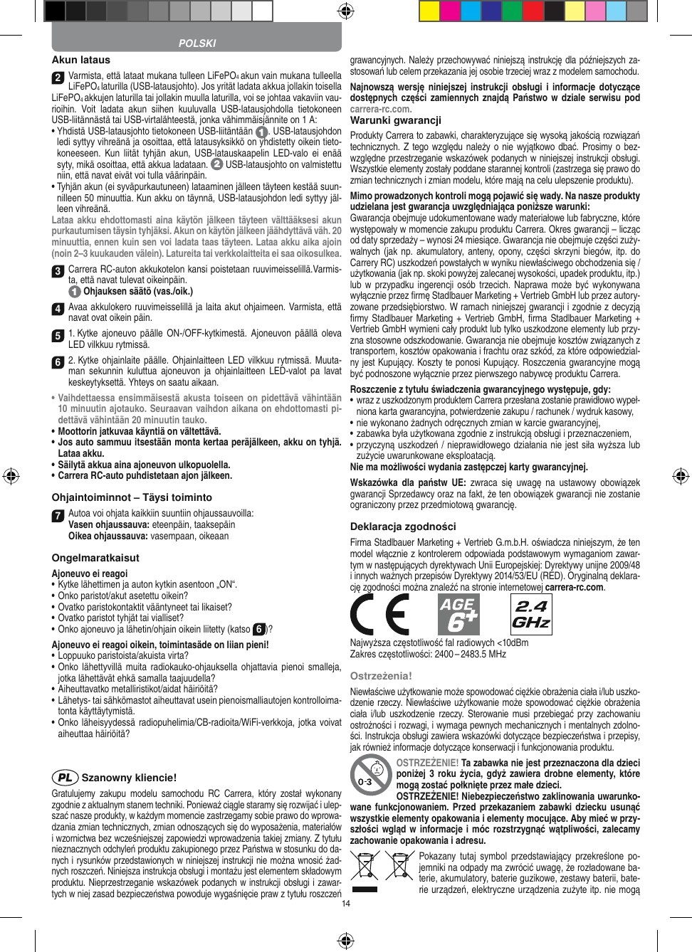 14Akun lataus2Varmista, että lataat mukana tulleen LiFePO4 akun vain mukana tulleella LiFePO4 laturilla (USB-latausjohto). Jos yrität ladata akkua jollakin toisella  LiFePO4 akkujen laturilla tai jollakin muulla laturilla, voi se johtaa vakaviin vau-rioihin.  Voit  ladata  akun  siihen  kuuluvalla  USB-latausjohdolla  tietokoneen USB-liitännästä tai USB-virtalähteestä, jonka vähimmäisjännite on 1 A:  •  Yhdistä USB-latausjohto tietokoneen USB-liitäntään  . USB-latausjohdon ledi syttyy vihreänä ja osoittaa, että latausyksikkö on yhdistetty oikein tieto-koneeseen. Kun  liität  tyhjän  akun,  USB-latauskaapelin  LED-valo  ei  enää syty, mikä osoittaa, että akkua ladataan.   USB-latausjohto on valmistettu niin, että navat eivät voi tulla väärinpäin.•  Tyhjän akun (ei syväpurkautuneen) lataaminen jälleen täyteen kestää suun-nilleen 50 minuuttia. Kun akku on täynnä, USB-latausjohdon ledi syttyy jäl-leen vihreänä.Lataa  akku  ehdottomasti aina  käytön jälkeen  täyteen välttääksesi akun purkautumisen täysin tyhjäksi. Akun on käytön jälkeen jäähdyttävä väh. 20 minuuttia, ennen kuin sen voi ladata taas täyteen. Lataa akku aika ajoin (noin 2–3 kuukauden välein). Latureita tai verkkolaitteita ei saa oikosulkea.3Carrera RC-auton akkukotelon kansi poistetaan ruuvimeisselillä.Varmis-ta, että navat tulevat oikeinpäin.   Ohjauksen säätö (vas./oik.)4Avaa akkulokero ruuvimeisselillä ja laita akut  ohjaimeen. Varmista, että navat ovat oikein päin. 51. Kytke ajoneuvo  päälle  ON-/OFF-kytkimestä. Ajoneuvon  päällä  oleva LED vilkkuu rytmissä. 6 2. Kytke ohjainlaite päälle. Ohjainlaitteen LED vilkkuu rytmissä. Muuta-man  sekunnin  kuluttua  ajoneuvon  ja  ohjainlaitteen  LED-valot  pa  lavat keskeytyksettä. Yhteys on saatu aikaan.•  Vaihdettaessa ensimmäisestä akusta toiseen on pidettävä vähintään 10 minuutin ajotauko. Seuraavan vaihdon aikana on ehdottomasti pi-dettävä vähintään 20 minuutin tauko.•  Moottorin jatkuvaa käyntiä on vältettävä.•  Jos auto sammuu itsestään monta kertaa peräjälkeen, akku on tyhjä. Lataa akku.•  Säilytä akkua aina ajoneuvon ulkopuolella.•  Carrera RC-auto puhdistetaan ajon jälkeen.Ohjaintoiminnot – Täysi toiminto7Autoa voi ohjata kaikkiin suuntiin ohjaussauvoilla: Vasen ohjaussauva: eteenpäin, taaksepäin Oikea ohjaussauva: vasempaan, oikeaanOngelmaratkaisutAjoneuvo ei reagoi•  Kytke lähettimen ja auton kytkin asentoon „ON“.•  Onko paristot/akut asetettu oikein?•  Ovatko paristokontaktit vääntyneet tai likaiset?•  Ovatko paristot tyhjät tai vialliset?• Onko ajoneuvo ja lähetin/ohjain oikein liitetty (katso 6)?Ajoneuvo ei reagoi oikein, toimintasäde on liian pieni!•  Loppuuko paristoista/akuista virta?•  Onko lähettyvillä muita  radiokauko-ohjauksella ohjattavia  pienoi smalleja, jotka lähettävät ehkä samalla taajuudella?•  Aiheuttavatko metalliristikot/aidat häiriöitä?•  Lähetys- tai sähkömastot aiheuttavat usein pienoismalliautojen kontrolloima-tonta käyttäytymistä.•  Onko läheisyydessä radiopuhelimia/CB-radioita/WiFi-verkkoja, jotka voivat aiheuttaa häiriöitä? Szanowny kliencie!Gratulujemy  zakupu  modelu  samochodu  RC  Carrera,  który  został  wykonany zgodnie z aktualnym stanem techniki.  Ponieważ ciągle staramy się rozwijać i ulep-szać nasze produkty, w każdym momencie zastrzegamy sobie prawo do wprowa-dzania zmian technicznych, zmian odnoszących się do wyposażenia, materiałów i wzornictwa bez wcześniejszej zapowiedzi wprowadzenia takiej zmiany. Z tytułu nieznacznych odchyleń produktu zakupionego przez  Państwa w stosunku do da-nych i rysunków przedstawionych w niniejszej instrukcji nie można wnosić żad-nych roszczeń. Niniejsza instrukcja obsługi i montażu jest elementem składowym produktu. Nieprzestrzeganie wskazówek podanych w instrukcji obsługi i zawar-tych w niej zasad bezpieczeństwa powoduje wygaśnięcie praw z tytułu roszczeń grawancyjnych. Należy przechowywać niniejszą instrukcję dla późniejszych za-stosowań lub celem przekazania jej osobie trzeciej wraz z modelem samochodu.Najnowszą wersję  niniejszej  instrukcji obsługi  i  informacje dotyczące dostępnych  części zamiennych znajdą Państwo w dziale  serwisu  pod carrera-rc.com.Warunki gwarancjiProdukty Carrera to zabawki, charakteryzujące się wysoką  jakością rozwiązań technicznych. Z  tego  względu należy o nie  wyjątkowo dbać. Prosimy o bez-względne przestrzeganie wskazówek podanych w niniejszej instrukcji obsługi. Wszystkie elementy zostały poddane starannej kontroli (zastrzega się prawo do zmian technicznych i zmian modelu, które mają na celu ulepszenie  produktu).Mimo prowadzonych kontroli mogą pojawić się wady. Na nasze produkty udzielana jest gwarancja uwzględniająca poniższe warunki:Gwarancja obejmuje udokumentowane wady materiałowe lub  fabryczne, które występowały w momencie zakupu  produktu  Carrera. Okres gwarancji – licząc od daty sprzedaży – wynosi 24 miesiące. Gwarancja nie obejmuje części zuży-walnych  (jak np. akumulatory, anteny, opony, części  skrzyni biegów, itp. do Carrery RC) uszkodzeń powstałych w wyniku niewłaściwego obchodzenia się / użytkowania (jak np. skoki powyżej zalecanej wysokości,  upadek produktu, itp.) lub w  przypadku  ingerencji osób  trzecich. Naprawa może być wykonywana wyłącznie przez ﬁrmę Stadlbauer Marketing + Vertrieb GmbH lub przez autory-zowane przedsiębiorstwo. W ramach niniejszej gwarancji i zgodnie z  decyzją ﬁrmy Stadlbauer Marketing + Vertrieb GmbH, ﬁrma  Stadlbauer Marketing + Vertrieb GmbH wymieni cały produkt lub tylko uszkodzone elementy lub przy-zna stosowne odszkodowanie. Gwarancja nie obejmuje kosztów związanych z transportem, kosztów opakowania i frachtu oraz szkód, za które odpowiedzial-ny jest Kupujący. Koszty te ponosi  Kupujący. Roszczenia gwarancyjne mogą być podnoszone wyłącznie przez pierwszego nabywcę produktu  Carrera.Roszczenie z tytułu świadczenia gwarancyjnego występuje, gdy:•  wraz z uszkodzonym produktem Carrera przesłana  zostanie prawidłowo wypeł-niona karta gwarancyjna, potwierdzenie zakupu / rachunek / wydruk kasowy,•  nie wykonano żadnych odręcznych zmian w karcie gwarancyjnej,•  zabawka była użytkowana zgodnie z instrukcją obsługi i przeznaczeniem,•  przyczyną uszkodzeń / nieprawidłowego działania nie jest siła wyższa lub zużycie uwarunkowane eksploatacją.Nie ma możliwości wydania zastępczej karty gwarancyjnej.Wskazówka  dla  państw  UE:  zwraca  się uwagę  na  ustawowy  obowiązek gwarancji Sprzedawcy oraz na fakt, że ten obowiązek gwarancji nie zostanie ograniczony przez przedmiotową gwarancję. Deklaracja zgodnościFirma Stadlbauer Marketing + Vertrieb G.m.b.H. oświadcza niniejszym, że ten model włącznie z kontrolerem odpowiada podstawowym wymaganiom zawar-tym w następujących dyrektywach Unii Europejskiej: Dyrektywy unijne 2009/48 i innych ważnych przepisów Dyrektywy 2014/53/EU (RED). Oryginalną deklara-cję zgodności można znaleźć na stronie internetowej carrera-rc.com.            Najwyższa częstotliwość fal radiowych &lt;10dBmZakres częstotliwości: 2400 – 2483.5 MHzOstrzeżenia!Niewłaściwe użytkowanie może spowodować ciężkie obrażenia ciała i/lub uszko-dzenie rzeczy. Niewłaściwe użytkowanie może spowodować ciężkie obrażenia ciała i/lub  uszkodzenie rzeczy.  Sterowanie  musi  przebiegać przy  zachowaniu ostrożności i rozwagi, i wymaga pewnych mechanicznych i mentalnych zdolno-ści. Instrukcja obsługi zawiera wskazówki dotyczące bezpieczeństwa i przepisy, jak również informacje dotyczące konserwacji i funkcjonowania produktu. OSTRZEŻENIE! Ta zabawka nie jest przeznaczona dla dzieci poniżej 3  roku życia, gdyż  zawiera drobne elementy, które mogą zostać połknięte przez małe dzieci. OSTRZEŻENIE! Niebezpieczeństwo zaklinowania uwarunko-wane funkcjonowaniem. Przed przekazaniem  zabawki dziecku usunąć wszystkie  elementy opakowania i elementy mocujące. Aby mieć w przy-szłości wgląd w informacje i móc rozstrzygnąć wątpliwości, zalecamy zachowanie opakowania i adresu.Pokazany  tutaj  symbol  przedstawiający  przekreślone po-jemniki na odpady ma zwrócić uwagę, że rozładowane ba-terie, akumulatory, baterie guzikowe, zestawy baterii, bate-rie urządzeń, elektryczne urządzenia zużyte itp. nie mogą POLSKI