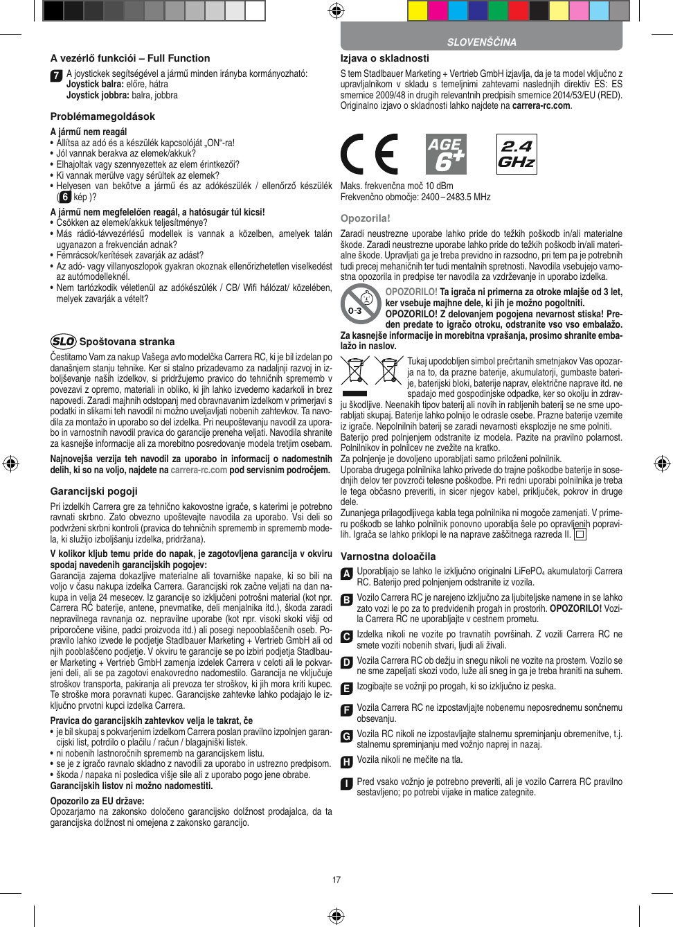 17A vezérlő funkciói – Full Function7A joystickek segítségével a jármű minden irányba kormányozható: Joystick balra: előre, hátra Joystick jobbra: balra, jobbraProblémamegoldásokA jármű nem reagál•  Állítsa az adó és a készülék kapcsolóját „ON“-ra!•  Jól vannak berakva az elemek/akkuk?•  Elhajoltak vagy szennyezettek az elem érintkezői?•  Ki vannak merülve vagy sérültek az elemek?•  Helyesen  van  bekötve  a  jármű  és  az  adókészülék  /  ellenőrző  készülék  (6 kép )?A jármű nem megfelelően reagál, a hatósugár túl kicsi!•  Csökken az elemek/akkuk teljesítménye?•  Más  rádió-távvezérlésű  modellek  is  vannak  a  közelben,  amelyek  talán ugyanazon a frekvencián adnak?•  Fémrácsok/kerítések zavarják az adást?•  Az adó- vagy villanyoszlopok gyakran okoznak ellenőrizhetetlen viselkedést az autómodelleknél.•  Nem tartózkodik véletlenül az adókészülék / CB/ Wiﬁ hálózat/ közelében, melyek zavarják a vételt? Spoštovana strankaČestitamo Vam za nakup Vašega avto modelčka Carrera RC, ki je bil izdelan po današnjem stanju tehnike. Ker si stalno prizadevamo za nadaljnji razvoj in iz-boljševanje naših  izdelkov, si  pridržujemo pravico do tehničnih sprememb v povezavi z opremo, materiali in obliko, ki jih lahko izvedemo kadarkoli in brez napovedi. Zaradi majhnih odstopanj med obravnavanim izdelkom v primerjavi s podatki in slikami teh navodil ni možno uveljavljati nobenih zahtevkov. Ta navo-dila za montažo in uporabo so del izdelka. Pri neupoštevanju navodil za upora-bo in varnostnih navodil pravica do garancije preneha veljati. Navodila shranite za kasnejše informacije ali za morebitno posredovanje modela tretjim osebam.Najnovejša verzija teh navodil za  uporabo  in informacij  o  nadomestnih delih, ki so na voljo, najdete na carrera-rc.com pod servisnim področjem.Garancijski pogojiPri izdelkih Carrera gre za tehnično kakovostne igrače, s katerimi je potrebno ravnati skrbno. Zato obvezno upoštevajte navodila za  uporabo.  Vsi deli  so podvrženi skrbni kontroli (pravica do tehničnih sprememb in sprememb mode-la, ki služijo izboljšanju izdelka, pridržana). V kolikor kljub temu pride do napak, je zagotovljena garancija v okviru spodaj navedenih garancijskih pogojev: Garancija zajema  dokazljive materialne ali tovarniške napake, ki so  bili na voljo v času nakupa izdelka Carrera. Garancijski rok začne veljati na dan na-kupa in velja 24 mesecev. Iz garancije so  izključeni potrošni material (kot npr. Carrera RC baterije, antene, pnevmatike, deli menjalnika itd.), škoda zaradi nepravilnega ravnanja oz. nepravilne uporabe (kot npr. visoki skoki višji od priporočene višine, padci proizvoda itd.) ali posegi nepooblaščenih oseb. Po-pravilo lahko izvede le podjetje Stadlbauer Marketing + Vertrieb GmbH ali od njih pooblaščeno podjetje. V okviru te garancije se po izbiri podjetja Stadlbau-er Marketing + Vertrieb GmbH zamenja  izdelek Carrera v celoti ali le pokvar-jeni deli, ali se pa zagotovi enakovredno nadomestilo. Garancija ne vključuje stroškov  transporta, pakiranja ali prevoza ter stroškov, ki jih mora kriti  kupec. Te stroške mora poravnati kupec. Garancijske zahtevke lahko podajajo le iz-ključno prvotni kupci izdelka Carrera. Pravica do garancijskih zahtevkov velja le takrat, če•  je bil skupaj s pokvarjenim izdelkom Carrera poslan pravilno  izpolnjen garan-cijski list, potrdilo o plačilu / račun / blagajniški  listek. •  ni nobenih lastnoročnih sprememb na garancijskem listu. •  se je z igračo ravnalo skladno z navodili za uporabo in ustrezno predpisom. • škoda / napaka ni posledica višje sile ali z uporabo pogo jene obrabe. Garancijskih listov ni možno nadomestiti.Opozorilo za EU države: Opozarjamo  na  zakonsko  določeno  garancijsko dolžnost  prodajalca, da  ta garancijska dolžnost ni omejena z zakonsko garancijo. Izjava o skladnostiS tem Stadlbauer Marketing + Vertrieb GmbH izjavlja, da je ta model vključno z upravljalnikom  v  skladu  s  temeljnimi  zahtevami  naslednjih  direktiv  ES:  ES smernice 2009/48 in drugih relevantnih predpisih smernice 2014/53/EU (RED).Originalno izjavo o skladnosti lahko najdete na carrera-rc.com.            Maks. frekvenčna moč 10 dBmFrekvenčno območje: 2400 – 2483.5 MHzOpozorila!Zaradi neustrezne uporabe lahko pride  do težkih poškodb in/ali materialne škode. Zaradi neustrezne uporabe lahko pride do težkih poškodb in/ali materi-alne škode. Upravljati ga je treba previdno in razsodno, pri tem pa je potrebnih tudi precej mehaničnih ter tudi mentalnih spretnosti. Navodila vsebujejo varno-stna opozorila in predpise ter navodila za vzdrževanje in uporabo izdelka. OPOZORILO! Ta igrača ni primerna za otroke mlajše od 3 let, ker vsebuje majhne dele, ki jih je možno pogoltniti. OPOZORILO! Z delovanjem pogojena nevarnost stiska! Pre-den predate to igračo otroku, odstranite vso vso embalažo. Za kasnejše informacije in morebitna vprašanja, prosimo shranite emba-lažo in naslov.Tukaj upodobljen simbol prečrtanih smetnjakov Vas opozar-ja na to, da prazne  baterije, akumulatorji, gumbaste bateri-je, baterijski bloki, baterije naprav, električne naprave itd. ne spadajo med gospodinjske odpadke, ker so okolju in zdrav-ju škodljive. Neenakih tipov baterij ali novih in rabljenih baterij se ne sme upo-rabljati skupaj. Baterije lahko polnijo le odrasle osebe. Prazne baterije vzemite iz igrače. Nepolnilnih baterij se zaradi nevarnosti eksplozije ne sme polniti. Baterijo pred polnjenjem odstranite iz modela. Pazite na pravilno polarnost. Polnilnikov in polnilcev ne zvežite na kratko. Za polnjenje je dovoljeno uporabljati samo priloženi polnilnik.Uporaba drugega polnilnika lahko privede do trajne poškodbe baterije in sose-dnjih delov ter povzroči telesne poškodbe. Pri redni uporabi polnilnika je treba le tega občasno preveriti, in sicer njegov  kabel, priključek, pokrov in druge dele. Zunanjega prilagodljivega kabla tega polnilnika ni mogoče zamenjati. V prime-ru poškodb se lahko polnilnik ponovno uporablja šele po opravljenih popravi-lih.  Igrača se lahko priklopi le na naprave zaščitnega razreda II.   Varnostna doloačilaAUporabljajo se lahko le izključno originalni LiFePO4 akumulatorji Carrera RC. Baterijo pred polnjenjem odstranite iz  vozila.B Vozilo Carrera RC je narejeno izključno za ljubiteljske namene in se lahko zato vozi le po za to predvidenih progah in prostorih. OPOZORILO! Vozi-la Carrera RC ne uporabljajte v cestnem prometu.CIzdelka nikoli ne vozite po travnatih površinah. Z vozili  Carrera RC ne smete voziti nobenih stvari, ljudi ali živali.DVozila Carrera RC ob dežju in snegu nikoli ne vozite na prostem. Vozilo se ne sme zapeljati skozi vodo, luže ali sneg in ga je treba hraniti na suhem.EIzogibajte se vožnji po progah, ki so izključno iz peska.FVozila Carrera RC ne izpostavljajte nobenemu  neposrednemu sončnemu obsevanju. GVozila RC nikoli ne izpostavljajte stalnemu spreminjanju obremenitve, t.j. stalnemu spreminjanju med vožnjo naprej in nazaj.HVozila nikoli ne mečite na tla.IPred vsako vožnjo je potrebno preveriti, ali je vozilo Carrera RC pravilno sestavljeno; po potrebi vijake in matice zategnite. SLOVENŠČINA