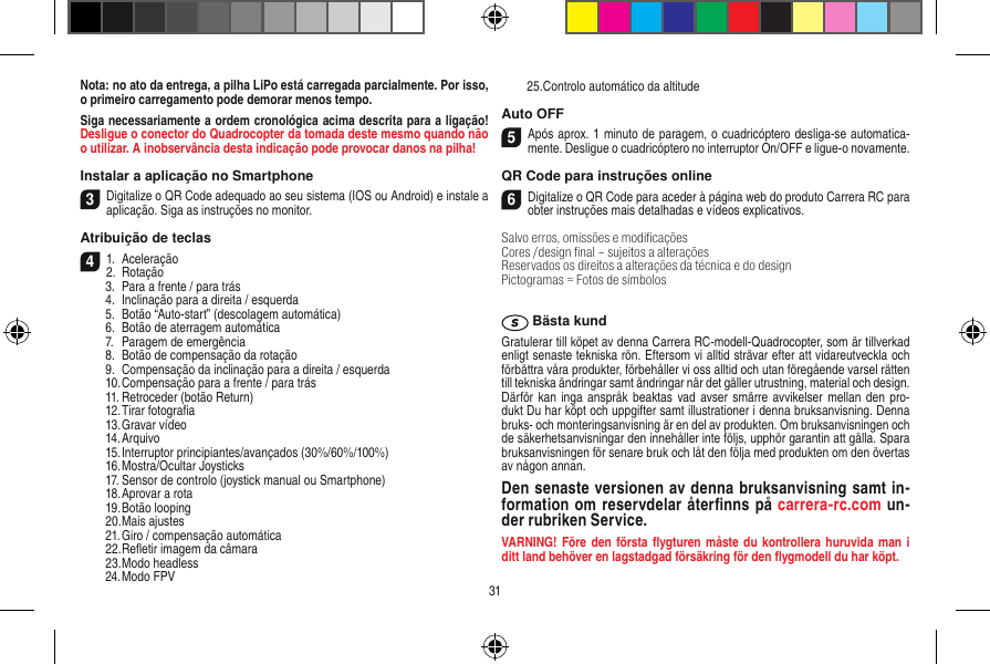 Nota: no ato da entrega, a pilha LiPo está carregada parcialmente. Por isso, o primeiro carregamento pode demorar menos tempo.Siga necessariamente a ordem cronológica acima descrita para a ligação! Desligue o conector do Quadrocopter da tomada deste mesmo quando não o utilizar. A inobservância desta indicação pode provocar danos na pilha!Instalar a aplicação no Smartphone3Digitalize o QR Code adequado ao seu sistema (IOS ou Android) e instale a aplicação. Siga as instruções no monitor.Atribuição de teclas 41.  Aceleração2.  Rotação  3.  Para a frente / para trás  4.  Inclinação para a direita / esquerda  5.  Botão “Auto-start” (descolagem automática)  6.  Botão de aterragem automática  7.  Paragem de emergência   8.  Botão de compensação da rotação  9.  Compensação da inclinação para a direita / esquerda  10. Compensação para a frente / para trás  11. Retroceder (botão Return)  12. Tirar fotograﬁa  13. Gravar vídeo  14. Arquivo  15. Interruptor principiantes/avançados (30%/60%/100%)  16. Mostra/Ocultar Joysticks  17. Sensor de controlo (joystick manual ou Smartphone)  18. Aprovar a rota  19. Botão looping  20. Mais ajustes  21. Giro / compensação automática  22. Reﬂetir imagem da câmara  23. Modo headless  24. Modo FPV  25. Controlo automático da altitudeAuto OFF5Após aprox. 1 minuto de paragem, o cuadricóptero desliga-se automatica-mente. Desligue o cuadricóptero no interruptor On/OFF e ligue-o novamente.QR Code para instruções online6Digitalize o QR Code para aceder à página web do produto Carrera RC para obter instruções mais detalhadas e vídeos explicativos.Salvo erros, omissões e modiﬁcações Cores /design ﬁnal – sujeitos a alteraçõesReservados os direitos a alterações da técnica e do design Pictogramas = Fotos de símbolos Bästa kundGratulerar till köpet av denna Carrera RC-modell-Quadro copter, som är tillverkad enligt senaste tekniska rön. Eftersom vi alltid strävar efter att vidareutveckla och förbättra våra produkter, förbehåller vi oss alltid och utan föregående varsel rätten till tekniska ändringar samt ändringar när det gäller utrustning, material och design. Därför kan  inga anspråk  beaktas vad avser smärre avvikelser mellan den  pro-dukt Du har köpt och uppgifter samt illustrationer i denna bruksanvisning. Denna bruks- och monteringsanvisning är en del av produkten. Om bruksanvisningen och de säkerhetsanvisningar den innehåller inte följs, upphör garantin att gälla. Spara bruksanvisningen för senare bruk och låt den följa med produkten om den övertas av någon annan.Den senaste versionen av denna bruksanvisning samt in-formation om reservdelar återﬁnns på carrera-rc.com un-der rubriken Service.VARNING!  Före den  första ﬂygturen måste  du kontrollera huruvida man  i ditt land behöver en lagstadgad  försäkring för den ﬂygmodell du har köpt.31