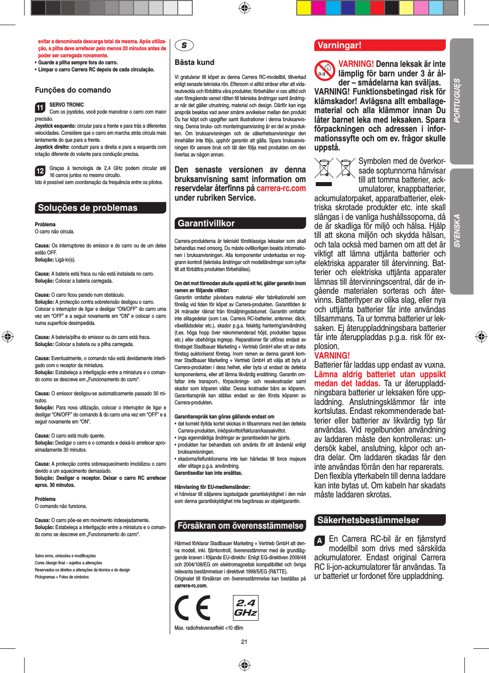 21evitar a denominada descarga total da mesma. Após utiliza-ção, a pilha deve arrefecer pelo menos 20 minutos antes de poder ser carregada novamente.•   Guarde a pilha sempre fora do carro.•  Limpar o carro Carrera RC depois de cada circulação.Funções do comando11SERVO TRONICCom os joysticks, você pode manobrar o carro com maior precisão.Joystick esquerdo: circular para a frente e para trás a diferentes velocidades. Considere que o carro em marcha atrás circula mais lentamente do que para a frente.Joystick direito: conduzir para a direita e para a esquerda com rotação diferente do volante para condução precisa. 12Graças à tecnologia de 2,4 GHz podem circular até 16 carros juntos no mesmo circuito. Isto é possível sem coordenação da frequência entre os pilotos.Soluções de problemasProblemaO carro não circula.Causa: Os interruptores do emissor e do carro ou de um deles estão OFF.Solução: Ligá-lo(s).Causa: A bateria está fraca ou não está instalada no carro.Solução: Colocar a bateria carregada.Causa: O carro ﬁ cou parado num obstáculo. Solução: A protecção contra sobretensão desligou o carro.Colocar o interruptor de ligar e desligar “ON/OFF” do carro uma vez em “OFF” e a seguir novamente em “ON” e colocar o carro numa superfície desimpedida.Causa: A bateria/pilha do emissor ou do carro está fraca.Solução: Colocar a bateria ou a pilha carregada.Causa: Eventualmente, o comando não está devidamente interli-gado com o receptor da miniatura.Solução: Estabeleça a interligação entre a miniatura e o coman-do como se descreve em „Funcionamento do carro“.Causa: O emissor desligou-se automaticamente passado 30 mi-nutos. Solução: Para nova utilização, colocar o interruptor de ligar e desligar “ON/OFF” do comando &amp; do carro uma vez em “OFF” e a seguir novamente em “ON”.Causa: O carro está muito quente.Solução: Desligar o carro e o comando e deixá-lo arrefecer apro-ximadamente 30 minutos.Causa: A protecção contra sobreaquecimento imobilizou o carro devido a um aquecimento demasiado.Solução: Desligar o receptor. Deixar o carro RC arrefecer aprox. 30 minutos.ProblemaO comando não funciona.Causa: O carro põe-se em movimento indesejadamente.Solução: Estabeleça a interligação entre a miniatura e o coman-do como se descreve em „Funcionamento do carro“.Salvo erros, omissões e modiﬁ caçõesCores /design ﬁ nal – sujeitos a alteraçõesReservados os direitos a alterações da técnica e do designPictogramas = Fotos de símbolosBästa kundVi gratulerar till köpet av denna Carrera RC-modellbil, tillverkad enligt senaste tekniska rön. Eftersom vi alltid strävar  efter att vida-reutveckla och förbättra våra produkter, förbehåller vi oss alltid och utan föregående varsel rätten till tekniska ändringar samt ändring-ar när det gäller utrustning, material och design. Därför kan inga anspråk beaktas vad avser smärre avvikelser mellan den produkt Du har köpt och uppgifter samt illustrationer i denna bruksanvis-ning. Denna bruks- och monteringsanvisning är en del av produk-ten. Om bruksanvisningen och de säkerhetsanvisningar den innehåller inte följs, upphör garantin att gälla. Spara bruksanvis-ningen för senare bruk och låt den följa med produkten om den övertas av någon annan.Den senaste versionen av denna bruksanvisning samt information om reservdelar återﬁ nns på carrera-rc.com under rubriken Service. Garantivillkor Carrera-produkterna är tekniskt förstklassiga leksaker som skall behandlas med omsorg. Du måste ovillkorligen beakta informatio-nen i bruksanvisningen. Alla komponenter underkastas en nog-grann kontroll (tekniska ändringar och modelländringar som syftar till att förbättra produkten förbehålles).Om det mot förmodan skulle uppstå ett fel, gäller garantin inom ramen av följande villkor:Garantin omfattar påvisbara material- eller fabrikationsfel som  förelåg vid tiden för köpet av Carrera-produkten. Garantitiden är 24 månader räknat från försäljningsdatumet.  Garantin omfattar inte slitagedelar (som t.ex. Carrera RC-batterier, antenner, däck, växellådsdelar etc.), skador p.g.a. felaktig hantering/användning (t.ex. höga hopp över rekommenderad höjd, produkten tappas etc.) eller obehöriga ingrepp. Reparationer får utföras endast av företaget Stadlbauer Marketing + Vertrieb GmbH eller ett av detta  företag auktoriserat företag. Inom ramen av denna garanti kom-mer Stadlbauer Marketing + Vertrieb GmbH att välja att byta ut Carrera-produkten i dess helhet, eller byta ut endast de defekta komponenterna, eller att lämna likvärdig ersättning. Garantin om-fattar inte transport-, förpacknings- och resekostnader samt  skador som köparen vållar. Dessa kostnader bärs av köparen. Garantianspråk kan ställas endast av den första köparen av  Carrera-produkten.Garantianspråk kan göras gällande endast om•  det korrekt ifyllda kortet skickas in tillsammans med den defekta Carrera-produkten, inköpskvittot/fakturan/kassakvittot.•  inga egenmäktiga ändringar av garantisedeln har gjorts.•  produkten har behandlats och använts för sitt ändamål  enligt bruksanvisningen.•  skadorna/felfunktionerna inte kan härledas till force majeure  eller slitage p.g.a. användning.Garantisedlar kan inte ersättas.Hänvisning för EU-medlemsländer: vi hänvisar till säljarens lagstadgade garantiskyldighet i den mån som denna garantiskyldighet inte begränsas av objektgarantin.Försäkran om överensstämmelse Härmed förklarar Stadlbauer Marketing + Vertrieb GmbH att den-na modell, inkl. fjärrkontroll, överensstämmer med de grundläg-gande kraven i följande EU-direktiv: Enligt EG-direktiven 2009/48 och 2004/108/EG om elektromagnetisk kompatibilitet och övriga relevanta bestämmelser i direktivet 1999/5/EG (R&amp;TTE). Originalet till försäkran om överensstämmelse kan beställas på carrera-rc.com.                Max. radiofrekvenseﬀ ekt &lt;10 dBmVarningar!VARNING! Denna leksak är inte lämplig för barn under 3 år ål-der – smådelarna kan sväljas.VARNING! Funktionsbetingad risk för klämskador! Avlägsna allt emballage-material och alla klämmor innan Du låter barnet leka med leksaken. Spara förpackningen och adressen i infor-mationssyfte och om ev. frågor skulle uppstå.Symbolen med de överkor-sade soptunnorna hänvisar till att tomma batterier, ack-umulatorer, knappbatterier, ackumulatorpaket, apparatbatterier, elek-triska skrotade produkter etc. inte skall slängas i de vanliga hushållssoporna, då de är skadliga för miljö och hälsa. Hjälp till att skona miljön och skydda hälsan, och tala också med barnen om att det är viktigt att lämna uttjänta batterier och elektriska apparater till återvinning. Bat-terier och elektriska uttjänta apparater lämnas till återvinningscentral, där de in-gående materialen sorteras och åter-vinns. Batterityper av olika slag, eller nya och uttjänta batterier får inte användas tillsammans. Ta ur tomma batterier ur lek-saken. Ej återuppladdningsbara batterier får inte återuppladdas p.g.a. risk för ex-plosion. VARNING!Batterier får laddas upp endast av vuxna.Lämna aldrig batteriet utan uppsikt medan det laddas. Ta ur återuppladd-ningsbara batterier ur leksaken före upp-laddning. Anslutningsklämmor får inte kortslutas. Endast rekommenderade bat-terier eller batterier av likvärdig typ får användas. Vid regelbunden användning av laddaren måste den kontrolleras: un-dersök kabel, anslutning, kåpor och an-dra delar. Om laddaren skadas får den inte användas förrän den har reparerats. Den ﬂ exibla ytterkabeln till denna laddare kan inte bytas ut. Om kabeln har skadats måste laddaren skrotas.SäkerhetsbestämmelserAEn Carrera RC-bil är en fjärrstyrd modellbil som drivs med särskilda ackumulatorer. Endast original Carrera RC li-jon-ackumulatorer får användas. Ta ur batteriet ur fordonet före uppladdning.PORTUGUĘSSVENSKA