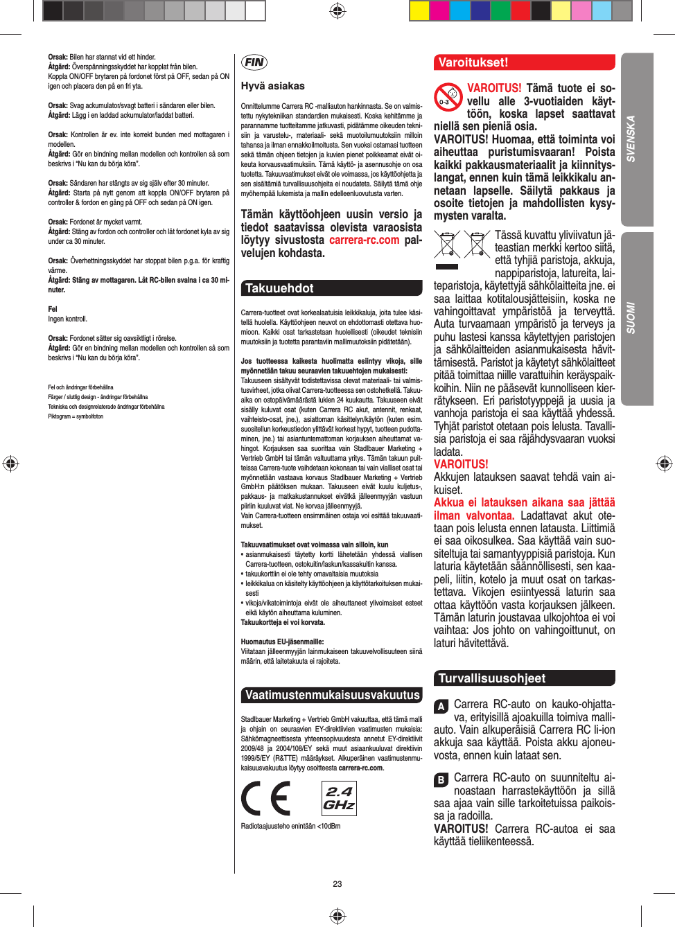23Orsak: Bilen har stannat vid ett hinder. Åtgärd: Överspänningsskyddet har kopplat från bilen.Koppla ON/OFF brytaren på fordonet först på OFF, sedan på ON igen och placera den på en fri yta.Orsak: Svag ackumulator/svagt batteri i sändaren eller bilen.Åtgärd: Lägg i en laddad ackumulator/laddat batteri.Orsak: Kontrollen är ev. inte korrekt bunden med mottagaren i  modellen.Åtgärd: Gör en bindning mellan modellen och kontrollen så som beskrivs i “Nu kan du börja köra”.Orsak: Sändaren har stängts av sig själv efter 30 minuter. Åtgärd: Starta på nytt genom att koppla ON/OFF brytaren på  controller &amp; fordon en gång på OFF och sedan på ON igen.Orsak: Fordonet är mycket varmt.Åtgärd: Stäng av fordon och controller och låt fordonet kyla av sig under ca 30 minuter.Orsak: Överhettningsskyddet har stoppat bilen p.g.a. för kraftig värme.Åtgärd: Stäng av mottagaren. Låt RC-bilen svalna i ca 30 mi-nuter.FelIngen kontroll.Orsak: Fordonet sätter sig oavsiktligt i rörelse.Åtgärd: Gör en bindning mellan modellen och kontrollen så som beskrivs i “Nu kan du börja köra”.Fel och ändringar förbehållnaFärger / slutlig design - ändringar förbehållnaTekniska och designrelaterade ändringar förbehållnaPiktogram = symbolfotonHyvä asiakasOnnittelumme Carrera RC -malliauton hankinnasta. Se on valmis-tettu nykytekniikan standardien mukaisesti. Koska kehitämme ja parannamme tuotteitamme jatkuvasti, pidätämme oikeuden tekni-siin ja varustelu-, materiaali- sekä muotoilumuutoksiin milloin  tahansa ja ilman ennakkoilmoitusta. Sen vuoksi ostamasi tuotteen sekä tämän ohjeen tietojen ja kuvien pienet poikkeamat eivät oi-keuta korvausvaatimuksiin. Tämä käyttö- ja asennusohje on osa tuotetta. Takuuvaatimukset eivät ole voimassa, jos käyttöohjetta ja sen sisältämiä turvallisuusohjeita ei noudateta. Säilytä tämä ohje myöhempää lukemista ja mallin edelleenluovutusta varten.Tämän käyttöohjeen uusin versio ja tiedot saatavissa olevista varaosista löytyy sivustosta carrera-rc.com pal-velujen kohdasta.Takuuehdot Carrera-tuotteet ovat korkealaatuisia leikkikaluja, joita tulee käsi-tellä huolella. Käyttöohjeen neuvot on ehdottomasti otettava huo-mioon. Kaikki osat tarkastetaan huolellisesti (oikeudet teknisiin muutoksiin ja tuotetta parantaviin mallimuutoksiin pidätetään).Jos tuotteessa kaikesta huolimatta esiintyy vikoja, sille myönnetään takuu seuraavien takuuehtojen mukaisesti:Takuuseen sisältyvät todistettavissa olevat materiaali- tai valmis-tusvirheet, jotka olivat Carrera-tuotteessa sen ostohetkellä. Takuu-aika on ostopäivämäärästä lukien 24 kuukautta. Takuuseen eivät sisälly kuluvat osat (kuten Carrera RC akut, antennit, renkaat, vaihteisto-osat, jne.), asiattoman käsittelyn/käytön (kuten esim. suositellun korkeustiedon ylittävät korkeat hypyt, tuotteen pudotta-minen, jne.) tai asiantuntemattoman korjauksen aiheuttamat va-hingot. Korjauksen saa suorittaa vain Stadlbauer Marketing + Vertrieb GmbH tai tämän valtuuttama yritys. Tämän takuun puit-teissa Carrera- tuote vaihdetaan kokonaan tai vain vialliset osat tai myönnetään vastaava korvaus Stadlbauer Marketing + Vertrieb  GmbH:n päätöksen mukaan. Takuuseen eivät kuulu kuljetus-, pakkaus- ja matkakustannukset eivätkä jälleenmyyjän vastuun piiriin kuuluvat viat. Ne korvaa jälleenmyyjä. Vain Carrera-tuotteen ensimmäinen ostaja voi esittää takuuvaati-mukset.Takuuvaatimukset ovat voimassa vain silloin, kun•  asianmukaisesti  täytetty kortti lähetetään yhdessä viallisen  Carrera-tuotteen, ostokuitin/laskun/kassakuitin kanssa.•  takuukorttiin ei ole tehty omavaltaisia muutoksia•  leikkikalua on käsitelty käyttöohjeen ja käyttötarkoituksen mukai-sesti•  vikoja/vikatoimintoja eivät ole aiheuttaneet ylivoimaiset  esteet eikä käytön aiheuttama kuluminen.Takuukortteja ei voi korvata.Huomautus EU-jäsenmaille: Viitataan jälleenmyyjän lainmukaiseen takuuvelvollisuuteen siinä määrin, että laitetakuuta ei rajoiteta.Vaatimustenmukaisuusvakuutus Stadlbauer Marketing + Vertrieb GmbH vakuuttaa, että tämä malli ja ohjain on seuraavien EY-direktiivien vaatimusten mukaisia: Sähkömagneettisesta yhteensopivuudesta annetut EY-direktiivit 2009/48 ja 2004/108/EY sekä muut asiaankuuluvat direktiivin 1999/5/EY (R&amp;TTE)  määräykset. Alkuperäinen vaatimustenmu-kaisuusvakuutus löytyy osoitteesta carrera-rc.com.                Radiotaajuusteho enintään &lt;10dBm Varoitukset!VAROITUS! Tämä tuote ei so-vellu alle 3-vuotiaiden käyt-töön, koska lapset saattavat niellä sen pieniä osia. VAROITUS! Huomaa, että toiminta voi aiheuttaa puristumisvaaran! Poista kaikki pakkausmateriaalit ja kiinnitys-langat, ennen kuin tämä leikkikalu an-netaan  lapselle. Säilytä pakkaus ja osoite tietojen ja mahdollisten kysy-mysten varalta.Tässä kuvattu yliviivatun jä-teastian merkki kertoo siitä, että tyhjiä paristoja, akkuja, nappiparistoja, latureita, lai-teparistoja, käytettyjä sähkölaitteita jne. ei saa laittaa kotitalousjätteisiin, koska ne vahingoittavat ympäristöä ja terveyttä. Auta turvaamaan ympäristö ja terveys ja puhu lastesi kanssa käytettyjen paristojen ja sähkölaitteiden asianmukaisesta hävit-tämisestä. Paristot ja käytetyt sähkölaitteet pitää toimittaa niille varattuihin keräyspaik-koihin. Niin ne pääsevät kunnolliseen kier-rätykseen. Eri paristotyyppejä ja uusia ja vanhoja paristoja ei saa käyttää yhdessä. Tyhjät paristot otetaan pois lelusta. Tavalli-sia paristoja ei saa räjähdysvaaran vuoksi ladata. VAROITUS! Akkujen latauksen saavat tehdä vain ai-kuiset.  Akkua ei latauksen aikana saa jättää ilman valvontaa. Ladattavat akut ote-taan pois lelusta ennen latausta. Liittimiä ei saa oikosulkea. Saa käyttää vain suo-siteltuja tai samantyyppisiä paristoja. Kun laturia käytetään säännöllisesti, sen kaa-peli, liitin,  kotelo ja muut osat on tarkas-tettava. Vikojen esiintyessä laturin saa ottaa käyttöön vasta korjauksen jälkeen. Tämän laturin joustavaa ulkojohtoa ei voi vaihtaa: Jos  johto on vahingoittunut, on laturi hävitettävä.TurvallisuusohjeetACarrera RC-auto on kauko-ohjatta-va, erityisillä ajoakuilla toimiva malli-auto. Vain alkuperäisiä  Carrera RC li-ion akkuja saa käyttää. Poista akku ajoneu-vosta, ennen kuin lataat sen.BCarrera RC-auto on suunniteltu ai-noastaan harrastekäyttöön ja sillä saa ajaa vain sille tarkoitetuissa paikois-sa ja radoilla.VAROITUS!  Carrera RC-autoa ei saa käyttää tieliikenteessä.SVENSKASUOMI