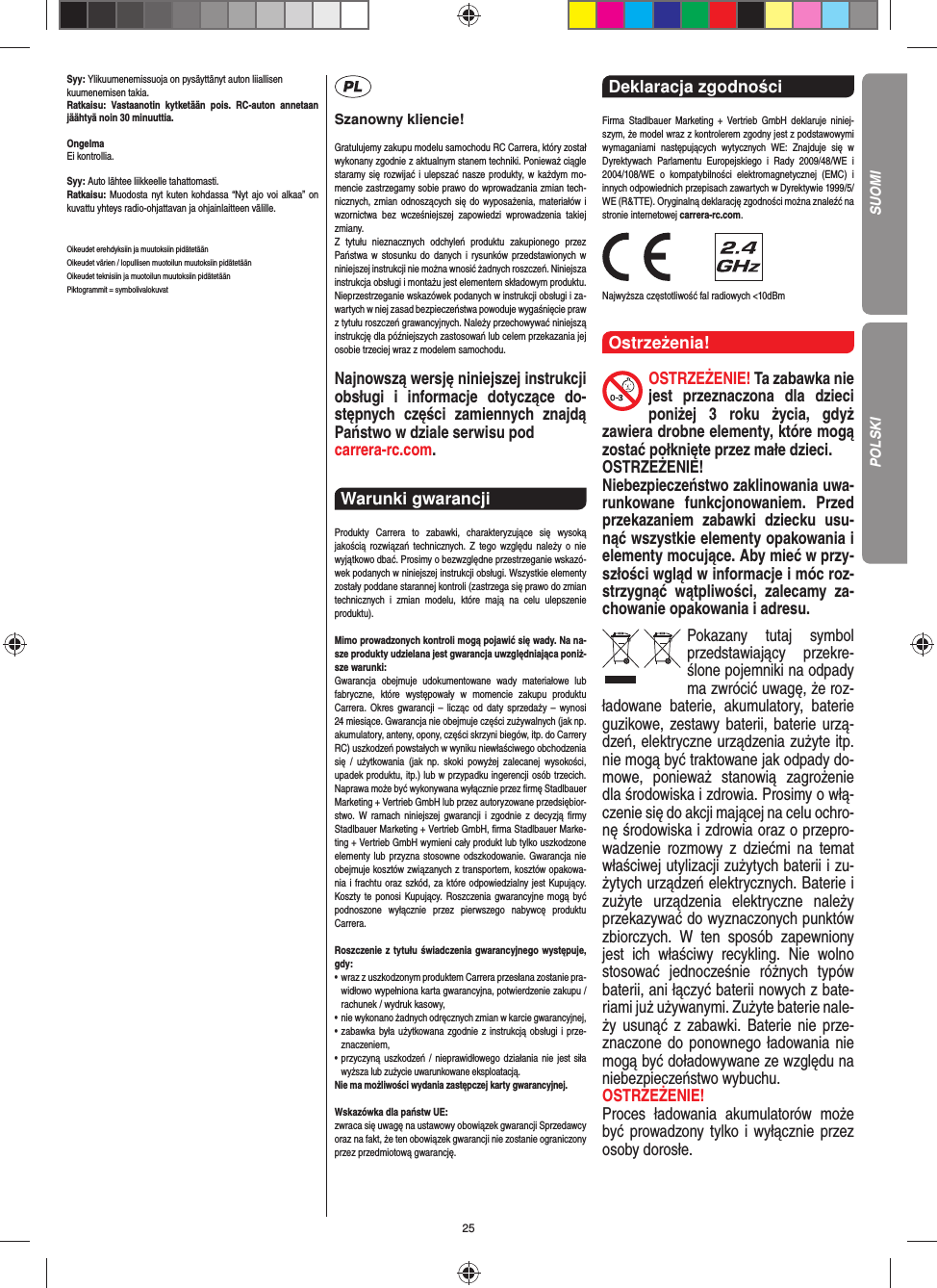 25Syy: Ylikuumenemissuoja on pysäyttänyt auton liiallisenkuumenemisen takia.Ratkaisu: Vastaanotin kytketään pois. RC-auton annetaan jäähtyä noin 30 minuuttia.OngelmaEi kontrollia.Syy: Auto lähtee liikkeelle tahattomasti.Ratkaisu: Muodosta nyt kuten kohdassa “Nyt ajo voi alkaa” on kuvattu yhteys radio-ohjattavan ja ohjainlaitteen välille.Oikeudet erehdyksiin ja muutoksiin pidätetäänOikeudet värien / lopullisen muotoilun muutoksiin pidätetäänOikeudet teknisiin ja muotoilun muutoksiin pidätetäänPiktogrammit = symbolivalokuvatSzanowny kliencie!Gratulujemy zakupu modelu samochodu RC Carrera, który został wykonany zgodnie z aktualnym stanem techniki.  Ponieważ ciągle staramy się rozwijać i ulepszać nasze produkty, w każdym mo-mencie zastrzegamy sobie prawo do wprowadzania zmian tech-nicznych, zmian odnoszących się do wyposażenia, materiałów i wzornictwa bez wcześniejszej zapowiedzi wprowadzenia takiej zmiany. Z tytułu nieznacznych odchyleń produktu zakupionego przez  Państwa w stosunku do danych i rysunków przedstawionych w niniejszej instrukcji nie można wnosić żadnych roszczeń. Niniejsza instrukcja obsługi i montażu jest elementem składowym produktu. Nieprzestrzeganie wskazówek podanych w instrukcji obsługi i za-wartych w niej zasad bezpieczeństwa powoduje wygaśnięcie praw z tytułu roszczeń grawancyjnych. Należy przechowywać niniejszą instrukcję dla późniejszych zastosowań lub celem przekazania jej osobie trzeciej wraz z modelem samochodu.Najnowszą wersję niniejszej instrukcji obsługi i informacje dotyczące do-stępnych części zamiennych znajdą Państwo w dziale serwisu pod carrera-rc.com.Warunki gwarancji Produkty Carrera to zabawki, charakteryzujące się wysoką  jakością rozwiązań technicznych. Z tego względu należy o nie wyjątkowo dbać. Prosimy o bezwzględne przestrzeganie wskazó-wek podanych w niniejszej instrukcji obsługi. Wszystkie elementy zostały poddane starannej kontroli (zastrzega się prawo do zmian technicznych i zmian modelu, które mają na celu ulepszenie  produktu).Mimo prowadzonych kontroli mogą pojawić się wady. Na na-sze produkty udzielana jest gwarancja uwzględniająca poniż-sze warunki:Gwarancja obejmuje udokumentowane wady materiałowe lub  fabryczne, które występowały w momencie zakupu  produktu  Carrera. Okres gwarancji – licząc od daty sprzedaży – wynosi 24 miesiące. Gwarancja nie obejmuje części zużywalnych (jak np. akumulatory, anteny, opony, części skrzyni biegów, itp. do Carrery RC) uszkodzeń powstałych w wyniku niewłaściwego obchodzenia się / użytkowania (jak np. skoki powyżej zalecanej wysokości,  upadek produktu, itp.) lub w przypadku ingerencji osób trzecich. Naprawa może być wykonywana wyłącznie przez ﬁ rmę Stadlbauer Marketing + Vertrieb GmbH lub przez autoryzowane przedsiębior-stwo. W ramach niniejszej gwarancji i zgodnie z  decyzją ﬁ rmy Stadlbauer Marketing + Vertrieb GmbH, ﬁ rma  Stadlbauer Marke-ting + Vertrieb GmbH wymieni cały produkt lub tylko uszkodzone elementy lub przyzna stosowne odszkodowanie. Gwarancja nie obejmuje kosztów związanych z transportem, kosztów opakowa-nia i frachtu oraz szkód, za które odpowiedzialny jest Kupujący. Koszty te ponosi  Kupujący. Roszczenia gwarancyjne mogą być podnoszone wyłącznie przez pierwszego nabywcę produktu  Carrera.Roszczenie z tytułu świadczenia gwarancyjnego występuje, gdy:•    wraz z uszkodzonym produktem Carrera przesłana  zostanie pra-widłowo wypełniona karta gwarancyjna, potwierdzenie zakupu / rachunek / wydruk kasowy,•   nie wykonano żadnych odręcznych zmian w karcie gwarancyjnej,•   zabawka była użytkowana zgodnie z instrukcją obsługi i prze-znaczeniem,•   przyczyną uszkodzeń / nieprawidłowego działania nie jest siła wyższa lub zużycie uwarunkowane eksploatacją.Nie ma możliwości wydania zastępczej karty gwarancyjnej.Wskazówka dla państw UE: zwraca się uwagę na ustawowy obowiązek gwarancji Sprzedawcy oraz na fakt, że ten obowiązek gwarancji nie zostanie ograniczony przez przedmiotową gwarancję.Deklaracja zgodności Firma Stadlbauer Marketing + Vertrieb GmbH deklaruje niniej-szym, że model wraz z kontrolerem zgodny jest z podstawowymi wymaganiami następujących wytycznych WE: Znajduje się w  Dyrektywach Parlamentu Europejskiego i Rady 2009/48/WE i 2004/108/WE o kompatybilności elektromagnetycznej (EMC) i  innych odpowiednich przepisach zawartych w Dyrektywie 1999/5/WE (R&amp;TTE). Oryginalną deklarację zgodności można znaleźć na stronie internetowej carrera-rc.com.                Najwyższa częstotliwość fal radiowych &lt;10dBmOstrzeżenia!OSTRZEŻENIE! Ta zabawka nie jest przeznaczona dla dzieci poniżej 3 roku życia, gdyż  zawiera drobne elementy, które mogą zostać połknięte przez małe dzieci. OSTRZEŻENIE! Niebezpieczeństwo zaklinowania uwa-runkowane funkcjonowaniem. Przed przekazaniem zabawki dziecku usu-nąć wszystkie  elementy opakowania i elementy mocujące. Aby mieć w przy-szłości wgląd w informacje i móc roz-strzygnąć wątpliwości, zalecamy za-chowanie opakowania i adresu.Pokazany tutaj symbol przedstawiający przekre-ślone pojemniki na odpady ma zwrócić uwagę, że roz-ładowane baterie, akumulatory, baterie guzikowe, zestawy baterii, baterie urzą-dzeń, elektryczne urządzenia zużyte itp. nie mogą być traktowane jak odpady do-mowe, ponieważ stanowią zagrożenie dla środowiska i zdrowia. Prosimy o włą-czenie się do akcji mającej na celu ochro-nę środowiska i zdrowia oraz o przepro-wadzenie rozmowy z dziećmi na temat  właściwej utylizacji zużytych baterii i zu-żytych urządzeń elektrycznych. Baterie i zużyte urządzenia elektryczne należy przekazywać do wyznaczonych punktów zbiorczych. W ten sposób zapewniony jest ich właściwy recykling. Nie wolno stosować jednocześnie różnych typów baterii, ani łączyć baterii nowych z bate-riami już używanymi.  Zużyte baterie nale-ży usunąć z zabawki. Baterie nie prze-znaczone do ponownego ładowania nie mogą być doładowywane ze względu na niebezpieczeństwo wybuchu. OSTRZEŻENIE!Proces ładowania akumulatorów może być prowadzony tylko i wyłącznie przez osoby dorosłe. SUOMIPOLSKI