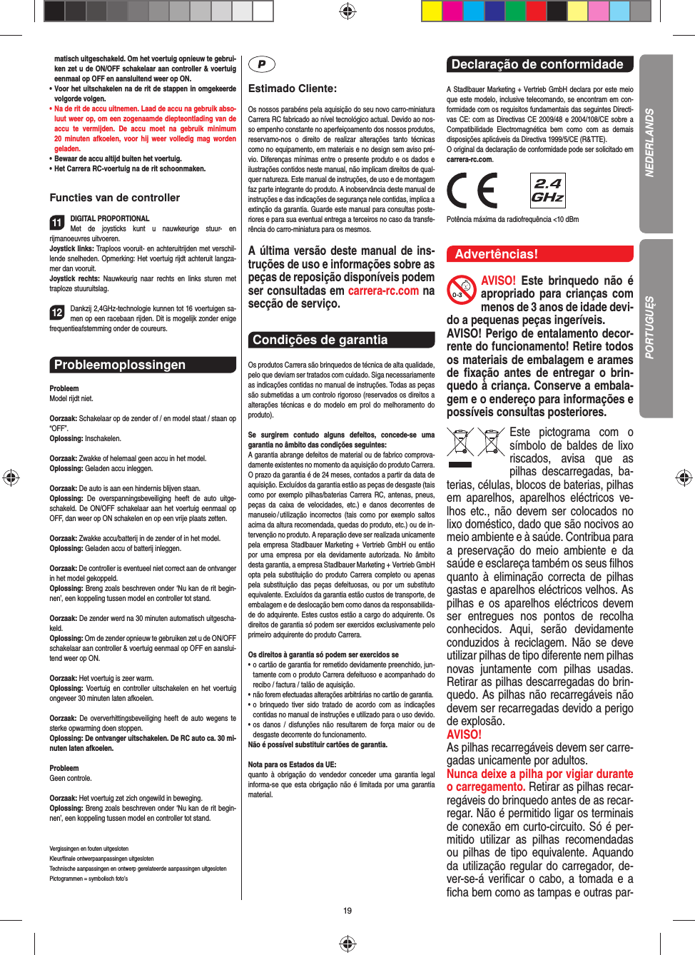 19matisch uitgeschakeld. Om het voertuig opnieuw te gebrui-ken zet u de ON/OFF schakelaar aan controller &amp; voertuig eenmaal op OFF en aansluitend weer op ON.•  Voor het uitschakelen na de rit de stappen in omgekeerde volgorde volgen.•  Na de rit de accu uitnemen. Laad de accu na gebruik abso-luut weer op, om een zogenaamde diepteontlading van de accu te vermijden. De accu moet na gebruik minimum 20 minuten afkoelen, voor hij weer volledig mag worden  geladen.•   Bewaar de accu altijd buiten het voertuig.•  Het Carrera RC-voertuig na de rit schoonmaken.Functies van de controller11DIGITAL PROPORTIONALMet de joysticks kunt u nauwkeurige stuur- en  rijmanoeuvres  uitvoeren.Joystick links: Traploos vooruit- en achteruitrijden met verschil-lende snelheden. Opmerking: Het voertuig rijdt achteruit langza-mer dan vooruit.Joystick rechts: Nauwkeurig naar rechts en links sturen met  traploze  stuuruitslag.12Dankzij 2,4GHz-technologie kunnen tot 16 voertuigen sa-men op een racebaan rijden. Dit is mogelijk zonder enige frequentieafstemming onder de coureurs.Probleemoplossingen ProbleemModel rijdt niet.Oorzaak: Schakelaar op de zender of / en model staat / staan op “OFF”.Oplossing: Inschakelen.Oorzaak: Zwakke of helemaal geen accu in het model.Oplossing: Geladen accu inleggen.Oorzaak: De auto is aan een hindernis blijven staan. Oplossing:  De overspanningsbeveiliging heeft de auto uitge-schakeld. De ON/OFF schakelaar aan het voertuig eenmaal op OFF, dan weer op ON schakelen en op een vrije plaats zetten.Oorzaak: Zwakke accu/batterij in de zender of in het model.Oplossing: Geladen accu of batterij inleggen.Oorzaak: De controller is eventueel niet correct aan de ontvanger in het model gekoppeld.Oplossing: Breng zoals beschreven onder ‘Nu kan de rit begin-nen’, een koppeling tussen model en controller tot stand.Oorzaak: De zender werd na 30 minuten automatisch uitgescha-keld. Oplossing: Om de zender opnieuw te gebruiken zet u de ON/OFF schakelaar aan controller &amp; voertuig eenmaal op OFF en aanslui-tend weer op ON.Oorzaak: Het voertuig is zeer warm.Oplossing: Voertuig en controller uitschakelen en het voertuig ongeveer 30 minuten laten afkoelen.Oorzaak: De oververhittingsbeveiliging heeft de auto wegens te sterke opwarming doen stoppen.Oplossing: De ontvanger uitschakelen. De RC auto ca. 30 mi-nuten laten afkoelen.ProbleemGeen controle.Oorzaak: Het voertuig zet zich ongewild in beweging.Oplossing: Breng zoals beschreven onder ‘Nu kan de rit begin-nen’, een koppeling tussen model en controller tot stand.Vergissingen en fouten uitgesloten Kleur/ﬁ nale ontwerpaanpassingen uitgesloten Technische aanpassingen en ontwerp gerelateerde aanpassingen uitgesloten Pictogrammen = symbolisch foto’sEstimado Cliente:Os nossos parabéns pela aquisição do seu novo carro-miniatura Carrera RC fabricado ao nível tecnológico actual. Devido ao nos-so empenho constante no aperfeiçoamento dos nossos produtos, reservamo-nos o direito de realizar alterações tanto técnicas como no equipamento, em materiais e no design sem aviso pré-vio. Diferenças mínimas entre o presente produto e os dados e ilustrações contidos neste manual, não implicam direitos de qual-quer natureza. Este manual de instruções, de uso e de montagem faz parte integrante do produto. A inobservância deste manual de instruções e das indicações de segurança nele contidas, implica a extinção da garantia. Guarde este manual para consultas poste-riores e para sua eventual entrega a terceiros no caso da transfe-rência do carro-miniatura para os mesmos.A última versão deste manual de ins-truções de uso e informações sobre as peças de reposição disponíveis podem ser consultadas em carrera-rc.com na secção de serviço.Condições de garantia Os produtos Carrera são brinquedos de técnica de alta qualidade, pelo que deviam ser tratados com cuidado. Siga necessariamente as indicações contidas no manual de instruções. Todas as peças são submetidas a um controlo rigoroso (reservados os direitos a alterações técnicas e do modelo em prol do melhoramento do produto).Se surgirem contudo alguns defeitos, concede-se uma  garantia no âmbito das condições seguintes:A garantia abrange defeitos de material ou de fabrico comprova-damente existentes no momento da aquisição do produto Carrera. O prazo da garantia é de 24 meses, contados a partir da data de aquisição. Excluídos da garantia estão as peças de desgaste (tais como por exemplo pilhas/baterias Carrera RC, antenas, pneus, peças da caixa de velocidades, etc.) e danos decorrentes de  manuseio / utilização incorrectos (tais como por exemplo saltos acima da altura  recomendada, quedas do produto, etc.) ou de in-tervenção no produto. A reparação deve ser realizada unicamente pela empresa Stadlbauer Marketing + Vertrieb GmbH ou então por uma empresa por ela devidamente autorizada. No âmbito desta garantia, a empresa Stadlbauer Marketing + Vertrieb GmbH opta pela substituição do produto Carrera completo ou apenas pela substituição das peças defeituosas, ou por um substituto equivalente. Excluídos da garantia estão custos de transporte, de embalagem e de deslocação bem como danos da responsabilida-de do adquirente. Estes custos estão a cargo do adquirente. Os direitos de garantia só podem ser exercidos exclusivamente pelo primeiro adquirente do produto Carrera.Os direitos à garantia só podem ser exercidos se•  o cartão de garantia for remetido devidamente preenchido, jun-tamente com o produto Carrera defeituoso e acompanhado do recibo / factura / talão de aquisição.•  não forem efectuadas alterações arbitrárias no cartão de garantia.•  o brinquedo tiver sido tratado de acordo com as indicações  contidas no manual de instruções e utilizado para o uso devido.•  os danos / disfunções não resultarem de força maior ou de  desgaste decorrente do funcionamento.Não é possível substituir cartões de garantia.Nota para os Estados da UE: quanto à obrigação do vendedor conceder uma garantia  legal  informa-se que esta obrigação não é limitada por uma garantia material.Declaração de conformidade A Stadlbauer Marketing + Vertrieb GmbH declara por este meio que este modelo, inclusive telecomando, se encontram em con-formidade com os requisitos fundamentais das seguintes Directi-vas CE: com as Directivas CE 2009/48 e 2004/108/CE sobre a Compatibilidade Electromagnética bem como com as demais disposições aplicáveis da Directiva 1999/5/CE (R&amp;TTE). O original da declaração de conformidade pode ser solicitado em carrera-rc.com.                Potência máxima da radiofrequência &lt;10 dBm Advertências!AVISO! Este brinquedo não é apropriado para crianças com menos de 3 anos de idade devi-do a pequenas peças ingeríveis. AVISO! Perigo de entalamento decor-rente do funcionamento! Retire todos os materiais de embalagem e arames de ﬁ xação antes de entregar o brin-quedo à criança. Conserve a embala-gem e o endereço para  informações e possíveis consultas posteriores.Este pictograma com o símbolo de baldes de lixo riscados, avisa que as  pilhas descarregadas, ba-terias, células, blocos de baterias, pilhas em aparelhos, aparelhos eléctricos ve-lhos etc., não devem ser colocados no lixo doméstico, dado que são nocivos ao meio ambiente e à saúde. Contribua para a preservação do meio ambiente e da saúde e esclareça também os seus ﬁ lhos quanto à eliminação correcta de pilhas gastas e aparelhos eléctricos velhos. As pilhas e os aparelhos eléctricos devem ser entregues nos pontos de recolha  conhecidos. Aqui, serão devidamente conduzidos à reciclagem. Não se deve utilizar pilhas de tipo diferente nem pilhas novas juntamente com pilhas usadas. Retirar as pilhas descarregadas do brin-quedo. As pilhas não recarregáveis não devem ser recarregadas devido a perigo de explosão. AVISO! As pilhas recarregáveis devem ser carre-gadas unicamente por adultos. Nunca deixe a pilha por vigiar durante o carregamento. Retirar as pilhas recar-regáveis do brinquedo antes de as recar-regar. Não é permitido ligar os terminais de conexão em curto-circuito. Só é per-mitido utilizar as pilhas recomendadas ou pilhas de tipo equivalente. Aquando da utilização regular do carregador, de-ver-se-á veriﬁ car o cabo, a tomada e a ﬁ cha bem como as tampas e outras par-NEDERLANDSPORTUGUĘS