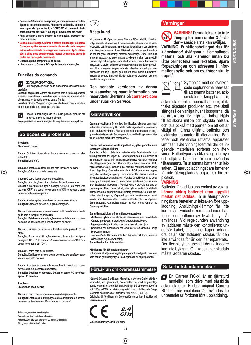 21•   Depois de 30 minutos de repouso, o comando e o carro des-ligam-se automaticamente. Para nova utilização, colocar o interruptor de ligar e desligar “ON/OFF” do comando &amp; do carro uma vez em “OFF” e a seguir novamente em “ON”.•  Para desligar o carro depois da circulação, proceder por ordem inversa.•  Depois da circulação, retirar a bateria ou desligar os pólos. Carregue a pilha necessariamente depois de cada uso para evitar a denominada descarga total da mesma. Após utiliza-ção, a pilha deve arrefecer pelo menos 20 minutos antes de poder ser carregada novamente.•   Guarde a pilha sempre fora do carro.•  Limpar o carro Carrera RC depois de cada circulação.Funções do comando11DIGITAL PROPORTIONALCom os joysticks, você pode manobrar o carro com maior precisão.Joystick esquerdo: Marcha progressiva para a frente e para trás a várias velocidades. Considere que o carro em marcha atrás  circula mais lentamente do que para a frente.Joystick direito: Viragem progressiva da direção para a direita e para a esquerda para condução precisa. 12Graças à tecnologia de 2,4 GHz podem circular até 16 carros juntos no mesmo circuito. Isto é possível sem coordenação da frequência entre os pilotos.Soluções de problemasProblemaO carro não circula.Causa: Os interruptores do emissor e do carro ou de um deles estão OFF.Solução: Ligá-lo(s).Causa: A bateria está fraca ou não está instalada no carro.Solução: Colocar a bateria carregada.Causa: O carro ﬁ cou parado num obstáculo. Solução: A protecção contra sobretensão desligou o carro.Colocar o interruptor de ligar e desligar “ON/OFF” do carro uma vez em “OFF” e a seguir novamente em “ON” e colocar o carro numa superfície desimpedida.Causa: A bateria/pilha do emissor ou do carro está fraca.Solução: Colocar a bateria ou a pilha carregada.Causa: Eventualmente, o comando não está devidamente interli-gado com o receptor da miniatura.Solução: Estabeleça a interligação entre a miniatura e o coman-do como se descreve em „Funcionamento do carro“.Causa: O emissor desligou-se automaticamente passado 30 mi-nutos. Solução: Para nova utilização, colocar o interruptor de ligar e desligar “ON/OFF” do comando &amp; do carro uma vez em “OFF” e a seguir novamente em “ON”.Causa: O carro está muito quente.Solução: Desligar o carro e o comando e deixá-lo arrefecer apro-ximadamente 30 minutos.Causa: A protecção contra sobreaquecimento imobilizou o carro devido a um aquecimento demasiado.Solução: Desligar o receptor. Deixar o carro RC arrefecer aprox. 30 minutos.ProblemaO comando não funciona.Causa: O carro põe-se em movimento indesejadamente.Solução: Estabeleça a interligação entre a miniatura e o coman-do como se descreve em „Funcionamento do carro“.Salvo erros, omissões e modiﬁ caçõesCores /design ﬁ nal – sujeitos a alteraçõesReservados os direitos a alterações da técnica e do designPictogramas = Fotos de símbolosBästa kundVi gratulerar till köpet av denna Carrera RC-modellbil, tillverkad enligt senaste tekniska rön. Eftersom vi alltid strävar  efter att vida-reutveckla och förbättra våra produkter, förbehåller vi oss alltid och utan föregående varsel rätten till tekniska ändringar samt ändring-ar när det gäller utrustning, material och design. Därför kan inga anspråk beaktas vad avser smärre avvikelser mellan den produkt Du har köpt och uppgifter samt illustrationer i denna bruksanvis-ning. Denna bruks- och monteringsanvisning är en del av produk-ten. Om bruksanvisningen och de säkerhetsanvisningar den innehåller inte följs, upphör garantin att gälla. Spara bruksanvis-ningen för senare bruk och låt den följa med produkten om den övertas av någon annan.Den senaste versionen av denna bruksanvisning samt information om reservdelar återﬁ nns på carrera-rc.com under rubriken Service. Garantivillkor Carrera-produkterna är tekniskt förstklassiga leksaker som skall behandlas med omsorg. Du måste ovillkorligen beakta informatio-nen i bruksanvisningen. Alla komponenter underkastas en nog-grann kontroll (tekniska ändringar och modelländringar som syftar till att förbättra produkten förbehålles).Om det mot förmodan skulle uppstå ett fel, gäller garantin inom ramen av följande villkor:Garantin omfattar påvisbara material- eller fabrikationsfel som  förelåg vid tiden för köpet av Carrera-produkten. Garantitiden är 24 månader räknat från försäljningsdatumet.  Garantin omfattar inte slitagedelar (som t.ex. Carrera RC-batterier, antenner, däck, växellådsdelar etc.), skador p.g.a. felaktig hantering/användning (t.ex. höga hopp över rekommenderad höjd, produkten tappas etc.) eller obehöriga ingrepp. Reparationer får utföras endast av företaget Stadlbauer Marketing + Vertrieb GmbH eller ett av detta  företag auktoriserat företag. Inom ramen av denna garanti kom-mer Stadlbauer Marketing + Vertrieb GmbH att välja att byta ut Carrera-produkten i dess helhet, eller byta ut endast de defekta komponenterna, eller att lämna likvärdig ersättning. Garantin om-fattar inte transport-, förpacknings- och resekostnader samt  skador som köparen vållar. Dessa kostnader bärs av köparen. Garantianspråk kan ställas endast av den första köparen av  Carrera-produkten.Garantianspråk kan göras gällande endast om•  det korrekt ifyllda kortet skickas in tillsammans med den defekta Carrera-produkten, inköpskvittot/fakturan/kassakvittot.•  inga egenmäktiga ändringar av garantisedeln har gjorts.•  produkten har behandlats och använts för sitt ändamål  enligt bruksanvisningen.•  skadorna/felfunktionerna inte kan härledas till force majeure  eller slitage p.g.a. användning.Garantisedlar kan inte ersättas.Hänvisning för EU-medlemsländer: vi hänvisar till säljarens lagstadgade garantiskyldighet i den mån som denna garantiskyldighet inte begränsas av objektgarantin.Försäkran om överensstämmelse Härmed förklarar Stadlbauer Marketing + Vertrieb GmbH att den-na modell, inkl. fjärrkontroll, överensstämmer med de grundläg-gande kraven i följande EU-direktiv: Enligt EG-direktiven 2009/48 och 2004/108/EG om elektromagnetisk kompatibilitet och övriga relevanta bestämmelser i direktivet 1999/5/EG (R&amp;TTE). Originalet till försäkran om överensstämmelse kan beställas på carrera-rc.com.                Max. radiofrekvenseﬀ ekt &lt;10 dBmVarningar!VARNING! Denna leksak är inte lämplig för barn under 3 år ål-der – smådelarna kan sväljas.VARNING! Funktionsbetingad risk för klämskador! Avlägsna allt emballage-material och alla klämmor innan Du låter barnet leka med leksaken. Spara förpackningen och adressen i infor-mationssyfte och om ev. frågor skulle uppstå.Symbolen med de överkor-sade soptunnorna hänvisar till att tomma batterier, ack-umulatorer, knappbatterier, ackumulatorpaket, apparatbatterier, elek-triska skrotade produkter etc. inte skall slängas i de vanliga hushållssoporna, då de är skadliga för miljö och hälsa. Hjälp till att skona miljön och skydda hälsan, och tala också med barnen om att det är viktigt att lämna uttjänta batterier och elektriska apparater till återvinning. Bat-terier och elektriska uttjänta apparater lämnas till återvinningscentral, där de in-gående materialen sorteras och åter-vinns. Batterityper av olika slag, eller nya och uttjänta batterier får inte användas tillsammans. Ta ur tomma batterier ur lek-saken. Ej återuppladdningsbara batterier får inte återuppladdas p.g.a. risk för ex-plosion. VARNING!Batterier får laddas upp endast av vuxna.Lämna aldrig batteriet utan uppsikt medan det laddas. Ta ur återuppladd-ningsbara batterier ur leksaken före upp-laddning. Anslutningsklämmor får inte kortslutas. Endast rekommenderade bat-terier eller batterier av likvärdig typ får användas. Vid regelbunden användning av laddaren måste den kontrolleras: un-dersök kabel, anslutning, kåpor och an-dra delar. Om laddaren skadas får den inte användas förrän den har reparerats. Den ﬂ exibla ytterkabeln till denna laddare kan inte bytas ut. Om kabeln har skadats måste laddaren skrotas.SäkerhetsbestämmelserAEn Carrera RC-bil är en fjärrstyrd modellbil som drivs med särskilda ackumulatorer. Endast original Carrera RC li-jon-ackumulatorer får användas. Ta ur batteriet ur fordonet före uppladdning.PORTUGUĘSSVENSKA