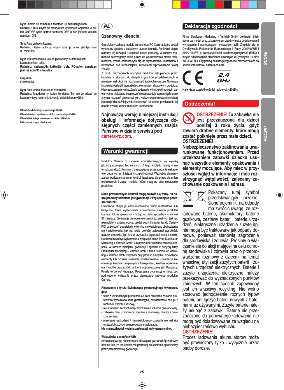 25Syy: Lähetin on sammunut itsestään 30 minuutin jälkeen. Ratkaisu: Uusi käyttö on mahdollista kytkemällä ohjaimen ja au-ton ON/OFF-kytkin kerran asentoon OFF ja sen jälkeen takaisin asentoon ON.Syy: Auto on hyvin kuuma.Ratkaisu:  Kytke auto ja ohjain pois ja anna jäähtyä noin 30 minuuttia.Syy: Ylikuumenemissuoja on pysäyttänyt auton liiallisenkuumenemisen takia.Ratkaisu: Vastaanotin kytketään pois. RC-auton annetaan jäähtyä noin 30 minuuttia.OngelmaEi kontrollia.Syy: Auto lähtee liikkeelle tahattomasti.Ratkaisu: Muodosta nyt kuten kohdassa “Nyt ajo voi alkaa” on kuvattu yhteys radio-ohjattavan ja ohjainlaitteen välille.Oikeudet erehdyksiin ja muutoksiin pidätetäänOikeudet värien / lopullisen muotoilun muutoksiin pidätetäänOikeudet teknisiin ja muotoilun muutoksiin pidätetäänPiktogrammit = symbolivalokuvatSzanowny kliencie!Gratulujemy zakupu modelu samochodu RC Carrera, który został wykonany zgodnie z aktualnym stanem techniki.  Ponieważ ciągle staramy się rozwijać i ulepszać nasze produkty, w każdym mo-mencie zastrzegamy sobie prawo do wprowadzania zmian tech-nicznych, zmian odnoszących się do wyposażenia, materiałów i wzornictwa bez wcześniejszej zapowiedzi wprowadzenia takiej zmiany. Z tytułu nieznacznych odchyleń produktu zakupionego przez  Państwa w stosunku do danych i rysunków przedstawionych w niniejszej instrukcji nie można wnosić żadnych roszczeń. Niniejsza instrukcja obsługi i montażu jest elementem składowym produktu. Nieprzestrzeganie wskazówek podanych w instrukcji obsługi i za-wartych w niej zasad bezpieczeństwa powoduje wygaśnięcie praw z tytułu roszczeń grawancyjnych. Należy przechowywać niniejszą instrukcję dla późniejszych zastosowań lub celem przekazania jej osobie trzeciej wraz z modelem samochodu.Najnowszą wersję niniejszej instrukcji obsługi i informacje dotyczące do-stępnych części zamiennych znajdą Państwo w dziale serwisu pod carrera-rc.com.Warunki gwarancji Produkty Carrera to zabawki, charakteryzujące się wysoką  jakością rozwiązań technicznych. Z tego względu należy o nie wyjątkowo dbać. Prosimy o bezwzględne przestrzeganie wskazó-wek podanych w niniejszej instrukcji obsługi. Wszystkie elementy zostały poddane starannej kontroli (zastrzega się prawo do zmian technicznych i zmian modelu, które mają na celu ulepszenie  produktu).Mimo prowadzonych kontroli mogą pojawić się wady. Na na-sze produkty udzielana jest gwarancja uwzględniająca poniż-sze warunki:Gwarancja obejmuje udokumentowane wady materiałowe lub  fabryczne, które występowały w momencie zakupu  produktu  Carrera. Okres gwarancji – licząc od daty sprzedaży – wynosi 24 miesiące. Gwarancja nie obejmuje części zużywalnych (jak np. akumulatory, anteny, opony, części skrzyni biegów, itp. do Carrery RC) uszkodzeń powstałych w wyniku niewłaściwego obchodzenia się / użytkowania (jak np. skoki powyżej zalecanej wysokości,  upadek produktu, itp.) lub w przypadku ingerencji osób trzecich. Naprawa może być wykonywana wyłącznie przez ﬁ rmę Stadlbauer Marketing + Vertrieb GmbH lub przez autoryzowane przedsiębior-stwo. W ramach niniejszej gwarancji i zgodnie z  decyzją ﬁ rmy Stadlbauer Marketing + Vertrieb GmbH, ﬁ rma  Stadlbauer Marke-ting + Vertrieb GmbH wymieni cały produkt lub tylko uszkodzone elementy lub przyzna stosowne odszkodowanie. Gwarancja nie obejmuje kosztów związanych z transportem, kosztów opakowa-nia i frachtu oraz szkód, za które odpowiedzialny jest Kupujący. Koszty te ponosi  Kupujący. Roszczenia gwarancyjne mogą być podnoszone wyłącznie przez pierwszego nabywcę produktu  Carrera.Roszczenie z tytułu świadczenia gwarancyjnego występuje, gdy:•    wraz z uszkodzonym produktem Carrera przesłana  zostanie pra-widłowo wypełniona karta gwarancyjna, potwierdzenie zakupu / rachunek / wydruk kasowy,•   nie wykonano żadnych odręcznych zmian w karcie gwarancyjnej,•   zabawka była użytkowana zgodnie z instrukcją obsługi i prze-znaczeniem,•   przyczyną uszkodzeń / nieprawidłowego działania nie jest siła wyższa lub zużycie uwarunkowane eksploatacją.Nie ma możliwości wydania zastępczej karty gwarancyjnej.Wskazówka dla państw UE: zwraca się uwagę na ustawowy obowiązek gwarancji Sprzedawcy oraz na fakt, że ten obowiązek gwarancji nie zostanie ograniczony przez przedmiotową gwarancję.Deklaracja zgodności Firma Stadlbauer Marketing + Vertrieb GmbH deklaruje niniej-szym, że model wraz z kontrolerem zgodny jest z podstawowymi wymaganiami następujących wytycznych WE: Znajduje się w  Dyrektywach Parlamentu Europejskiego i Rady 2009/48/WE i 2004/108/WE o kompatybilności elektromagnetycznej (EMC) i  innych odpowiednich przepisach zawartych w Dyrektywie 1999/5/WE (R&amp;TTE). Oryginalną deklarację zgodności można znaleźć na stronie internetowej carrera-rc.com.                Najwyższa częstotliwość fal radiowych &lt;10dBmOstrzeżenia!OSTRZEŻENIE! Ta zabawka nie jest przeznaczona dla dzieci poniżej 3 roku życia, gdyż  zawiera drobne elementy, które mogą zostać połknięte przez małe dzieci. OSTRZEŻENIE! Niebezpieczeństwo zaklinowania uwa-runkowane funkcjonowaniem. Przed przekazaniem zabawki dziecku usu-nąć wszystkie  elementy opakowania i elementy mocujące. Aby mieć w przy-szłości wgląd w informacje i móc roz-strzygnąć wątpliwości, zalecamy za-chowanie opakowania i adresu.Pokazany tutaj symbol przedstawiający przekre-ślone pojemniki na odpady ma zwrócić uwagę, że roz-ładowane baterie, akumulatory, baterie guzikowe, zestawy baterii, baterie urzą-dzeń, elektryczne urządzenia zużyte itp. nie mogą być traktowane jak odpady do-mowe, ponieważ stanowią zagrożenie dla środowiska i zdrowia. Prosimy o włą-czenie się do akcji mającej na celu ochro-nę środowiska i zdrowia oraz o przepro-wadzenie rozmowy z dziećmi na temat  właściwej utylizacji zużytych baterii i zu-żytych urządzeń elektrycznych. Baterie i zużyte urządzenia elektryczne należy przekazywać do wyznaczonych punktów zbiorczych. W ten sposób zapewniony jest ich właściwy recykling. Nie wolno stosować jednocześnie różnych typów baterii, ani łączyć baterii nowych z bate-riami już używanymi.  Zużyte baterie nale-ży usunąć z zabawki. Baterie nie prze-znaczone do ponownego ładowania nie mogą być doładowywane ze względu na niebezpieczeństwo wybuchu. OSTRZEŻENIE!Proces ładowania akumulatorów może być prowadzony tylko i wyłącznie przez osoby dorosłe. SUOMIPOLSKI